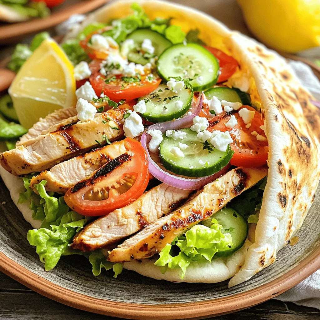 - 1.5 lbs boneless, skinless chicken thighs - 3 tablespoons olive oil - 2 tablespoons Greek yogurt - 2 tablespoons lemon juice - 3 cloves garlic, minced - 2 teaspoons dried oregano - 1 teaspoon paprika - Salt and pepper to taste - 4 pita breads - 1 cup diced tomatoes - 1 cucumber, sliced - 1/2 red onion, thinly sliced - 1 cup shredded lettuce - Optional: Feta cheese, tzatziki sauce For olive oil, choose a top-quality brand. This really enhances the taste. For Greek yogurt, popular brands like Fage or Chobani give great flavor and texture. Both add creaminess to your gyros. If you want a change, use chicken breast instead of thighs. You can also try tofu for a plant-based option. For a vegan tzatziki, substitute Greek yogurt with coconut yogurt or cashew yogurt. This keeps the dish tasty while meeting dietary needs. For the full recipe, check out [Full Recipe]. To make the marinade, start by taking a large bowl. Combine these ingredients in the bowl: - 3 tablespoons olive oil - 2 tablespoons Greek yogurt - 3 cloves garlic, minced - 2 teaspoons dried oregano - 1 teaspoon paprika - Salt and pepper to taste Whisk everything together until it is smooth and well mixed. This marinade adds great flavor to the chicken. Now, let’s marinate the chicken. You will need: - 1.5 lbs boneless, skinless chicken thighs Add the chicken to the bowl with the marinade. Make sure all pieces are covered. Cover the bowl with plastic wrap or a lid. Let it sit in the fridge for at least 30 minutes. If you have time, let it marinate for up to 2 hours. This will give the chicken more flavor and tenderness. Now it's time to cook the chicken. You can use a grill or a skillet. Preheat your grill or skillet over medium-high heat. Remove the chicken from the marinade and throw away the marinade. Cook the chicken for about 6-8 minutes on each side. Look for a nice golden brown color. To check if the chicken is done, cut into a piece. The inside should not be pink and the juices should run clear. Once cooked, let the chicken rest for about 5 minutes before slicing it. This helps keep it juicy. To assemble your gyros, you will need: - 4 pita breads - 1 cup diced tomatoes - 1 cucumber, sliced - 1/2 red onion, thinly sliced - 1 cup shredded lettuce - Feta cheese, crumbled (optional) - Tzatziki sauce for serving Warm the pita breads on the grill or in a pan for a minute. Now, take a pita and place some sliced chicken in the center. Top it with diced tomatoes, cucumber slices, red onion, and shredded lettuce. If you like, sprinkle some crumbled feta cheese on top. Drizzle with tzatziki sauce. Wrap the pita around the fillings and serve right away. For a nice touch, serve on a plate with extra tzatziki sauce for dipping. A sprinkle of oregano and some lemon wedges can add freshness too. Enjoy your meal! For the full recipe, check out the Easy Chicken Gyros section. To keep chicken juicy, marinate it well. Use the mix of olive oil, Greek yogurt, and spices. This adds flavor and moisture. Also, don’t skip resting the chicken after cooking. This lets the juices settle. To avoid overcooking, use a meat thermometer. Chicken should reach 165°F. Cook it for about 6-8 minutes on each side. If you notice it getting dry, take it off the heat right away. Chicken gyros pair well with simple sides. Greek salad or roasted vegetables complement the meal. You can also serve it with crispy fries for a fun twist. For drinks, try a light white wine like Sauvignon Blanc. A refreshing lemonade or iced tea can also work great. These drinks balance the flavors of the gyros. Marinate the chicken the night before. This makes for quick meals during busy weeknights. Store the marinated chicken in the fridge for up to 2 hours for the best taste. You can make tzatziki sauce ahead of time too. Mix Greek yogurt with cucumber, garlic, and herbs. Store it in the fridge for up to three days. It tastes even better after the flavors meld together. For the full recipe, check out the Easy Chicken Gyros. {{image_2}} You can change the protein in your gyros for a new taste. Try different meats like beef or lamb. Shrimp also makes a great option. For a vegetarian choice, use grilled veggies or chickpeas. You can even make it vegan with tofu or tempeh. The key is to keep the flavors bold and delicious. Toppings can change the whole meal. Instead of the usual toppings, think outside the box. Add spicy jalapeños for heat or creamy avocado for richness. You can also try new sauces. Harissa gives a spicy kick, while hummus adds a smooth texture. Don't be afraid to mix and match until you find your favorite combo! Want to bring in new flavors? Look to other cuisines for inspiration. You can make Asian-style gyros with soy sauce, ginger, and sesame oil. This twist adds a whole new layer of taste to your meal. Each variation brings something unique to the table, so have fun exploring! For all the details on making the perfect chicken gyros, check out the Full Recipe. To keep your chicken gyros fresh, store them in an airtight container. Place the cooked chicken and veggies separately from the pita. This helps prevent sogginess. Place the leftover chicken in the fridge within two hours of cooking. It will stay good for up to three days. Always check for any signs of spoilage before eating. If you want to keep chicken gyros longer, freezing is a great option. Wrap the cooked chicken tightly in plastic wrap, then place it in a freezer bag. Label it with the date. You can freeze the chicken for up to three months. However, avoid freezing the veggies and pita, as they don’t thaw well. When you’re ready to enjoy your leftovers, reheating properly is key. Use the oven or stovetop to keep the chicken juicy. For the oven, preheat it to 350°F. Place the chicken in a baking dish with a splash of water. Cover it with foil and heat for about 15 minutes. On the stovetop, use a skillet over low heat. Add a splash of water, cover, and heat until warm. Avoid the microwave, as it often dries out the chicken. To keep your chicken juicy, marinate it well. Use a mix of olive oil, Greek yogurt, lemon juice, garlic, and spices. This adds flavor and moisture. Marinate for at least 30 minutes. If you have time, go for two hours for the best results. When cooking, use medium-high heat. Cook the chicken for about 6-8 minutes on each side. Check that it reaches 165°F to ensure it’s fully cooked. Letting it rest for 5 minutes after cooking helps the juices settle. Yes, you can adapt this recipe for a slow cooker. First, marinate your chicken as usual. Then, place it in the slow cooker with some of the marinade. Cook on low for about 6 hours or high for 3 hours. This method will give you super tender chicken. Just shred it before serving in pita bread with your favorite toppings. Making tzatziki sauce is simple. Start with 1 cup of Greek yogurt. Add 1 grated cucumber, drained well, to remove excess water. Mix in 2 teaspoons of minced garlic, 1 tablespoon of lemon juice, and a pinch of salt. For extra flavor, add chopped fresh dill or mint. Stir everything together and let it sit for 30 minutes. This helps the flavors blend. Yes, you can reheat leftover chicken gyros. The best method is to use a skillet. Heat it on medium-low and add a splash of water. Cover it to steam the chicken a bit. This keeps it moist. You can also use the microwave. Heat it in short bursts, around 30 seconds. Check often to avoid drying it out. Enjoy your tasty leftovers! For the complete recipe, check out the Easy Chicken Gyros. This blog post covered all you need to make tasty chicken gyros. We discussed key ingredients, marinating tips, and cooking methods. You learned how to customize your gyros with different proteins and toppings. I shared storage advice and answered common questions too. Enjoy making your own gyros at home. With practice, you'll create a dish that impresses everyone. Now, it's time to gather your ingredients and get cooking!