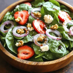 - 4 cups fresh baby spinach - 1 cup strawberries - 1/2 cup feta cheese - 1/4 cup red onion - 1/4 cup walnuts - 3 tablespoons balsamic vinaigrette - Salt and pepper to taste To create a Simple Spinach Strawberry Salad, you need some fresh produce. Start with four cups of fresh baby spinach. This leafy green provides a vibrant base. Next, add one cup of strawberries. Make sure they are ripe and sweet. These berries bring a burst of flavor. Then, it’s time for some tasty add-ons. Crumble half a cup of feta cheese over the salad. This cheese adds a creamy texture that pairs well with the spinach and strawberries. Slice a quarter cup of red onion thinly. This ingredient adds a nice crunch and a bit of sharpness. Finally, toss in a quarter cup of walnuts. They give the salad a delightful crunch and extra protein. For the dressing, use three tablespoons of balsamic vinaigrette. This dressing adds a tangy flavor to the salad. Finish with a sprinkle of salt and pepper to taste. This Simple Spinach Strawberry Salad is fresh, bright, and full of flavor. You can find the Full Recipe to guide you through making it perfectly! To make this salad, start by grabbing a large bowl. Add 4 cups of fresh baby spinach. Next, add 1 cup of hulled and sliced strawberries. The sweet strawberries pair well with the fresh spinach. Now, sprinkle 1/2 cup of crumbled feta cheese on top. Then, add 1/4 cup of thinly sliced red onion. This mix creates a bright and tasty base. Now it’s time to add some crunch. Sprinkle 1/4 cup of roughly chopped walnuts over the salad. This adds a nice texture. Next, drizzle 3 tablespoons of balsamic vinaigrette across the top. The vinaigrette gives a tangy flavor that works well with the other ingredients. To finish, season your salad with salt and pepper to taste. This simple step enhances all the flavors. Then, gently toss everything together until well combined. Enjoy your Simple Spinach Strawberry Salad fresh for the best taste. You can find the Full Recipe for more details. To make your Simple Spinach Strawberry Salad shine, start with fresh ingredients. When selecting strawberries, look for bright red berries. They should feel firm and smell sweet. Avoid any that are mushy or have dark spots. For the spinach, choose baby leaves. They should be vibrant green and crisp. Rinse the spinach under cold water to remove dirt. Dry it gently with a clean towel or use a salad spinner. This keeps your salad fresh and crunchy. Serve your salad right after making it for the best taste. If you let it sit too long, the spinach wilts. If you want a chilled salad, refrigerate it for about 15 to 30 minutes. This cools the flavors and makes it refreshing. To boost the taste of your salad, try adding a pinch of salt and pepper. This simple step brings out the flavors of the spinach and strawberries. You can also add a squeeze of fresh lemon juice for a zesty twist. If you want to change things up, try different dressings. A honey mustard vinaigrette or a creamy yogurt dressing works great. These options add a new layer of flavor to your salad. For the full recipe, check out the Simple Spinach Strawberry Salad 🥬 recipe. {{image_2}} You can make this salad even better by adding more fruits. Try mixing in other berries like blueberries or raspberries. They will add a nice pop of color and taste. You can also slice up an apple or cucumber. Both will give a fresh crunch. Apples bring sweetness, while cucumbers add a cool bite. These fruits and veggies make your salad fun and colorful. Want to make your salad heartier? Add protein for a filling meal. Grilled chicken or shrimp works great on top. They pair well with the sweet strawberries. If you want a vegetarian option, quinoa is perfect. It adds protein and fiber. Just cook it ahead of time and toss it in. Each of these options makes your salad a complete dish. You can easily change the salad to fit your needs. For lower calories, swap out the dressing. Use a light vinaigrette or even lemon juice. These options keep the flavor without the extra calories. If you're vegan or want to skip the cheese, try using avocado instead of feta. It adds creaminess and healthy fats. These small changes help everyone enjoy this salad. For the full recipe, check out the Simple Spinach Strawberry Salad. To keep your salad fresh, use airtight containers. Glass or plastic containers work well. If you have a salad dressing, store it separately. This keeps the salad from getting soggy. When you are ready to eat, add the dressing right before serving. Your Simple Spinach Strawberry Salad lasts about 2 to 3 days in the fridge. Keep it in the best container to maintain freshness. Do not freeze this salad. Freezing can change the texture of the spinach and strawberries. If you have leftover spinach, you can use it in many ways. Add it to omelets for breakfast or stir it into soups. Leftover strawberries are great in smoothies or yogurt. You can also blend them into a fruity sauce. This way, nothing goes to waste, and you enjoy tasty snacks! To make a Simple Spinach Strawberry Salad, start with fresh baby spinach. You need about 4 cups. Then, add 1 cup of hulled and sliced strawberries. Next, crumble 1/2 cup of feta cheese over the top. Include 1/4 cup of thinly sliced red onion for a nice bite. Finally, sprinkle 1/4 cup of roughly chopped walnuts for crunch. Drizzle with 3 tablespoons of balsamic vinaigrette. Add salt and pepper to taste. Toss everything gently. Serve it fresh for the best flavor. For the complete steps, check the Full Recipe. Yes, you can prepare this salad in advance. Keep the spinach, strawberries, and feta cheese separate until serving. This way, they stay fresh and crisp. You can mix the walnuts and dressing in a small bowl. When you’re ready to eat, combine all the components. This method keeps each ingredient tasty and crunchy. If you want a change from balsamic vinaigrette, try other dressings. A simple lemon juice and olive oil mix works well. You can also use honey mustard dressing for a sweet touch. Another option is a creamy ranch dressing. Each of these adds a unique flavor to your salad. Try them out to find your favorite! This blog post shared the simple steps to make a delicious spinach-strawberry salad. You learned about fresh ingredients, their preparation, and ways to boost flavor. Tips on storing leftovers and creating variations also enhance your salad experience. Remember, fresh produce makes a big difference in taste. Enjoy trying new fruits, add proteins, and test different dressings. Salad can be fun and easy! Use this guide for a tasty meal or snack that’s good for you. Happy mixing!