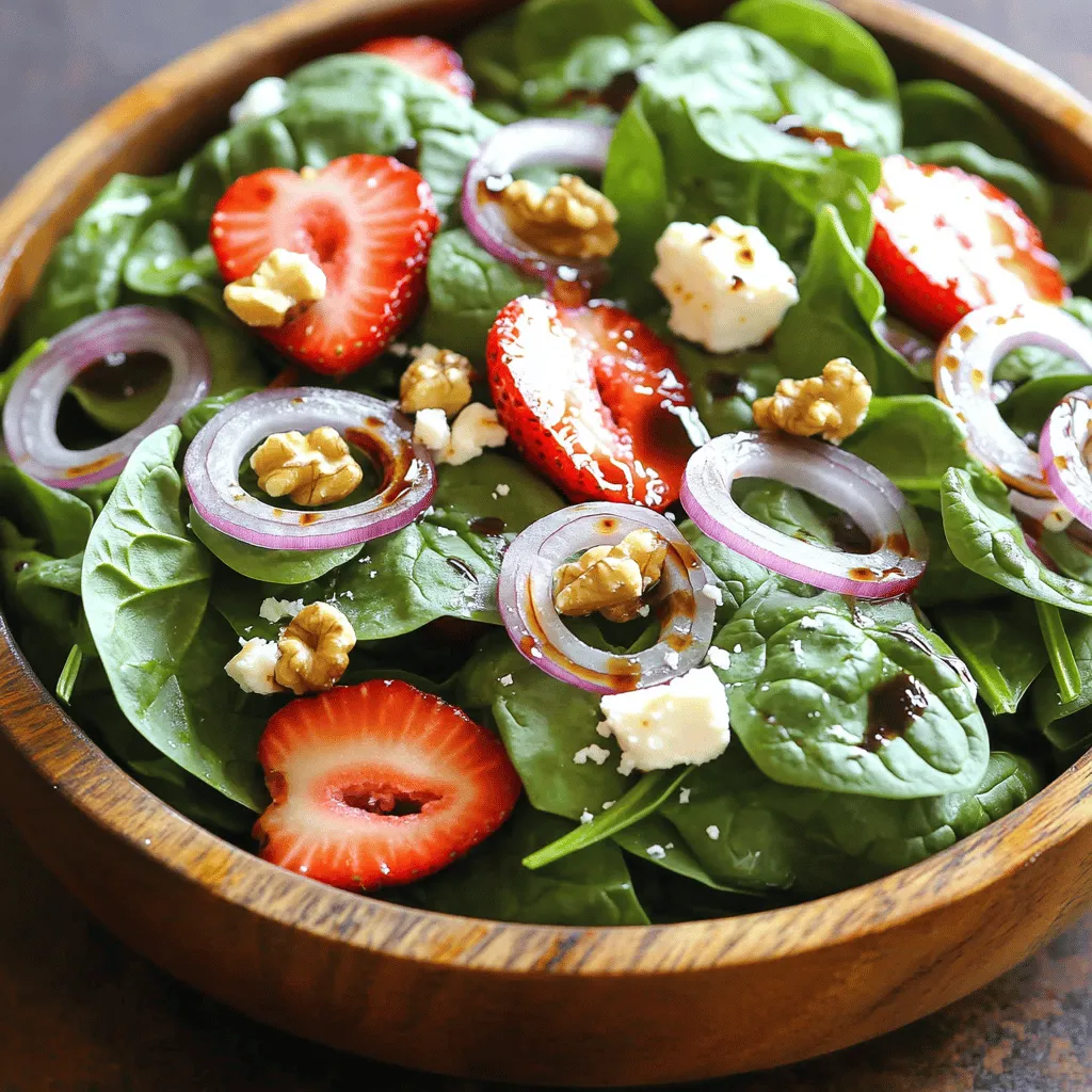 - 4 cups fresh baby spinach - 1 cup strawberries - 1/2 cup feta cheese - 1/4 cup red onion - 1/4 cup walnuts - 3 tablespoons balsamic vinaigrette - Salt and pepper to taste To create a Simple Spinach Strawberry Salad, you need some fresh produce. Start with four cups of fresh baby spinach. This leafy green provides a vibrant base. Next, add one cup of strawberries. Make sure they are ripe and sweet. These berries bring a burst of flavor. Then, it’s time for some tasty add-ons. Crumble half a cup of feta cheese over the salad. This cheese adds a creamy texture that pairs well with the spinach and strawberries. Slice a quarter cup of red onion thinly. This ingredient adds a nice crunch and a bit of sharpness. Finally, toss in a quarter cup of walnuts. They give the salad a delightful crunch and extra protein. For the dressing, use three tablespoons of balsamic vinaigrette. This dressing adds a tangy flavor to the salad. Finish with a sprinkle of salt and pepper to taste. This Simple Spinach Strawberry Salad is fresh, bright, and full of flavor. You can find the Full Recipe to guide you through making it perfectly! To make this salad, start by grabbing a large bowl. Add 4 cups of fresh baby spinach. Next, add 1 cup of hulled and sliced strawberries. The sweet strawberries pair well with the fresh spinach. Now, sprinkle 1/2 cup of crumbled feta cheese on top. Then, add 1/4 cup of thinly sliced red onion. This mix creates a bright and tasty base. Now it’s time to add some crunch. Sprinkle 1/4 cup of roughly chopped walnuts over the salad. This adds a nice texture. Next, drizzle 3 tablespoons of balsamic vinaigrette across the top. The vinaigrette gives a tangy flavor that works well with the other ingredients. To finish, season your salad with salt and pepper to taste. This simple step enhances all the flavors. Then, gently toss everything together until well combined. Enjoy your Simple Spinach Strawberry Salad fresh for the best taste. You can find the Full Recipe for more details. To make your Simple Spinach Strawberry Salad shine, start with fresh ingredients. When selecting strawberries, look for bright red berries. They should feel firm and smell sweet. Avoid any that are mushy or have dark spots. For the spinach, choose baby leaves. They should be vibrant green and crisp. Rinse the spinach under cold water to remove dirt. Dry it gently with a clean towel or use a salad spinner. This keeps your salad fresh and crunchy. Serve your salad right after making it for the best taste. If you let it sit too long, the spinach wilts. If you want a chilled salad, refrigerate it for about 15 to 30 minutes. This cools the flavors and makes it refreshing. To boost the taste of your salad, try adding a pinch of salt and pepper. This simple step brings out the flavors of the spinach and strawberries. You can also add a squeeze of fresh lemon juice for a zesty twist. If you want to change things up, try different dressings. A honey mustard vinaigrette or a creamy yogurt dressing works great. These options add a new layer of flavor to your salad. For the full recipe, check out the Simple Spinach Strawberry Salad 🥬 recipe. {{image_2}} You can make this salad even better by adding more fruits. Try mixing in other berries like blueberries or raspberries. They will add a nice pop of color and taste. You can also slice up an apple or cucumber. Both will give a fresh crunch. Apples bring sweetness, while cucumbers add a cool bite. These fruits and veggies make your salad fun and colorful. Want to make your salad heartier? Add protein for a filling meal. Grilled chicken or shrimp works great on top. They pair well with the sweet strawberries. If you want a vegetarian option, quinoa is perfect. It adds protein and fiber. Just cook it ahead of time and toss it in. Each of these options makes your salad a complete dish. You can easily change the salad to fit your needs. For lower calories, swap out the dressing. Use a light vinaigrette or even lemon juice. These options keep the flavor without the extra calories. If you're vegan or want to skip the cheese, try using avocado instead of feta. It adds creaminess and healthy fats. These small changes help everyone enjoy this salad. For the full recipe, check out the Simple Spinach Strawberry Salad. To keep your salad fresh, use airtight containers. Glass or plastic containers work well. If you have a salad dressing, store it separately. This keeps the salad from getting soggy. When you are ready to eat, add the dressing right before serving. Your Simple Spinach Strawberry Salad lasts about 2 to 3 days in the fridge. Keep it in the best container to maintain freshness. Do not freeze this salad. Freezing can change the texture of the spinach and strawberries. If you have leftover spinach, you can use it in many ways. Add it to omelets for breakfast or stir it into soups. Leftover strawberries are great in smoothies or yogurt. You can also blend them into a fruity sauce. This way, nothing goes to waste, and you enjoy tasty snacks! To make a Simple Spinach Strawberry Salad, start with fresh baby spinach. You need about 4 cups. Then, add 1 cup of hulled and sliced strawberries. Next, crumble 1/2 cup of feta cheese over the top. Include 1/4 cup of thinly sliced red onion for a nice bite. Finally, sprinkle 1/4 cup of roughly chopped walnuts for crunch. Drizzle with 3 tablespoons of balsamic vinaigrette. Add salt and pepper to taste. Toss everything gently. Serve it fresh for the best flavor. For the complete steps, check the Full Recipe. Yes, you can prepare this salad in advance. Keep the spinach, strawberries, and feta cheese separate until serving. This way, they stay fresh and crisp. You can mix the walnuts and dressing in a small bowl. When you’re ready to eat, combine all the components. This method keeps each ingredient tasty and crunchy. If you want a change from balsamic vinaigrette, try other dressings. A simple lemon juice and olive oil mix works well. You can also use honey mustard dressing for a sweet touch. Another option is a creamy ranch dressing. Each of these adds a unique flavor to your salad. Try them out to find your favorite! This blog post shared the simple steps to make a delicious spinach-strawberry salad. You learned about fresh ingredients, their preparation, and ways to boost flavor. Tips on storing leftovers and creating variations also enhance your salad experience. Remember, fresh produce makes a big difference in taste. Enjoy trying new fruits, add proteins, and test different dressings. Salad can be fun and easy! Use this guide for a tasty meal or snack that’s good for you. Happy mixing!