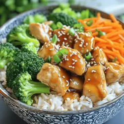 - 1 lb chicken breast, cut into bite-sized pieces - 1 cup jasmine rice - 2 cups water or chicken broth - 3 tablespoons soy sauce - 2 tablespoons honey - 1 tablespoon rice vinegar - 1 tablespoon sesame oil - 2 cloves garlic, minced - 1 teaspoon ginger, minced - 1 cup broccoli florets - 1 carrot, julienned - 2 green onions, chopped - Sesame seeds for garnish To make these easy teriyaki chicken bowls, you need simple, fresh ingredients. The chicken breast gives protein, while the jasmine rice adds a soft base. Water or chicken broth helps cook the rice to fluffy perfection. The teriyaki sauce is where the magic happens. Soy sauce brings the salty flavor. Honey adds sweetness, while rice vinegar gives a nice tang. Sesame oil adds a rich, nutty taste. Minced garlic and ginger bring fresh aroma and spice. For the veggies, I love broccoli and carrots. They add color and crunch. Green onions give a fresh finish, and sesame seeds give a nice texture. When you gather these ingredients, you get ready for a delicious meal that is quick to make and full of flavor. If you want the full recipe, check out the complete guide on how to put all these components together for a fantastic dinner! - Rinse jasmine rice under cold water. - Combine rice with water or chicken broth. To start, rinse the jasmine rice. This step washes away excess starch. It also helps the rice stay fluffy. Use a sieve for this task. Rinse until the water runs clear. Then, in a medium pot, add the rice to water or chicken broth. The broth adds rich flavor. Bring it to a boil over high heat. Once boiling, reduce the heat to low. Cover the pot and let it simmer for about 15 minutes. The rice will absorb all the liquid. After that, take it off the heat. Let it sit for another 5 minutes before fluffing with a fork. - Whisk sauce ingredients in a bowl. - Adjust flavors to taste. Next, we make the teriyaki sauce. In a small bowl, whisk together soy sauce, honey, rice vinegar, sesame oil, minced garlic, and ginger. This blend creates a sweet and savory sauce. Taste it to see if you like the balance. If you want it sweeter, add more honey. If you prefer a tangy flavor, add more vinegar. The sauce is key to our dish. - Cook chicken in skillet until browned. - Add broccoli and carrots. - Pour teriyaki sauce and stir. Now, heat a large skillet over medium-high heat. If needed, add a splash of oil. This helps prevent sticking. Next, add the chicken pieces. Cook them for about 5 to 7 minutes. Keep stirring to brown them well. Once the chicken is cooked, add the broccoli and carrots. Pour the teriyaki sauce over the mix. Stir everything well to coat. Cook for another 3 to 4 minutes. The broccoli should turn bright green and crisp. - Spoon rice into bowls. - Top with chicken and vegetable mixture. - Garnish for extra flavor. Finally, it’s time to serve. Spoon a generous amount of rice into each bowl. Then, top the rice with the chicken and vegetable mixture. This creates a colorful dish. For the finishing touch, sprinkle chopped green onions and sesame seeds on top. This adds a nice crunch and extra flavor. You can find the complete preparation in the Full Recipe. - Cook chicken to an internal temperature of 165°F. - Use medium heat to avoid burning. - Let chicken rest for a few minutes after cooking. Keeping chicken tender and juicy is key. You can marinate it in the teriyaki sauce for 30 minutes. This adds flavor and moisture. When cooking, stir often to ensure even cooking. You can cook rice on the stovetop or in a rice cooker. Both methods work well. - For stovetop: Bring water to a boil, then simmer. - For rice cooker: Simply follow the machine's instructions. For fluffier rice, rinse jasmine rice before cooking. This removes excess starch. After cooking, let the rice sit covered for a bit. Fluff it with a fork for the best texture. You can add spices or chili for heat. Try red pepper flakes or fresh jalapeños. These add a nice kick! Feel free to substitute ingredients based on your taste. You can use low-sodium soy sauce for less salt. Try adding pineapple chunks for a sweet twist. This makes your teriyaki chicken bowls even more exciting! For the full recipe, check out the Sweet & Savory Teriyaki Chicken Bowls. {{image_2}} You can change things up by using tofu or shrimp instead of chicken. Tofu absorbs flavors well, making it a great option for a vegetarian dish. Simply cut it into cubes and cook it until golden. Shrimp cooks fast and adds a nice texture. Use about 1 pound of shrimp, and sauté until they turn pink. You can also try different meats like beef. Thinly slice flank steak, marinate it, and cook it for a tasty twist. Seasonal vegetables are a fun way to make your teriyaki bowls special. Try adding bell peppers, snow peas, or snap peas for some crunch. You can also use zucchini or asparagus when they are in season. For more greens, toss in spinach or kale right before serving. The heat will wilt them nicely without losing their color. If you want to change the flavor of your teriyaki bowls, try different sauces. You can use hoisin sauce for a sweet, rich taste. For a unique twist, add sriracha for some heat, or mix in pineapple juice for a fruity flavor. Sweet and spicy variations can include chili flakes or fresh jalapeños. Experimenting with these sauces will keep your meals exciting and new. For the full recipe, check out the original guide. To keep your teriyaki chicken bowls fresh, store leftovers in the fridge. Use airtight containers to prevent moisture loss. Divide the chicken, rice, and veggies into separate containers. This way, each part stays tasty. Refrigerate them within two hours of cooking to keep food safe. When you reheat teriyaki chicken, aim for the best texture. The microwave is quick but may dry out your food. To use the microwave, cover your bowl with a damp paper towel. Heat in short bursts, stirring in between until warm. For the stovetop, use a non-stick skillet over medium heat. Add a splash of water to keep it moist. Stir frequently until everything is hot. Yes, you can freeze teriyaki chicken bowls! This is great for meal prep. To freeze, let the food cool completely. Pack it in freezer-safe bags or containers. Remove as much air as possible. When you want to eat, thaw in the fridge overnight. Reheat using the stovetop or microwave for the best results. To make teriyaki chicken from scratch, you need some key steps. First, you will cook the chicken in a skillet. Use bite-sized pieces for quicker cooking. Then, make the teriyaki sauce by mixing soy sauce, honey, rice vinegar, sesame oil, minced garlic, and ginger in a bowl. Pour this sauce over the cooked chicken. Stir well to coat the chicken with the sauce. Add vegetables like broccoli and carrots to the skillet. Cook until the veggies are tender. Serve this mix over jasmine rice for a complete meal. You can serve teriyaki chicken bowls with a few tasty side dishes. Try steamed edamame or a simple cucumber salad for a fresh crunch. You can also add pickled ginger for some zing. If you love heat, a spicy dipping sauce pairs well too. For more flavor, drizzle some extra teriyaki sauce on top. Easy teriyaki chicken bowls last about three to four days in the fridge. Store them in an airtight container to keep them fresh. Check for signs of spoilage, like a sour smell or changes in color. If you see these, it’s best to throw them away. Easy teriyaki chicken bowls are simple to make at home. We covered the ingredients, step-by-step instructions, and helpful tips. Each bowl is tasty, healthy, and customizable. You can switch proteins or veggies based on your favorites. Remember to store leftovers properly to keep them fresh. Enjoy these bowls for lunch or dinner! With this recipe, you will impress your family and friends. Happy cooking!