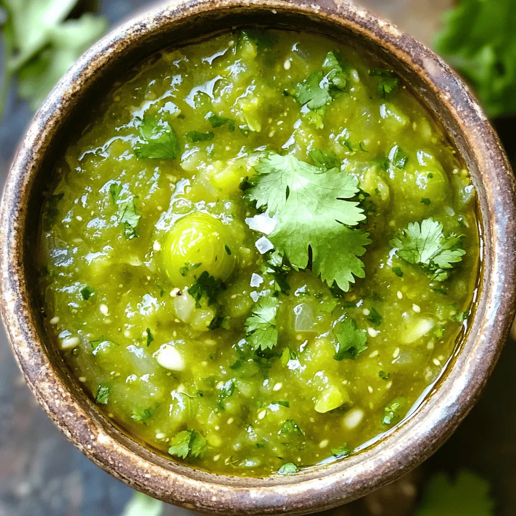 To make your salsa verde, gather these key items: - 6 tomatillos, husked and rinsed - 1 jalapeño, halved and seeds removed - 1 small white onion, quartered - 2 cloves garlic, whole - 1/2 cup fresh cilantro leaves - 2 tablespoons lime juice - Salt to taste These ingredients create a fresh and zesty flavor in your salsa verde. Tomatillos give it a tangy base, while jalapeños add heat. The onion and garlic enhance the depth of flavor. Fresh cilantro adds brightness, and lime juice gives it a nice zing. You can also try these optional items for a twist: - Avocado for creaminess - Additional peppers for heat - Spices like cumin or oregano Adding avocado makes a smooth, creamy salsa. More peppers can kick up the heat. Cumin or oregano can bring in warm notes. Feel free to mix and match to find your perfect flavor! 1. Preheat your oven to 400°F (200°C). This step helps to get that perfect roasted flavor. 2. Gather your ingredients: tomatillos, jalapeño, onion, and garlic. Husk and rinse the tomatillos. 3. Place the tomatillos, jalapeño, onion, and whole garlic cloves on a baking sheet. 4. Roast them in the oven for about 15-20 minutes. You want the tomatillos to blister and char slightly. 5. After roasting, let them cool for a few minutes. This makes blending easier. 6. Transfer the roasted ingredients to a blender. Add the fresh cilantro leaves and lime juice. 1. Blend until you get your desired texture. You can keep it smooth or make it chunky. 2. Taste your salsa and add salt. Start with a little and adjust as needed. 3. For extra flavor, chill the salsa in the fridge for about 30 minutes before serving. This method lets you enjoy a vibrant, zesty salsa verde that pairs well with many dishes. For the full recipe, check out the details above. To make your salsa verde even better, try adding herbs and spices. Fresh oregano gives a nice touch. You can also add a pinch of cumin for warmth. If you like it fresh, toss in more cilantro. For a unique twist, consider adding a bit of lime zest. Roasting your ingredients is key to great flavor. Make sure to watch them closely. You want them blistered but not burnt. This adds a smoky taste that brightens the salsa. Place your tomatillos and jalapeño on a baking sheet. Roast them at 400°F for 15-20 minutes. Let them cool a bit before blending. One common mistake is over-roasting the ingredients. If they burn, they will make your salsa taste bitter. Keep an eye on the oven and check them often. You want a nice char, not a blackened mess. Another mistake is not adjusting the heat level. Jalapeños can vary in spice. Always taste the salsa before serving. If it's too hot, add more tomatillos. If it's too mild, try another jalapeño. Adjust to your taste for the best outcome. For more tips and tricks, check out the Full Recipe. {{image_2}} Roasting ingredients brings out their natural sweetness. It adds a smoky taste that elevates your salsa. When you roast tomatillos and peppers, they become tender and flavorful. This method creates a rich base for your salsa. Alternatively, you can make raw salsa verde. Blend fresh tomatillos, jalapeños, and herbs for a bright, zesty flavor. Raw salsa is fresher and perfect for a hot day. You can customize your salsa verde by adding fruits. Try peaches or mangoes for a sweet twist. These fruits balance the heat of the peppers. You can also change the heat level by using different peppers. Use serrano peppers for more heat or bell peppers for a mild taste. This flexibility helps you create a salsa that suits your palate perfectly. For the full recipe, check out the Zesty Homemade Salsa Verde. You can use salsa verde in many tasty ways. One great option is as a topping for tacos and burritos. The bright, zesty flavors really boost these dishes. Just spoon it right on top, and enjoy! Another fun way to serve salsa verde is with chips or grilled meats. The cool, fresh taste pairs well with crispy chips. It also adds a punch of flavor when drizzled over chicken or steak. This makes every bite delicious. You can get creative with salsa verde, too! One idea is to mix it into guacamole. This adds a new layer of flavor that is both zesty and creamy. Just fold it in gently, and you have a great dip. Another fun use is drizzling salsa verde over grilled vegetables. It brightens up roasted peppers, zucchini, or corn. The fresh taste makes your veggies even more appealing. These ideas will help you enjoy your homemade salsa verde in new and exciting ways! Homemade salsa verde can last about 5 to 7 days in the fridge. To keep it fresh, store it in an airtight container. Make sure to press plastic wrap against the salsa surface before sealing the lid. This helps reduce air exposure and keeps the flavors bright. Yes, you can freeze homemade salsa verde! First, let it cool completely. Then, pour the salsa into freezer-safe bags or containers. Remove as much air as you can before sealing. Label the bags with the date. To thaw, place the salsa in the fridge overnight or run the bag under cold water. If you can't find tomatillos, you can use green tomatoes or unripe regular tomatoes. These will give a similar tangy taste. You could also try using a mix of green bell peppers and lime juice for a different flavor. These alternatives may change the taste, but they still work well in salsa recipes. Salsa verde is a simple, tasty dish you can make at home. We covered key ingredients, like tomatillos and jalapeños, and how to prepare them by roasting and blending. You learned ways to adjust the flavor and texture, plus some creative variations. Remember to guard against common mistakes. Use salsa verde as a topping, dip, or mix into other dishes. Enjoy exploring your flavors and serving options. Each bite can bring a new experience, making your meals even better!