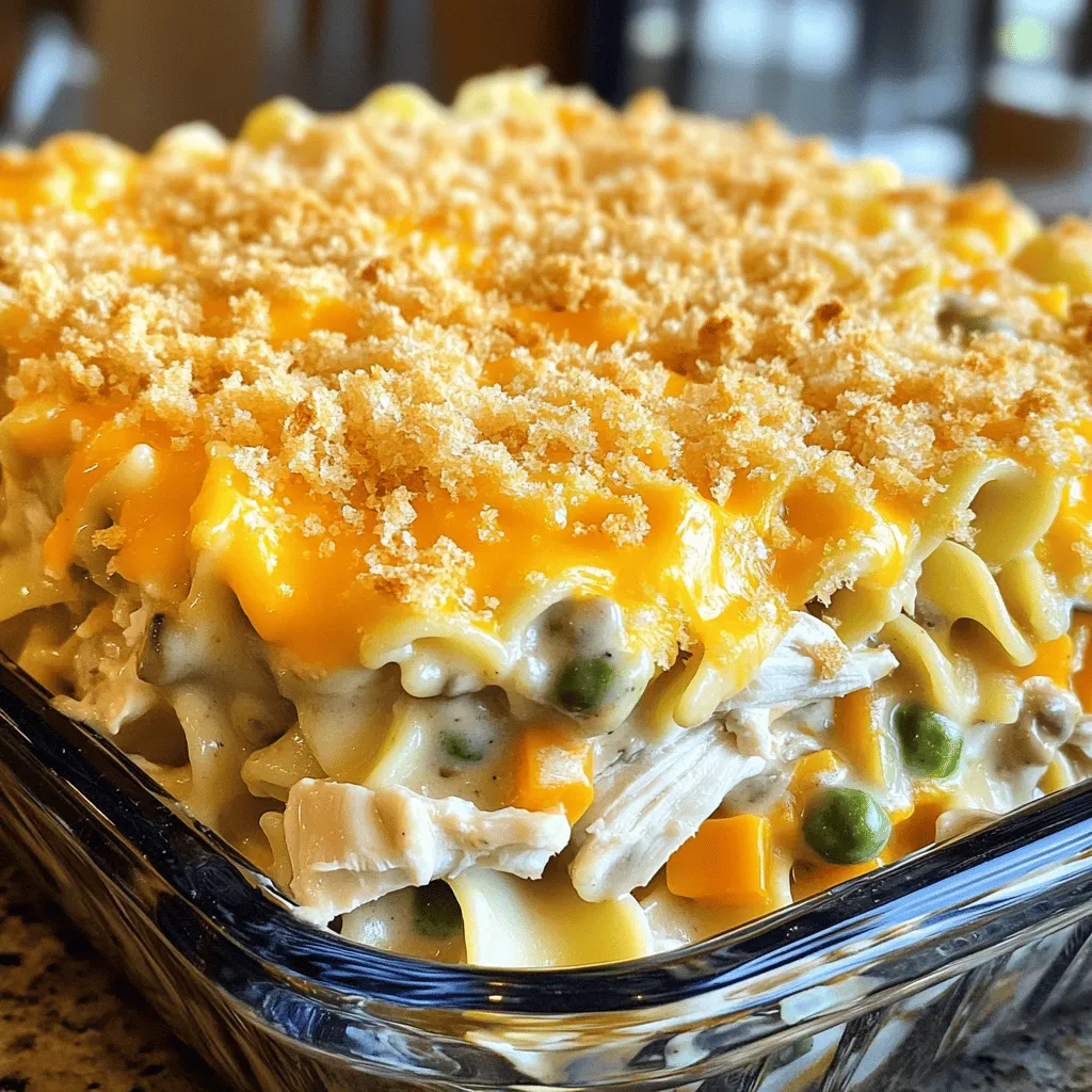 To make a classic chicken noodle casserole, gather these fresh ingredients: - 2 cups cooked chicken, shredded - 2 cups egg noodles - 1 can (10.5 oz) cream of mushroom soup - 1 cup sour cream - 1 cup frozen mixed vegetables (peas, corn, and carrots) - 1 cup shredded cheddar cheese - 1 teaspoon garlic powder - ½ teaspoon onion powder - ½ teaspoon black pepper - ½ teaspoon salt - ½ cup breadcrumbs (optional, for topping) - 2 tablespoons olive oil or melted butter (optional, for bread topping) These simple ingredients create a dish that warms the heart. The cooked chicken adds protein and flavor. The egg noodles give the casserole its base. Cream of mushroom soup and sour cream make it rich and creamy. Mixed vegetables provide color and nutrients. Finally, the cheese and optional breadcrumb topping add a delightful crunch. With the right balance of flavors, this casserole becomes a family favorite. You can always customize it with your preferred veggies or spices. For the full recipe, refer to Classic Chicken Noodle Casserole. - Preheat your oven to 350°F (175°C). - Cook egg noodles according to package instructions. Start by preheating your oven. This step ensures a nice, even bake. While the oven heats, cook the egg noodles. Follow the package directions for timing. You want them al dente since they will continue cooking in the oven. Drain and set aside. - In a large mixing bowl, combine chicken, egg noodles, cream of mushroom soup, sour cream, and mixed vegetables. - Season with garlic powder, onion powder, black pepper, and salt. In a big bowl, mix the cooked chicken and egg noodles. Then, add the cream of mushroom soup and sour cream. These creamy ingredients make the dish rich and smooth. Toss in the mixed veggies for color and nutrition. Finally, sprinkle in garlic powder, onion powder, black pepper, and salt. Stir well until everything is mixed evenly. - Transfer mixture to a greased casserole dish. - Add shredded cheddar cheese and optional breadcrumb topping. - Cover with foil and bake, then uncover for final baking. Now, take a greased casserole dish and transfer the mixture into it. Spread it out so it cooks evenly. Next, sprinkle the shredded cheddar cheese on top. If you want a crunchy topping, mix breadcrumbs with a bit of olive oil or melted butter and add that too. Cover the dish with foil and bake it for 25 minutes. After that, remove the foil and let it bake for another 15 minutes. This step helps the cheese turn golden and bubbly. Enjoy the delightful aroma filling your kitchen! For the full recipe, check out the details provided above. To get the best texture, cook the noodles just a bit less than usual. This keeps them firm and helps them hold up in the dish. You can also save time by using rotisserie chicken. It's already cooked, tender, and full of flavor. Fresh herbs can really brighten your casserole. Try adding parsley or thyme for a burst of freshness. You can also switch up the cheese. Different cheeses like mozzarella or pepper jack can give new tastes to your dish. Pair the casserole with a fresh green salad or some warm garlic bread. These sides add a nice crunch and flavor. You might also want to offer a favorite dipping sauce. It can add extra taste and make each bite even better. {{image_2}} You can easily change some ingredients in this dish. For a different taste, substitute cream of chicken soup for cream of mushroom. This swap gives a rich flavor. You can also replace frozen vegetables with fresh ones. Fresh veggies add great crunch and color to your casserole. If you need a gluten-free meal, use gluten-free noodles instead of regular ones. This keeps the dish tasty while meeting dietary needs. For a lighter version, swap sour cream with Greek yogurt. Greek yogurt gives a creamy texture with less fat. Want to spice things up? Add paprika or cayenne pepper for a little kick. These spices boost the flavor without overpowering it. You can also try different cheeses. Mozzarella or pepper jack can add a unique twist to your casserole. Each cheese brings its own character and richness. For the full recipe, check the main article to get started! Store leftovers in an airtight container in the refrigerator for up to 3 days. This method keeps your casserole fresh and tasty. When you want to eat it again, just take it out and enjoy. You can freeze an unbaked casserole for later use. Just thaw it in the fridge before baking. If you have a fully baked casserole, you can also freeze it. Make sure to wrap it well to keep air out. This way, it stays good for months. For the best results, reheat your casserole in the oven. This gives it a nice, warm texture. If you need a quicker option, use the microwave. Just cover it to keep the moisture in. This prevents it from drying out while heating. Yes, you can prepare the casserole and store it in the refrigerator overnight before baking. This makes it easy to have a warm meal ready after a busy day. Just cover it well with plastic wrap or foil to keep it fresh. When you're ready, bake it straight from the fridge. You may need to add a few extra minutes to the baking time. To make your casserole creamy, use enough of the right ingredients. Cream of mushroom soup and sour cream are key. They give the dish a rich, smooth texture. Make sure to mix them well with the other ingredients. You can also add a bit of chicken broth for extra creaminess if you prefer. If you don't have egg noodles, don't worry. You can use rice, quinoa, or different types of pasta instead. This gives you flexibility based on what you have at home. Just cook them according to the package instructions before mixing them into the casserole. Each option will bring a unique taste and texture to your dish. Try the full recipe for more details! This blog post showed how to make a tasty chicken noodle casserole. We covered ingredients, step-by-step instructions, and tips for flavor and texture. You learned about variations and storage options, plus answers to common questions. In the end, this dish is easy and adaptable. With simple changes, you can make it your own. Enjoy your cooking and the smiles it brings to your table!