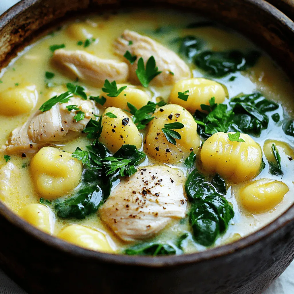 - 1 pound boneless, skinless chicken breast, diced - 1 tablespoon olive oil - 1 medium onion, finely chopped - 2 cloves garlic, minced - 4 cups chicken broth - 2 cups fresh spinach, roughly chopped - 16 ounces potato gnocchi - 1 cup heavy cream - 1 teaspoon dried thyme - Salt and pepper to taste - Fresh parsley, chopped (for garnish) When I set out to make this classic chicken gnocchi soup, I always start with fresh, high-quality ingredients. Each ingredient plays a role in building the rich and comforting flavors. The chicken adds protein and heartiness, while the broth gives depth. Fresh spinach not only adds color, but it also boosts nutrition. I love using potato gnocchi because it adds a wonderful texture. You can find it fresh or frozen, and it cooks so quickly. The heavy cream creates a silky smooth finish that makes every spoonful feel luxurious. I recommend chopping your onion and garlic finely. This helps them blend into the soup, adding flavor without overwhelming the dish. Don’t skip the parsley—its fresh bite at the end brings everything together beautifully. - Large pot - Wooden spoon - Measuring cups and spoons - Knife and cutting board With the right tools, the cooking process becomes smoother. A large pot is essential, as it allows for even cooking and space for all ingredients. A sturdy wooden spoon helps stir without scratching your pot. Make sure you have a sharp knife for chopping. It makes prep time faster and safer. With these tools, you can focus on creating a perfect bowl of classic chicken gnocchi soup. For the full recipe, check out the Comforting Chicken Gnocchi Delight . - Heat olive oil in a large pot. - Cook diced chicken until browned, about 5 minutes. First, you want to heat the olive oil in your pot. I like to use medium heat for this. Once the oil is warm, add your diced chicken. You want to give it space so it browns nicely. Stir it a bit, and in about five minutes, it should look golden and cooked. Take the chicken out and set it aside. - Sauté onions in the same pot until translucent. - Add minced garlic and cook until fragrant. Next, in the same pot, toss in your chopped onion. Let it sauté until it turns translucent, which takes about three to four minutes. This step builds a great flavor base. Then, add the minced garlic. Stir it for about a minute. You will smell that lovely aroma filling your kitchen! - Stir in the chicken broth and bring to a simmer. - Add cooked chicken and dried thyme, simmer for 10 minutes. Now, pour in the chicken broth, and bring everything to a gentle simmer. Then, add the chicken back in along with the dried thyme. Let this simmer for around ten minutes. This step allows all those flavors to blend together. - Incorporate potato gnocchi and cook until they float, about 2-3 minutes. After simmering, it’s time for the gnocchi! Add them to the pot and cook until they float. This usually takes about two to three minutes. Floating gnocchi means they are ready. This part of the process makes the soup hearty and filling. - Reduce heat, stir in heavy cream. - Fold in chopped spinach and adjust seasoning to taste. Finally, lower the heat and stir in the heavy cream. This adds richness to your soup. Fold in the chopped spinach and let it cook for a few more minutes until the spinach wilts. Before serving, taste your soup. Adjust the salt and pepper if needed. Your hearty bowl of chicken gnocchi soup is ready to enjoy! For the complete process, check the Full Recipe. To make the best chicken gnocchi soup, focus on texture. First, ensure you do not overcook the gnocchi. They are done when they float to the top, usually in just a few minutes. Overcooked gnocchi can become mushy, ruining the dish. Next, when adding heavy cream, use low heat. This helps prevent curdling. Pour it in slowly and stir gently. This keeps the cream smooth and rich, adding a lovely texture to your soup. Flavor is key to a great soup. I suggest adding fresh herbs like rosemary or basil. These herbs can brighten the dish and add depth. You can also experiment with spices. Crushed red pepper flakes give a nice kick. Taste as you go to find what you enjoy most. There are some common mistakes that can affect your soup. First, do not skip sautéing the onions and garlic. This step builds a strong flavor base. If you skip it, your soup may taste flat. Another mistake is adding spinach too early. If you add it at the start, it might wilt and become soggy. Instead, fold it in near the end. This keeps the spinach vibrant and fresh. Following these tips will help you create a hearty and flavorful bowl of chicken gnocchi soup. For a complete guide, check out the Full Recipe. {{image_2}} You can easily make this soup lighter. Substitute heavy cream with half-and-half or milk. This change keeps the creaminess while cutting calories. If you're looking to lower carbs, try using cauliflower gnocchi instead of the regular potato variety. It tastes great and is a healthy twist. Want to boost nutrition? Incorporate vegetables like carrots or celery. They add color and a nice crunch. You can also add mushrooms. They bring an earthy flavor that pairs well with chicken and gnocchi. Both options make your soup more filling and delicious. If you want to switch proteins, you have choices. Swap chicken for turkey or use shredded rotisserie chicken for convenience. For a vegetarian version, try tofu or chickpeas. Both options provide protein and make the soup satisfying. These swaps can bring new flavors and textures to your bowl. Store leftover soup in an airtight container. This keeps it fresh and safe to eat. Place it in the fridge and use it within 3-4 days. If you want to enjoy it later, freezing is a great option. Freeze the soup in individual portions. This makes reheating easy and quick. It tastes best if you eat it within 1-2 months of freezing. Be sure to label your containers with the date! Reheat on the stove for the best results. Stir in a little water if it is too thick. If you use a microwave, heat in short intervals. Stir well between each interval to ensure even heating. Yes, it can be made ahead of time and stored. The soup keeps well in the fridge. Just let it cool before sealing it in a container. It tastes great even after a few days. Standard gnocchi is made from potato and flour. If you need a gluten-free option, look for brands that use rice flour or other gluten-free ingredients. Many stores offer these special types. To thicken the soup, add more heavy cream or a cornstarch slurry. Mix one tablespoon of cornstarch with a little cold water, then stir it into the soup. It will help create a nice, thick texture. Pair with crusty bread or a simple side salad for a complete meal. Fresh bread soaks up the soup well and adds a nice crunch. A salad can bring some freshness to the meal. Reheat gently on the stovetop and avoid boiling. This way, the flavors remain intact. Stir occasionally so it heats evenly. If it thickens too much, add a splash of broth to loosen it up. This chicken gnocchi soup is simple and tasty. You've seen the key ingredients and steps to make it. The tips and variations let you customize the soup to suit your taste. With good storage methods, you can enjoy it later. Whether you make it for a cozy night or a gathering, it will please everyone. Rely on these instructions to create a warm and comforting dish. Enjoy every spoonful, and don't forget to share it with others!