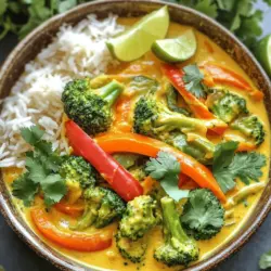To make a tasty Easy Thai Coconut Veggie Curry, gather these fresh ingredients: - 1 tablespoon coconut oil - 1 onion, finely chopped - 3 garlic cloves, minced - 1 tablespoon ginger, grated - 1 red bell pepper, sliced - 1 cup broccoli florets - 1 cup carrots, sliced - 1 zucchini, diced - 1 can (400 ml) coconut milk - 2 tablespoons red curry paste - 2 tablespoons soy sauce - 1 tablespoon maple syrup (or honey) - 1 lime, juiced - Fresh cilantro, for garnish - Salt and pepper to taste These ingredients mix together to create a rich and creamy dish. Each one adds its own unique taste. Sometimes, you may not have all the ingredients. Here are some easy swaps: - Coconut oil: Use olive oil or vegetable oil instead. - Coconut milk: Almond milk or soy milk can work, but your curry will taste different. - Red curry paste: Green curry paste can be a good substitute. It may taste a bit spicier. - Maple syrup: Honey or agave syrup can replace maple syrup for sweetness. These substitutes help keep your curry delicious, even if you’re missing something. To make this curry, you will need a few basic tools: - A large pot or skillet for cooking - A cutting board for chopping veggies - A sharp knife for easy slicing - Measuring spoons for accurate amounts - A wooden spoon for stirring Having these tools ready will make your cooking process smooth and fun. You can find the full recipe in the Easy Thai Coconut Veggie Curry section. Enjoy cooking! To make this Easy Thai Coconut Veggie Curry, start by gathering your ingredients. This recipe is simple and quick. First, take a large pot or skillet. Heat the coconut oil on medium heat. Add the finely chopped onion. Sauté the onion for about 3-4 minutes until it softens. Next, add the minced garlic and grated ginger. Cook these for 1-2 minutes until they smell great. Now, it’s time for the veggies! Add the sliced red bell pepper, broccoli florets, sliced carrots, and diced zucchini to the pot. Stir-fry them for around 5-7 minutes. You want them to be bright and slightly tender. Once that’s done, pour in the coconut milk. Add the red curry paste next. Stir the mixture well to blend the flavors. After mixing, pour in the soy sauce and maple syrup. Let the curry simmer on low heat for 10-15 minutes. This helps all the flavors mix well and makes the veggies tender. When it’s ready, squeeze in the lime juice and season with salt and pepper to taste. - Heating oil and onions: 3-4 minutes - Cooking garlic and ginger: 1-2 minutes - Stir-frying vegetables: 5-7 minutes - Simmering curry: 10-15 minutes Total time for this dish is about 30 minutes from start to finish. It’s perfect for a busy night! - Sautéing: Make sure not to burn the garlic. Stir it well! - Vegetable choice: Feel free to mix in your favorite veggies. - Simmering: Keep an eye on the heat. Low and slow is best. - Taste test: Always taste and adjust seasoning before serving. This Easy Thai Coconut Veggie Curry will bring joy to your dinner table. For the full recipe, check out the provided details above. When making Easy Thai Coconut Veggie Curry, avoid overcooking the veggies. You want them to stay crisp. If they turn mushy, the dish loses its charm. Another mistake is not stirring enough. Stir the mix often to blend flavors and prevent burning on the bottom. Lastly, don’t skip the lime juice. It adds a bright taste that makes a big difference. To boost the taste of your curry, try adding fresh herbs. Thai basil or mint can elevate the dish. You can also use lime zest for extra zing. If you want more depth, consider adding a splash of vegetable broth. It gives a rich base. Remember, taste as you go. Adjust the soy sauce or maple syrup based on your preferences. If you prefer a mild curry, use less red curry paste. Start with one tablespoon and build up. For more heat, add a chopped chili or more curry paste. Taste and adjust as you go. You can also balance spice with sweetness. A little more maple syrup or honey can help tone down the heat. Always keep a spoon handy to check flavors! {{image_2}} You can easily boost the protein in your Easy Thai Coconut Veggie Curry. Adding tofu, chickpeas, or lentils works well. - Tofu: Use firm or extra-firm tofu. Press it to remove excess water, then cube and sauté until golden brown. - Chickpeas: Canned chickpeas add creaminess and protein. Rinse and drain them before adding to the curry. - Lentils: Red lentils cook fast. They break down and thicken the curry, adding heartiness. This curry is naturally vegetarian and can be made vegan too. - Fish Sauce: If you want non-vegetarian flavor, add fish sauce. For a vegan option, use soy sauce or tamari. - Honey vs. Maple Syrup: Replace honey with maple syrup for a 100% vegan dish. Using seasonal vegetables can enhance the flavor and nutrition of your curry. - Spring: Try asparagus or snap peas for a fresh crunch. - Summer: Bell peppers, corn, and eggplant add vibrant colors and textures. - Fall/Winter: Sweet potatoes and squash add warmth and richness. Experiment with your choices to create your ideal curry! For the complete recipe, check the Full Recipe section. To keep your Easy Thai Coconut Veggie Curry fresh, allow it to cool first. Once cooled, transfer it to an airtight container. Store it in the fridge for up to three days. This way, you can enjoy the rich flavors later. Make sure to label the container with the date to track freshness. Reheat the curry on the stovetop for best results. Pour the curry into a pot over low to medium heat. Stir it often to heat evenly. If the curry is too thick, add a splash of water or coconut milk. Heat until it’s warm throughout, about 5-10 minutes. You can also use a microwave. Just place it in a microwave-safe bowl and cover it. Heat in 1-minute intervals, stirring in between until hot. You can freeze this curry for later use. Pour the cooled curry into a freezer-safe container. Leave some space at the top for expansion. It will stay good for up to three months. To thaw, move it to the fridge overnight. For a quicker method, run the sealed container under cold water. Once thawed, reheat it as described above. This way, you can enjoy this tasty dish anytime! If you need a substitute for coconut milk, try almond milk or oat milk. These options offer a lighter taste. You can also use cashew cream for a richer flavor. Just remember, the curry may taste slightly different. Adjust your spices to match your choice. Yes! This easy Thai coconut veggie curry is great for meal prep. Make a big batch and store it in airtight containers. It keeps well in the fridge for up to four days. You can also freeze it for up to three months. When ready to eat, just reheat it on the stove or in the microwave. To spice up your curry, add more red curry paste. You can also toss in sliced fresh chilies or chili flakes. For a milder dish, reduce the curry paste. You could use less ginger and garlic too. Always taste as you go to find your perfect balance. In this post, we covered key ingredients, cooking steps, and helpful tips for your recipe. I shared common mistakes to avoid and ways to enhance flavor. You also learned about variations, storage methods, and how to adjust spice levels. Cooking can be fun and rewarding if you follow these steps. I hope you feel ready to create a tasty dish that suits your style and taste. Enjoy the process and happy cooking!