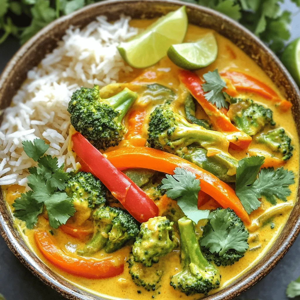 To make a tasty Easy Thai Coconut Veggie Curry, gather these fresh ingredients: - 1 tablespoon coconut oil - 1 onion, finely chopped - 3 garlic cloves, minced - 1 tablespoon ginger, grated - 1 red bell pepper, sliced - 1 cup broccoli florets - 1 cup carrots, sliced - 1 zucchini, diced - 1 can (400 ml) coconut milk - 2 tablespoons red curry paste - 2 tablespoons soy sauce - 1 tablespoon maple syrup (or honey) - 1 lime, juiced - Fresh cilantro, for garnish - Salt and pepper to taste These ingredients mix together to create a rich and creamy dish. Each one adds its own unique taste. Sometimes, you may not have all the ingredients. Here are some easy swaps: - Coconut oil: Use olive oil or vegetable oil instead. - Coconut milk: Almond milk or soy milk can work, but your curry will taste different. - Red curry paste: Green curry paste can be a good substitute. It may taste a bit spicier. - Maple syrup: Honey or agave syrup can replace maple syrup for sweetness. These substitutes help keep your curry delicious, even if you’re missing something. To make this curry, you will need a few basic tools: - A large pot or skillet for cooking - A cutting board for chopping veggies - A sharp knife for easy slicing - Measuring spoons for accurate amounts - A wooden spoon for stirring Having these tools ready will make your cooking process smooth and fun. You can find the full recipe in the Easy Thai Coconut Veggie Curry section. Enjoy cooking! To make this Easy Thai Coconut Veggie Curry, start by gathering your ingredients. This recipe is simple and quick. First, take a large pot or skillet. Heat the coconut oil on medium heat. Add the finely chopped onion. Sauté the onion for about 3-4 minutes until it softens. Next, add the minced garlic and grated ginger. Cook these for 1-2 minutes until they smell great. Now, it’s time for the veggies! Add the sliced red bell pepper, broccoli florets, sliced carrots, and diced zucchini to the pot. Stir-fry them for around 5-7 minutes. You want them to be bright and slightly tender. Once that’s done, pour in the coconut milk. Add the red curry paste next. Stir the mixture well to blend the flavors. After mixing, pour in the soy sauce and maple syrup. Let the curry simmer on low heat for 10-15 minutes. This helps all the flavors mix well and makes the veggies tender. When it’s ready, squeeze in the lime juice and season with salt and pepper to taste. - Heating oil and onions: 3-4 minutes - Cooking garlic and ginger: 1-2 minutes - Stir-frying vegetables: 5-7 minutes - Simmering curry: 10-15 minutes Total time for this dish is about 30 minutes from start to finish. It’s perfect for a busy night! - Sautéing: Make sure not to burn the garlic. Stir it well! - Vegetable choice: Feel free to mix in your favorite veggies. - Simmering: Keep an eye on the heat. Low and slow is best. - Taste test: Always taste and adjust seasoning before serving. This Easy Thai Coconut Veggie Curry will bring joy to your dinner table. For the full recipe, check out the provided details above. When making Easy Thai Coconut Veggie Curry, avoid overcooking the veggies. You want them to stay crisp. If they turn mushy, the dish loses its charm. Another mistake is not stirring enough. Stir the mix often to blend flavors and prevent burning on the bottom. Lastly, don’t skip the lime juice. It adds a bright taste that makes a big difference. To boost the taste of your curry, try adding fresh herbs. Thai basil or mint can elevate the dish. You can also use lime zest for extra zing. If you want more depth, consider adding a splash of vegetable broth. It gives a rich base. Remember, taste as you go. Adjust the soy sauce or maple syrup based on your preferences. If you prefer a mild curry, use less red curry paste. Start with one tablespoon and build up. For more heat, add a chopped chili or more curry paste. Taste and adjust as you go. You can also balance spice with sweetness. A little more maple syrup or honey can help tone down the heat. Always keep a spoon handy to check flavors! {{image_2}} You can easily boost the protein in your Easy Thai Coconut Veggie Curry. Adding tofu, chickpeas, or lentils works well. - Tofu: Use firm or extra-firm tofu. Press it to remove excess water, then cube and sauté until golden brown. - Chickpeas: Canned chickpeas add creaminess and protein. Rinse and drain them before adding to the curry. - Lentils: Red lentils cook fast. They break down and thicken the curry, adding heartiness. This curry is naturally vegetarian and can be made vegan too. - Fish Sauce: If you want non-vegetarian flavor, add fish sauce. For a vegan option, use soy sauce or tamari. - Honey vs. Maple Syrup: Replace honey with maple syrup for a 100% vegan dish. Using seasonal vegetables can enhance the flavor and nutrition of your curry. - Spring: Try asparagus or snap peas for a fresh crunch. - Summer: Bell peppers, corn, and eggplant add vibrant colors and textures. - Fall/Winter: Sweet potatoes and squash add warmth and richness. Experiment with your choices to create your ideal curry! For the complete recipe, check the Full Recipe section. To keep your Easy Thai Coconut Veggie Curry fresh, allow it to cool first. Once cooled, transfer it to an airtight container. Store it in the fridge for up to three days. This way, you can enjoy the rich flavors later. Make sure to label the container with the date to track freshness. Reheat the curry on the stovetop for best results. Pour the curry into a pot over low to medium heat. Stir it often to heat evenly. If the curry is too thick, add a splash of water or coconut milk. Heat until it’s warm throughout, about 5-10 minutes. You can also use a microwave. Just place it in a microwave-safe bowl and cover it. Heat in 1-minute intervals, stirring in between until hot. You can freeze this curry for later use. Pour the cooled curry into a freezer-safe container. Leave some space at the top for expansion. It will stay good for up to three months. To thaw, move it to the fridge overnight. For a quicker method, run the sealed container under cold water. Once thawed, reheat it as described above. This way, you can enjoy this tasty dish anytime! If you need a substitute for coconut milk, try almond milk or oat milk. These options offer a lighter taste. You can also use cashew cream for a richer flavor. Just remember, the curry may taste slightly different. Adjust your spices to match your choice. Yes! This easy Thai coconut veggie curry is great for meal prep. Make a big batch and store it in airtight containers. It keeps well in the fridge for up to four days. You can also freeze it for up to three months. When ready to eat, just reheat it on the stove or in the microwave. To spice up your curry, add more red curry paste. You can also toss in sliced fresh chilies or chili flakes. For a milder dish, reduce the curry paste. You could use less ginger and garlic too. Always taste as you go to find your perfect balance. In this post, we covered key ingredients, cooking steps, and helpful tips for your recipe. I shared common mistakes to avoid and ways to enhance flavor. You also learned about variations, storage methods, and how to adjust spice levels. Cooking can be fun and rewarding if you follow these steps. I hope you feel ready to create a tasty dish that suits your style and taste. Enjoy the process and happy cooking!
