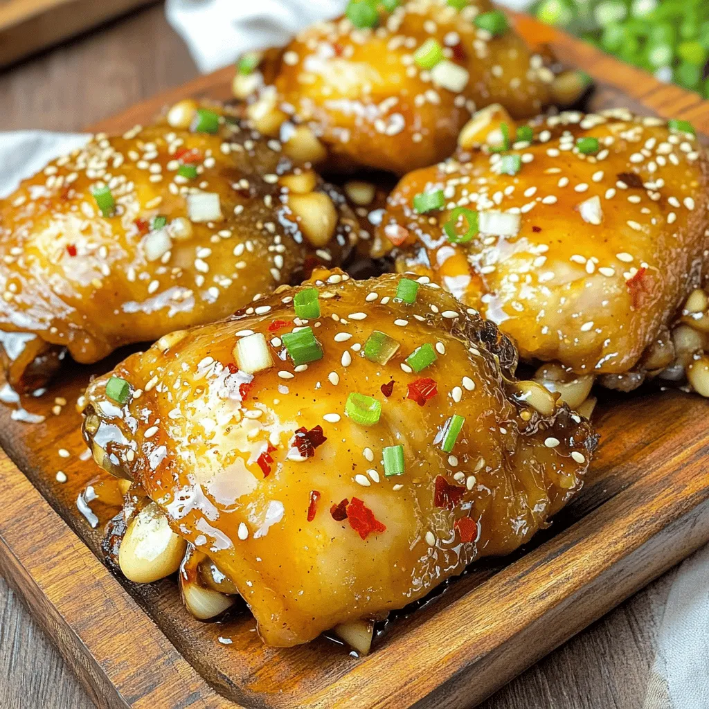 To make Spicy Honey Garlic Chicken, you will need: - 4 boneless, skinless chicken thighs - 3 tablespoons honey - 4 cloves garlic, minced - 2 tablespoons soy sauce (or tamari for gluten-free) - 1 teaspoon red pepper flakes (adjust to taste) - 1 tablespoon sesame oil - 1 tablespoon olive oil - 1 teaspoon grated fresh ginger - Salt and pepper to taste - Green onions, chopped (for garnish) - Sesame seeds (for garnish) If you need to convert measurements, here’s a quick guide: - 1 tablespoon = 3 teaspoons - 1 cup = 16 tablespoons - 1 pound = 16 ounces You can easily swap some ingredients for others. Here are a few ideas: - Use chicken breasts instead of thighs if you prefer. - Maple syrup can replace honey for a vegan option. - Coconut aminos work well if you need a soy sauce substitute. - For a milder dish, reduce red pepper flakes or use sweet paprika. - Use garlic powder instead of fresh garlic in a pinch. For the full recipe, check out the detailed steps above! To make Spicy Honey Garlic Chicken, you will first mix a tasty marinade. Then, you will marinate the chicken. After marinating, sear the chicken in a hot skillet. Finally, bake it in the oven to finish cooking. This method keeps the chicken juicy and flavorful. 1. Start by mixing the marinade. In a bowl, whisk together the honey, minced garlic, soy sauce, red pepper flakes, sesame oil, olive oil, ginger, salt, and pepper. Make sure everything blends well. 2. Next, take your chicken thighs and place them in a plastic bag or dish. Pour the marinade over the chicken. Seal the bag or cover the dish. Let it marinate for 30 minutes to 2 hours in the fridge for the best flavor. 3. While the chicken marinates, preheat your oven to 400°F (200°C). 4. Heat a large oven-safe skillet over medium-high heat. If it looks dry, add a little olive oil to prevent sticking. 5. Take the chicken out of the marinade. Let any extra marinade drip off. Place the chicken in the hot skillet. Sear for 3-4 minutes on each side until golden brown. 6. Pour the remaining marinade over the chicken in the skillet. 7. Now, transfer the skillet to your preheated oven. Bake for 15-20 minutes. Check that the chicken’s internal temperature reaches 165°F (75°C) and that the sauce is bubbly. 8. Once done, remove the skillet from the oven. Let the chicken rest for a few minutes before slicing it. 9. Serve the chicken on a platter. Drizzle the baked sauce on top. Garnish with chopped green onions and sesame seeds. - Ensure your skillet is hot before adding the chicken. This helps get a nice sear. - Don’t crowd the pan. If you have more chicken, sear it in batches. - Use a meat thermometer to check the chicken's temperature. This ensures it is cooked safely. - Let the chicken rest after baking. This keeps it juicy and tender. For the full recipe, check out the details above! To get the best flavor, marinate your chicken properly. Use a resealable bag or a shallow dish. This helps the chicken soak in the marinade. I recommend marinating for at least 30 minutes. However, for more flavor, aim for 1 to 2 hours. You can even marinate overnight if you plan ahead. Always keep the chicken in the fridge while it marinates. This keeps it safe and fresh. The sauce should be sticky and thick. To reach this, whisk the marinade well before cooking. Starting with honey helps create that thick texture. As you cook, the sauce will reduce and thicken even more. If it's too thick, add a splash of water or chicken broth while cooking. If it's too thin, let it simmer longer until it thickens. Spicy Honey Garlic Chicken pairs well with many sides. Serve it over rice or quinoa for a filling meal. Steamed broccoli or green beans add a nice crunch. You can also serve it with a fresh salad to balance the flavors. For a fun twist, try it in a wrap or a taco. Sprinkle with chopped green onions and sesame seeds to make it pop. For the full recipe, check the details above. {{image_2}} You can add some vegetables to your dish. Veggies like bell peppers, broccoli, and snap peas work well. Just chop them into bite-sized pieces. Sauté them in the skillet before adding the chicken. This adds color and crunch. Plus, it makes your meal more balanced. You can also roast the vegetables in the oven alongside the chicken. They will soak up those tasty flavors. If you need a gluten-free meal, use tamari instead of soy sauce. Tamari is a great choice and tastes similar. You can also use a gluten-free soy sauce. Just check the label to be sure. This way, you can enjoy this dish without worry about gluten. Feel free to switch up the flavors. For a sweet twist, try maple syrup instead of honey. If you want more heat, add more red pepper flakes or even some chili paste. You can also experiment with different oils. For example, try coconut oil for a different taste. Fresh herbs like cilantro or basil can also add a fresh touch. These small changes can create a whole new dish while keeping the heart of the recipe. For the complete recipe, check the Full Recipe section. After you enjoy your Spicy Honey Garlic Chicken, store any leftovers in an airtight container. Let the chicken cool down to room temperature first. This helps keep it fresh. Place the container in the fridge. It will stay good for up to three days. For longer storage, use the freezing method below. When you're ready to eat leftovers, reheating is easy. You can use the microwave or the oven. For the microwave, place the chicken on a plate and cover it. Heat for 1-2 minutes, checking it often. If you prefer the oven, preheat it to 350°F (175°C). Place the chicken on a baking sheet and warm it for about 10-15 minutes. This keeps the chicken juicy. If you want to freeze Spicy Honey Garlic Chicken, first let it cool completely. Wrap each piece tightly in plastic wrap. Then, place the wrapped pieces in a freezer bag. Label the bag with the date. The chicken can freeze for up to three months. When you're ready to cook, thaw it overnight in the fridge. You can then reheat it as mentioned above. Enjoy your delicious meals anytime! Yes, you can use chicken breasts. They will cook faster than thighs. They may also be a bit drier, so don't overcook them. Keep an eye on the internal temperature. Remove them at 165°F for best results. The spice level depends on the red pepper flakes. If you like heat, use more flakes. If you prefer mild, reduce the amount. The honey balances the spice nicely, making it flavorful but not too hot. This dish pairs well with rice or noodles. You can add steamed vegetables for color and nutrition. Consider a fresh salad to brighten the meal. Serve with a side of pickled vegetables for a nice crunch. You can marinate the chicken a day before. Keep it in the fridge overnight for better flavor. Bake the chicken right before serving. This way, it stays fresh and delicious. You can also cook it completely and refrigerate it. Just reheat it gently before serving. For the full recipe, check out the details above. In this blog post, we covered key ingredients, cooking steps, and handy tips. I shared simple ways to marinate chicken and make sauces just right. You learned spice variations and how to store leftovers effectively. Remember, cooking should be fun and easy. Experiment with flavors, and enjoy your meals. With these ideas, you can create tasty dishes that everyone will love. Cook confidently and share your delicious results!