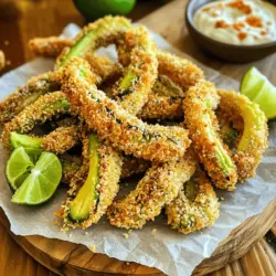 For crispy baked avocado fries, you will need the following ingredients: - 2 ripe avocados, cut into wedges - 1 cup breadcrumbs (panko for extra crunch) - ½ cup all-purpose flour - 2 large eggs, beaten - 1 teaspoon garlic powder - 1 teaspoon paprika - ½ teaspoon salt - ½ teaspoon black pepper - Olive oil spray - Lime wedges, for serving Using fresh, ripe avocados is key. They should feel slightly soft but not mushy. Choose panko breadcrumbs for extra crunch. Regular breadcrumbs work, but panko gives a better texture. Always use fresh eggs for the best binding. Fresh spices are also crucial; they enhance the flavor and aroma. If you don’t have panko, regular breadcrumbs will work. You can also use whole wheat flour if you want a healthier option. For a vegan version, replace eggs with a mixture of water and flaxseed meal. Just mix 1 tablespoon of flaxseed meal with 2.5 tablespoons of water and let it sit for a few minutes. You can use any type of oil spray, but olive oil adds a nice flavor. To start, gather your ingredients. You will need ripe avocados, breadcrumbs, flour, and eggs. I love using panko breadcrumbs for that extra crunch. Cut the avocados into wedges. This makes them easy to pick up and eat. Next, set up your dipping stations. Fill one bowl with flour, another with beaten eggs, and a third with the breadcrumb mix. In the breadcrumb bowl, add garlic powder, paprika, salt, and black pepper. Mix well to blend the flavors. Now it’s time to coat and bake. Take an avocado wedge and dip it in the flour. Shake off any extra flour so it coats lightly. Then, dip it in the egg wash. Let any excess egg drip off. Finally, coat the wedge in the breadcrumb mix. Press gently to make sure it sticks well. Place the coated wedges on a lined baking sheet. Make sure they have space between them. This helps them cook evenly. Lightly spray the tops with olive oil. Then, bake at 425°F (220°C) for 15-20 minutes. Flip them halfway for even crisping. You'll know they’re done when they are golden brown. For those perfect crispy baked avocado fries, keep a few tips in mind. First, ensure your oven is fully preheated. This helps achieve that nice crunch. Also, don’t overcrowd your baking sheet. Space allows hot air to circulate. Lastly, spray each fry with olive oil before baking. This adds flavor and helps them crisp up nicely. Enjoy your delicious fries warm with lime wedges for a fresh kick. For the full recipe, check back to ensure you follow each step! One big mistake is not using ripe avocados. Choose avocados that yield slightly when you press them. Overripe avocados can turn mushy. Another common error is skipping the olive oil spray. This step is vital for crispiness. Lastly, avoid overcrowding the baking sheet. Space the fries out to help them cook evenly. To boost flavor, try adding spices to the breadcrumb mix. A pinch of cayenne pepper adds heat. Or, mix in some grated Parmesan cheese for a savory twist. For a zesty kick, add lime zest to the breadcrumbs. This small change can make a big difference. I love serving these fries with a few tasty dips. Spicy mayo is a crowd favorite. Just mix mayo with sriracha for a quick sauce. Ranch dressing also pairs well with the creamy avocado. For a fresh touch, serve with a cilantro-lime dipping sauce. Don't forget, you can find the Full Recipe above for more serving tips! {{image_2}} You can spice up your avocado fries easily. Just add chili powder or cayenne pepper to the breadcrumb mix. Start with a teaspoon and adjust to your taste. This will give your fries a nice kick. You can also serve them with a spicy dipping sauce, like sriracha mayo. This adds flavor and makes the dish more exciting. Want to make your avocado fries cheesy? Mix grated cheese into the breadcrumb mixture. Parmesan, cheddar, or even pepper jack work great. The cheese melts, giving your fries a tasty layer of flavor. Just sprinkle a bit on top before baking. You’ll love the cheesy goodness on each bite! If you're vegan, don't worry! You can still enjoy these fries. Use a flaxseed egg instead of real eggs. Just mix one tablespoon of ground flaxseed with three tablespoons of water. Let it sit for a few minutes until it thickens. This will help the breadcrumbs stick to your avocado. You can also try using unsweetened plant milk as a dip. It works well and keeps your dish vegan-friendly. For the full recipe and step-by-step guide to making these delicious avocado fries, check out the [Full Recipe]. To keep your crispy baked avocado fries fresh, store them in an airtight container. Place them in the fridge if you don't eat them all at once. They will last for up to two days in the fridge. If you notice any browning, that's normal. Just squeeze some lime juice over them to brighten the flavor. When you're ready to enjoy your leftovers, preheat your oven to 350°F (175°C). Spread the avocado fries on a baking sheet. Heat them for about 10 minutes. This will help them regain their crispiness. Avoid using the microwave, as it can make them soggy. You can freeze baked avocado fries, but they may lose some crunch. Place them in a single layer on a baking sheet and freeze until solid. Then transfer them to a freezer bag. They can stay in the freezer for up to three months. When you're ready to eat them, bake directly from frozen at 425°F (220°C) for about 20-25 minutes. This helps them crisp up again. Enjoy them fresh and tasty! For the full recipe, check the section above. To make crispy baked avocado fries, follow these steps: 1. Preheat your oven to 425°F (220°C) and prepare your baking sheet with parchment paper. 2. Cut 2 ripe avocados into wedges and set them aside. 3. In a bowl, mix 1 cup of breadcrumbs, 1 teaspoon garlic powder, 1 teaspoon paprika, ½ teaspoon salt, and ½ teaspoon black pepper. 4. Put ½ cup of all-purpose flour in another bowl and 2 beaten eggs in a third bowl. 5. Dip each avocado wedge first in flour, then in the eggs, and finally in the breadcrumb mix. Press gently to coat. 6. Place the coated wedges on the baking sheet, leaving space between them. 7. Lightly spray the tops with olive oil spray. 8. Bake for 15-20 minutes, flipping halfway, until golden brown and crispy. You can use overripe avocados, but they may not hold their shape well. They might become mushy when cooked. Choose avocados that are ripe but still firm. This ensures they stay crisp and delicious. Serve crispy baked avocado fries warm. Present them on a rustic wooden board or in a basket lined with parchment paper. Pair them with lime wedges for a zesty kick. You can also add a bowl of your favorite dipping sauce, like spicy mayo or ranch, for extra flavor. Enjoy! You now have all the tools to make crispy baked avocado fries. Remember to focus on quality ingredients, follow the steps closely, and use the tips to avoid common mistakes. Variations like spicy or cheesy fries add fun twists. Lastly, proper storage and reheating keep them fresh. Enjoy your cooking journey, and share these delicious fries with friends!