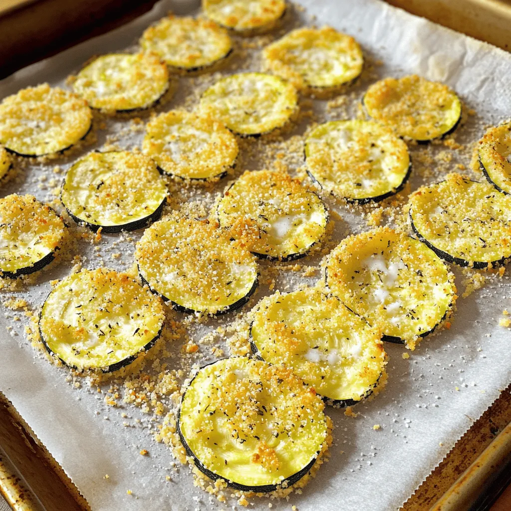 - 2 medium zucchinis, sliced thinly - 1 cup grated Parmesan cheese - 1 cup breadcrumbs (preferably whole wheat or panko) - 1 teaspoon garlic powder - 1 teaspoon onion powder - 1 teaspoon dried oregano - 2 large eggs, beaten - Olive oil spray (for baking) - Salt and pepper to taste To make crispy zucchini Parmesan chips, you need fresh ingredients. Zucchini is the star. It provides a mild taste and great texture. Parmesan cheese adds a savory kick. Breadcrumbs give the chips their crunch. The seasonings are simple yet effective. Garlic powder brings a nice aroma. Onion powder adds depth. Dried oregano gives a hint of earthiness. You can mix these spices right into the breadcrumbs. Don’t forget the essentials! Eggs act as glue to hold everything together. Olive oil spray helps the chips crisp up in the oven. Salt and pepper are key for flavor. You can find the full recipe for these chips in the recipe section. It's simple and fun to make. Enjoy your cooking adventure! - Preheat the Oven Start by preheating your oven to 425°F (220°C). This step is key for crispy chips. - Prepare Baking Sheet Line a baking sheet with parchment paper. This keeps the chips from sticking and helps with cleanup. - Mix Breadcrumbs and Seasonings In a shallow bowl, mix together 1 cup of breadcrumbs, 1 teaspoon of garlic powder, 1 teaspoon of onion powder, 1 teaspoon of dried oregano, and a pinch of salt and pepper. Stir well so the flavors blend. - Beat the Eggs In another bowl, beat 2 large eggs until they look frothy. This will help the breadcrumbs stick to the zucchini. - Dipping Process Take each zucchini slice and dip it in the beaten eggs. Let any extra egg drip off. Then, coat it with the breadcrumb mixture, pressing gently to make sure it sticks. - Baking Time and Temperature Place the coated zucchini slices in a single layer on your prepared baking sheet. Lightly spray them with olive oil. Bake for 20-25 minutes until they turn golden brown and crispy. Flip them halfway through for even cooking. For the complete experience, check out the Full Recipe. To get perfect crispiness in your zucchini chips, follow these steps: - Baking Techniques: Preheat your oven to 425°F (220°C). This high heat helps brown the chips. Spread the zucchini slices in a single layer. Avoid crowding the pan. This allows hot air to circulate. Flip them halfway through for even cooking. - Avoiding Excess Moisture: Zucchini has a lot of water. To reduce moisture, slice the zucchini thinly. After slicing, sprinkle salt on the slices. Let them sit for about 10 minutes. This draws out some water. Pat the slices dry with a paper towel before coating them. - Best Baking Sheets: I recommend using a heavy-duty baking sheet. It helps with even cooking. If you have a non-stick sheet, that’s even better. You can also use parchment paper for easy clean-up. - Using a Food Processor: A food processor makes slicing quick and easy. You can set it to make thin, even slices. This saves time and gives you uniform chips for better results. - Pairing with Dips: These chips taste great with dips. Try serving them with marinara sauce or garlic aioli. You can also use a yogurt-based dip for a fresh twist. - Presentation Ideas: Serve your zucchini chips on a colorful plate. Garnish with fresh herbs, like parsley or basil. This adds a nice touch and makes it look even tastier. For a fun twist, use small bowls for dips to create an inviting snack platter. For the full recipe, check out my guide on making crispy zucchini parmesan chips! {{image_2}} You can make crispy zucchini Parmesan chips even better with simple additions. Adding herbs like basil or thyme can boost the flavor. Use fresh or dried herbs according to your taste. Spices like paprika or cayenne pepper add a nice kick. Just sprinkle a little onto the breadcrumb mix to change the flavor profile. If you want to switch up the cheese, try using cheddar or a dairy-free option. Nutritional yeast gives a cheesy taste without dairy. This way, you can enjoy the flavor while meeting dietary needs. Looking for gluten-free options? Use gluten-free breadcrumbs made from rice or oats. They work just as well in the recipe. You can also use crushed cornflakes for a fun crunch. For a vegan version, replace eggs with a flaxseed mixture. Mix one tablespoon of ground flaxseed with three tablespoons of water, and let it sit for a few minutes. This will help the breadcrumbs stick to the zucchini. You can also skip the cheese or use a vegan alternative. Zucchini isn’t the only veggie that shines here. Eggplant makes a great substitute. Slice it thin and follow the same steps. The texture will be slightly different, but still tasty. You can also experiment with carrots. They add a natural sweetness and crunchy texture. Just slice them thinly and use the same coating process. This variety keeps your snacks fun and exciting! For the full recipe, check out the provided link. To keep your crispy zucchini parmesan chips fresh, use airtight containers. Glass or plastic containers work well. Make sure they are completely cool before sealing. Store them in the fridge for up to three days. This way, the chips stay tasty and safe to eat. When you want to enjoy the chips again, you have two good options: the microwave or the oven. The microwave is quick, but it may not keep the crispiness. If you use the oven, preheat it to 350°F (175°C). Spread the chips on a baking sheet and heat for about 10 minutes. This keeps them crispy and warm. If you want to save some chips for later, freezing is a great choice. First, let the chips cool completely. Then, place them in a single layer on a baking sheet and freeze for about an hour. Once frozen, transfer them to a freezer bag. They can last up to two months in the freezer. To thaw, leave them in the fridge overnight. Reheat as mentioned above for the best taste. To make crispy zucchini chips, follow these steps: 1. Slice the zucchini: Cut 2 medium zucchinis into thin rounds. 2. Prepare the coating: Mix 1 cup of breadcrumbs with 1 cup of grated Parmesan cheese, 1 teaspoon garlic powder, 1 teaspoon onion powder, 1 teaspoon dried oregano, and salt and pepper in a bowl. 3. Beat the eggs: In another bowl, beat 2 large eggs until frothy. 4. Coat the slices: Dip each zucchini slice in the egg, then in the breadcrumb mix. Press gently to stick. 5. Arrange on a baking sheet: Place the slices in a single layer on a lined baking sheet. 6. Spray with olive oil: Lightly spray the coated slices with olive oil. 7. Bake: Cook in a preheated oven at 425°F for 20-25 minutes, flipping halfway. 8. Add cheese: Sprinkle more Parmesan on top right after baking. For perfect crispiness, make sure not to crowd the baking sheet. This allows hot air to circulate around each chip. Yes, you can make zucchini chips in an air fryer! Here’s how: 1. Preheat your air fryer: Set it to 400°F. 2. Prepare the zucchini: Follow the same steps for slicing and coating. 3. Arrange in the basket: Place the zucchini chips in a single layer in the air fryer basket. 4. Cook in batches: Fry for about 10-12 minutes, shaking the basket halfway. 5. Check for crispness: Cook until they are golden and crispy. Using an air fryer can make the chips even crispier. Just keep an eye on them to avoid burning. The best way to season zucchini chips is to experiment with flavors. Here are some popular combinations: - Classic: Garlic powder, onion powder, and dried oregano. - Spicy: Add cayenne pepper or smoked paprika for a kick. - Herb blend: Use Italian seasoning or a mix of dried basil and thyme. - Cheesy: Incorporate different types of cheese like cheddar or nutritional yeast for a vegan version. These seasonings enhance the taste and can make your crispy zucchini Parmesan chips even more delicious. Try different mixes to find your favorite! For the complete recipe, check out the [Full Recipe]. You now know how to make crispy zucchini parmesan chips. We covered the main ingredients, seasonings, and step-by-step baking methods. I shared tips for achieving that perfect crunch and different ways to enjoy these snacks. You can also modify the recipe to fit your diet. Plus, knowing how to store and reheat them ensures they stay tasty. Try out these simple steps and enjoy making your own tasty chips!
