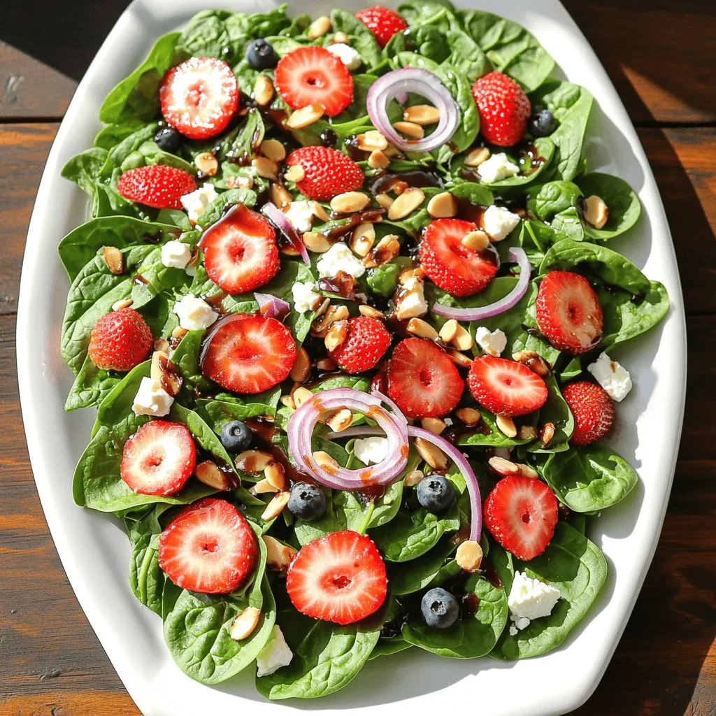 To make the Strawberry Spinach Salad, you need the following ingredients: - 4 cups fresh baby spinach, washed and dried - 1 cup ripe strawberries, hulled and sliced - 1/2 cup sliced almonds, toasted - 1/4 cup feta cheese, crumbled - 1/4 red onion, thinly sliced - 1/2 cup fresh blueberries (optional for extra color) - 3 tablespoons olive oil - 1 tablespoon honey - 1 tablespoon balsamic vinegar - Salt and pepper to taste These ingredients mix well together. They create a fresh and colorful dish that looks great on any table. You can change some ingredients based on what you have. If you don't like feta cheese, try goat cheese or even avocado. For nuts, walnuts or pecans work well too. If you can't find fresh strawberries, use raspberries or even peaches. The dressing can also change. Use maple syrup instead of honey or lemon juice instead of balsamic vinegar. These swaps keep the flavor strong and tasty. This salad shines in spring and summer when strawberries are sweet and ripe. You can also adapt it to fall by adding apples and walnuts. In winter, use citrus fruits like oranges or grapefruits for a bright twist. Each season brings new options to enjoy this salad. You can always keep it fresh and exciting. For the full recipe, check out the Strawberry Spinach Sensation! Start with the dressing. In a small bowl, combine olive oil, honey, and balsamic vinegar. Add salt and pepper to taste. Whisk the mixture until it blends well. This dressing adds a sweet, tangy touch to the salad. Next, take a large salad bowl. Add four cups of fresh baby spinach as your base. Then, layer in the sliced strawberries and toasted almonds. Sprinkle the crumbled feta cheese and thinly sliced red onion on top. If you want, add half a cup of fresh blueberries for more color. Now, drizzle your dressing evenly over the salad. Use tongs or salad servers to gently toss everything together. Be careful not to crush the strawberries. Taste the salad, and adjust with more salt or pepper if needed. Serve it immediately for the best taste. For a nice touch, you can garnish with extra strawberries and almonds. Enjoy this fresh and flavorful dish! For more details, check the Full Recipe. You can serve this salad as a starter or a side. It works great with grilled chicken or fish. You can also add crusty bread to make it a full meal. For a colorful twist, top with fresh blueberries. They add a sweet touch. You can make parts of this salad ahead of time. Prepare the dressing a day in advance. Just store it in the fridge. Chop the veggies and fruits a few hours before serving. Keep them in an airtight container. This way, they stay fresh and crisp. Assemble the salad right before you eat for the best taste. Always choose fresh, vibrant spinach and ripe strawberries. Look for bright colors and firm textures. Wash and dry your spinach well to avoid sogginess. Store your ingredients separately until serving. This keeps everything crisp and tasty. If you have leftovers, eat them within a day for the best flavor. For the full recipe, check out the complete instructions. {{image_2}} You can make this salad even better by adding protein. Grilled chicken adds heartiness. Try shrimp for a seafood twist. For a vegetarian option, use chickpeas or black beans. These proteins make the salad filling and tasty. Mixing in different fruits can change the flavor. You might try raspberries for a tart kick. Peaches can add sweetness in summer. Apples give a nice crunch, while oranges add juiciness. Each fruit brings its own flavor, making the salad unique. This salad is easy to adjust for any diet. To make it vegan, skip the feta cheese. You can use avocado for creaminess instead. For a gluten-free option, make sure to use gluten-free nuts. This way, everyone can enjoy this fresh and flavorful dish. For the full recipe, check out the details. To keep your strawberry spinach salad fresh, store it in an airtight container. Make sure to layer the ingredients wisely. Place the spinach at the bottom. Keep the strawberries, nuts, and cheese on top. This way, they won't get soggy from the dressing. If you can, store the dressing separately. It helps maintain the salad's crispness. To keep your salad fresh, use fresh, high-quality ingredients. Always wash and dry the spinach before storage. If you have leftover dressing, it can last a week in the fridge. Just remember to shake it well before using. If you want to enjoy your salad later, eat it within two days. If you have leftover salad, think of fun ways to reuse it. Toss it into a wrap with grilled chicken or turkey. You can blend it into a smoothie for a nutrient boost. If the salad starts to wilt, consider adding it to a soup or stir-fry. The key is to be creative and avoid waste. For the full recipe, check the details above. This salad shines with fresh flavors and bright colors. The mix of spinach and strawberries creates a sweet and savory taste. The added feta cheese brings a creamy element that balances the dish. Toasted almonds add a nice crunch and nutty flavor. Each bite gives you a delightful experience. You can use frozen strawberries, but fresh ones taste better. Frozen strawberries may lose some texture. If you use them, thaw and drain them first. This way, you avoid excess water in the salad. Fresh strawberries will give you the best flavor and look. To boost flavor, consider adding citrus zest. Lemon or orange zest adds brightness. You can also try herbs like mint or basil for a fresh twist. If you enjoy spice, a pinch of red pepper flakes can add heat. Experiment with these ideas to find your favorite! The number "84" represents my favorite year for fresh produce. That year, I learned to love cooking with seasonal ingredients. Each dish reflects the flavors of that time. This salad captures the joy of fresh strawberries and greens, making it a special choice. This salad pairs well with grilled chicken or fish for protein. You can also serve it with a hearty soup for a light meal. Want something more filling? Add quinoa or whole-grain bread on the side. These options will complete your meal beautifully. For the full recipe, check out the detailed instructions and ingredients. You now have a clear guide to making a delicious salad. We covered the key ingredients, step-by-step instructions, and helpful tips. You learned about serving ideas, storage methods, and variations to fit your needs. Salads can be fun, tasty, and easy to personalize. Don't hesitate to experiment with new flavors and ingredients. Enjoy creating your own fresh salad and make it your own!