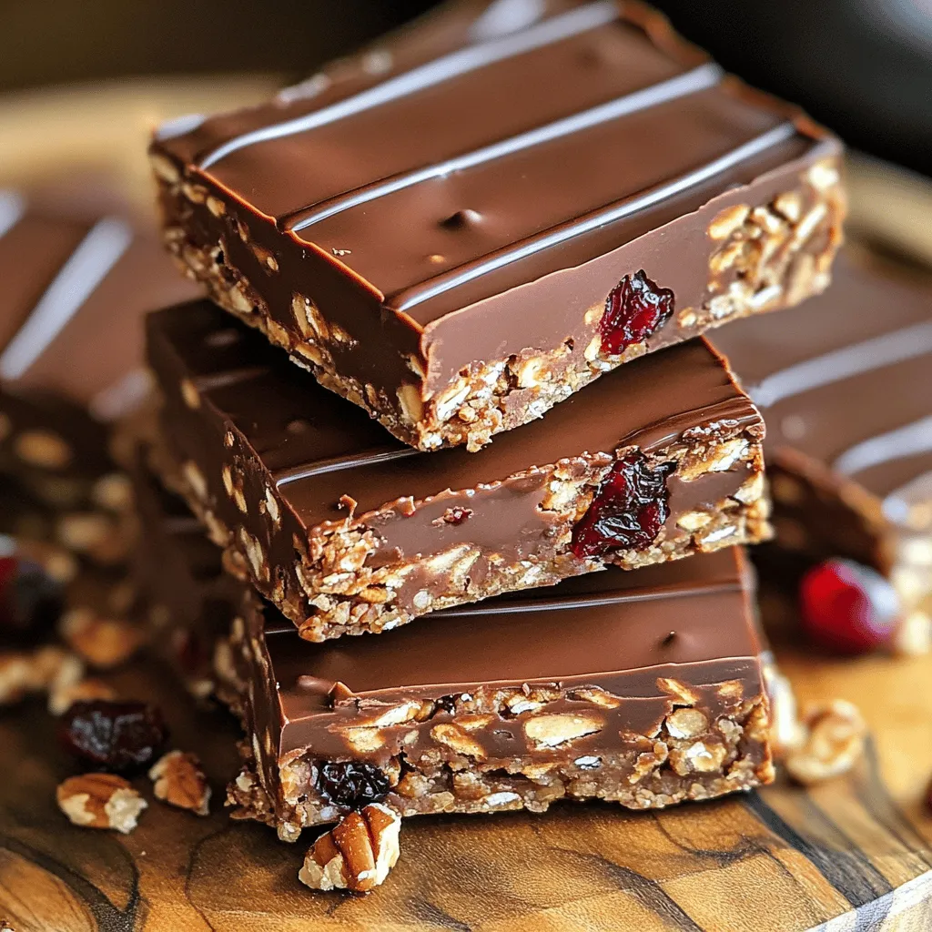 To make delicious no-bake chocolate oat bars, you need the right base. Here are the essential ingredients: - 2 cups rolled oats - 1 cup almond butter or nut butter of choice - 1/2 cup honey or maple syrup These three ingredients form the heart of the bars. The rolled oats give a hearty texture, while the nut butter adds creaminess. Honey or maple syrup provides the needed sweetness. Next, we’ll enhance the flavor and texture. Here’s what you can add: - 1/3 cup unsweetened cocoa powder - 1/2 cup chocolate chips - 1/4 teaspoon salt - 1 teaspoon vanilla extract - Optional: 1/4 cup chopped nuts or dried fruits The cocoa powder brings rich chocolate flavor. Chocolate chips add bursts of sweetness. A pinch of salt balances the taste, while vanilla extract adds depth. You can also customize your bars by adding nuts or dried fruits for extra crunch and flavor. For the full recipe, check out the detailed instructions on how to combine these ingredients into a delightful snack! - Step 1: Mix dry ingredients in a bowl Start by taking a large mixing bowl. Add 2 cups of rolled oats, 1/3 cup of unsweetened cocoa powder, and 1/4 teaspoon of salt. Stir these together until the cocoa is well mixed with the oats. - Step 2: Heat almond butter and honey In a microwave-safe bowl, add 1 cup of almond butter and 1/2 cup of honey. Heat them in the microwave for 20 to 30 seconds. This makes them easier to mix. After heating, stir in 1 teaspoon of vanilla extract. - Step 3: Combine dry and wet ingredients Pour the warm almond butter mixture into your bowl of dry ingredients. Mix everything together until it forms a thick and sticky dough. - Step 4: Fold in chocolate chips and optional add-ins Now, add in 1/2 cup of chocolate chips. If you want extra flavor, include optional ingredients like 1/4 cup of chopped nuts or dried fruits. Gently fold these into the mixture. - Step 5: Press mixture into a baking dish Line an 8x8-inch baking dish with parchment paper. This helps with removal later. Transfer the mixture into the dish and press it down firmly. Use your hands or the back of a spatula to create an even layer. - Step 6: Chill and cut into bars Place the dish in the refrigerator for at least 2 hours. This helps the bars set. Once set, lift them out using the parchment paper. Cut into squares or rectangles for serving. For the complete list of ingredients and more details, check the Full Recipe. To make your no-bake chocolate oat bars perfect, start with parchment paper. This helps you lift the bars out easily after they set. You won't have to worry about messy cleanup. Just leave some paper hanging over the edges of your baking dish. Next, adjust the sweetness to fit your taste. If you like it sweeter, add more honey or maple syrup. If you prefer less sweetness, use a bit less. The choice is yours, and this makes it fun to customize. For storage, keep these bars in an airtight container. They stay fresh in the fridge for up to a week. You can also freeze them for longer storage. Just wrap each bar in plastic wrap before putting them in a freezer bag. They will last for about three months. When serving, get creative! You can stack the bars on a nice platter. Drizzle melted chocolate on top for a fancy touch. For a fun grab-and-go option, wrap each bar in parchment paper. This makes a great snack for kids and adults alike. Enjoy these bars at parties or as a quick treat during the day! {{image_2}} You can easily change the flavor of your No-Bake Chocolate Oat Bars. Add-ins make them fun. Here are some ideas: - Nuts: Chopped walnuts, almonds, or pecans add crunch and protein. - Dried Fruits: Try cranberries, raisins, or apricots for sweetness. You can also swap out almond butter. Use peanut butter, cashew butter, or sunflower seed butter. Each nut butter gives a unique taste. Want to make your bars vegan? It’s simple! Just swap honey for maple syrup. Both sweeteners work well. If you follow a gluten-free diet, use certified gluten-free oats. This keeps the recipe safe and tasty. Enjoy these bars without worry! To keep your No-Bake Chocolate Oat Bars fresh, store them in the refrigerator. Place them in an airtight container. This helps prevent any odors from other foods. You can also wrap each bar in parchment paper for easy grab-and-go snacks. If you want to save them for later, freezing works great! Wrap the bars tightly in plastic wrap, then place them in a freezer bag. This way, they stay fresh for a long time. When you want to eat one, just take it out and let it thaw for about 10-15 minutes. You can keep these bars in the fridge for up to one week. If stored properly in the freezer, they can last about three months. Watch for signs of spoilage. If you see any mold or if they have a strange smell, it’s best to toss them. Fresh bars should smell sweet and chocolatey. Enjoy your tasty treats while they are at their best! Can I substitute the nut butter? Yes, you can. Use any nut butter you like. Sunflower seed butter works well too. It gives a nice flavor without nuts. How do I make these bars vegan? To make these bars vegan, swap honey for maple syrup. Use plant-based chocolate chips too. This way, you keep the taste and stay vegan. What can I use instead of honey? Maple syrup is a great choice. Agave nectar also works well. Both options add sweetness without losing flavor. How long do these bars need to chill? Chill the bars for at least two hours. This helps them firm up nicely. The longer they chill, the better they set. Can I add protein powder to the mixture? Yes, you can add protein powder. Just replace a bit of the oats with it. This adds extra nutrition without changing much of the taste. What is the best way to cut the bars? Use a sharp knife to cut the bars. Wipe the knife between cuts for clean edges. This makes each piece look great and easy to grab. No-bake chocolate oat bars are easy to make and healthy to eat. We covered essential ingredients like oats, nut butter, and honey. You learned how to prepare the bars step by step, including adding fun mix-ins. Tips for storage and serving can make your bars last longer and taste even better. With variations for dietary needs, these bars fit anyone’s lifestyle. Get creative and enjoy your delicious treats!