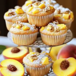 To make the best peach muffins, gather these simple ingredients. Each one plays a key role in flavor and texture. - 2 cups all-purpose flour - 1 cup brown sugar - 1 tablespoon baking powder - ½ teaspoon baking soda - ½ teaspoon salt - 1 teaspoon ground cinnamon - ½ cup unsalted butter, melted - 2 large eggs - 1 cup buttermilk - 1 teaspoon vanilla extract - 2 cups fresh peaches, peeled and diced - ½ cup chopped walnuts (optional) These ingredients blend together to create a moist and tasty treat. The fresh peaches add sweetness and a nice texture. If you want, you can add walnuts for a crunchy touch. I love how this recipe is easy to follow. You can find the full recipe later in this article. Each bite of these muffins makes me think of sunny days and fresh fruit. The cinnamon gives a warm flavor that pairs perfectly with peaches. Have fun baking! - Preheat your oven to 375°F (190°C). - Prepare the muffin tin with paper liners or grease it with cooking spray. - In a large mixing bowl, combine the flour, brown sugar, baking powder, baking soda, salt, and ground cinnamon. Whisk them together until mixed well. - In another bowl, mix the melted butter, eggs, buttermilk, and vanilla extract until the mixture is smooth. - Gradually pour the wet mixture into the dry mixture. Stir gently until just combined. Do not overmix, as this can make the muffins tough. - Fold in the diced peaches and walnuts if you choose to use them. Ensure the fruit is evenly spread in the batter. - Spoon the batter into the prepared muffin tin, filling each cup about two-thirds full. - Bake for 20-25 minutes. Check for doneness by inserting a toothpick into the center. It should come out clean. The tops should be golden brown. Enjoy your delicious peach muffins! For more details, check the Full Recipe. Checking for doneness To know when your muffins are ready, use a toothpick. Insert it into the center. If it comes out clean, the muffins are done. If you see wet batter, bake for a few more minutes. Avoiding overmixing the batter Mix your batter gently. When you combine wet and dry ingredients, stir just until you see no dry flour. Overmixing can make your muffins tough and dense. Presentation tips for muffins Make your muffins shine! Dust them with powdered sugar for a sweet touch. You can place them on a tiered stand. It looks fancy and fun. Add fresh peach slices beside the muffins for color. Pairing suggestions These peach muffins taste great with drinks. Try serving them with a cold glass of milk or a warm cup of tea. The flavors blend well and make for a lovely snack. Tips on how to avoid dense muffins To keep your muffins light, do not pack the flour. Use a spoon to scoop flour into the measuring cup. Then level it off with a knife. This helps you avoid using too much flour. Importance of using room temperature ingredients Make sure your eggs and buttermilk are at room temperature. Cold ingredients can cause the batter to be uneven. This can lead to muffins that do not rise well. {{image_2}} You can play with flavors in your peach muffins. Adding spices like nutmeg or ginger can enhance their taste. Just a pinch of nutmeg adds warmth. Ginger gives a nice zing. You can also mix in other fruits. Apricots or berries work well with peaches. These fruits add their unique flavors and colors. If you need a gluten-free version, swap the all-purpose flour for a gluten-free blend. Many brands offer easy-to-use mixes. For vegan needs, replace the eggs with flaxseed meal or applesauce. Use almond milk instead of buttermilk. These swaps help keep the muffins soft and tasty. You can change some ingredients for a healthier muffin. For example, try coconut sugar instead of brown sugar. It gives a nice caramel flavor without refined sugar. Using coconut or vegetable oil instead of butter can make the muffins lighter. These swaps can also change the flavor subtly, making your muffins unique. For the complete recipe, check out the [Full Recipe]. To keep your peach muffins fresh, store them in an airtight container. This helps maintain moisture and flavor. Place them at room temperature for up to three days. If you want to keep them longer, consider freezing. Wrap each muffin in plastic wrap and then place them in a freezer bag. They can last for up to three months in the freezer. To enjoy your muffins warm, preheat the oven to 350°F (175°C). Place the muffins on a baking sheet and heat for about 10 minutes. This method keeps them soft and fluffy. You can also use the microwave for quick reheating. Heat muffins for 15-20 seconds until warm. Just be careful not to overheat, as this can make them dry. Enjoy your peach muffins at their best! For the full recipe, check the earlier section. Peach muffins stay fresh for about three days at room temperature. Store them in an airtight container. If you want to keep them longer, try freezing them. They can last up to three months in the freezer. Just make sure to wrap them well in plastic wrap before freezing. Yes, you can use canned peaches. Drain them well and chop them into small pieces. Canned peaches may add extra liquid, so reduce the buttermilk by a tablespoon. This helps keep the batter from getting too wet. To make peach muffins more moist, use ripe peaches. You can also add an extra egg or a bit more buttermilk. Using sour cream or yogurt in place of some buttermilk can also add moisture. Just remember not to overmix the batter, as that can make them dense. Absolutely! Adding chocolate chips can take your muffins to the next level. Just fold in about a half cup of chocolate chips along with the peaches. This mix adds a sweet twist that many people love. Enjoy experimenting with flavors! In summary, we covered how to make delicious peach muffins from scratch. You learned the key ingredients, step-by-step instructions, and helpful tips for baking. We also explored variations, storage methods, and answered common questions about the recipe. Baking these muffins can be fun and rewarding. Remember to experiment with flavors and enjoy the process. Fresh peach muffins are perfect for breakfast or a sweet treat. Now, grab your ingredients and start baking!