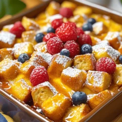 For a tasty Baked French Toast Casserole, gather these main ingredients: - 1 loaf of thick sliced challah or brioche bread, cut into cubes - 6 large eggs - 2 cups milk (or almond milk for a dairy-free option) - 1/2 cup heavy cream - 1/4 cup maple syrup - 1 tablespoon vanilla extract - 1 teaspoon ground cinnamon - 1/4 teaspoon nutmeg - 1/2 cup brown sugar These ingredients create a rich and creamy base. The eggs give it a nice structure. Milk and heavy cream add creaminess and flavor. The bread absorbs all the wonderful flavors. You can add these optional ingredients for an extra touch: - 1/2 cup pecans, chopped (optional) - Fresh berries (strawberries, blueberries, or raspberries) for topping - Powdered sugar for dusting Adding chopped nuts gives a nice crunch. Fresh berries bring brightness and color to your dish. A sprinkle of powdered sugar adds a sweet finish. This Baked French Toast Casserole is sure to delight! For the full recipe, check out the details in the article. First, set your oven to preheat at 350°F (175°C). While it warms up, grab a 9x13 inch baking dish and spray it with non-stick spray. This helps the casserole come out clean. Next, in a large bowl, whisk together the eggs, milk, heavy cream, maple syrup, vanilla extract, cinnamon, nutmeg, and brown sugar. Mix them until you see no lumps. This mixture is the heart of your dish. Now, take your thick sliced challah or brioche bread and cut it into cubes. Add these cubes to your egg mixture. Gently fold the bread into the liquid. Make sure every piece gets coated well. This step is key for flavor and texture. Let the bread soak for about 15-20 minutes. This soaking time allows the bread to absorb all those yummy flavors. Once soaked, if you like, stir in the chopped pecans. Spread the mixture evenly in your greased baking dish. Cover the dish with aluminum foil. Bake it for 30 minutes. After that, remove the foil and bake for another 15-20 minutes. Keep an eye on it. The top should turn golden brown, and the center should feel firm. When it’s done, take it out and let it cool for about 5-10 minutes. Serve it warm, topped with fresh berries and a dusting of powdered sugar. Enjoy your delightful breakfast treat! For the complete recipe, check the Full Recipe section. To get the best texture in your casserole, soaking time is key. I recommend soaking the bread cubes for about 15-20 minutes. This lets them soak up the egg mixture fully. If you skip this step, your casserole might turn out dry. Choosing the right bread is also important. Thick sliced challah or brioche bread works best. These types are soft and soak well. You can also try sourdough for a tangy twist. Adding spices or extracts can take your dish to the next level. Consider adding a pinch of nutmeg or a splash of almond extract. Both will enhance the flavor without being overpowering. For exciting variations, think about adding chocolate chips or fresh fruit. You can mix in berries, bananas, or even diced apples. Each choice brings a new flavor and texture, making it fun to experiment. When it comes to serving, think about sides that complement the casserole. Crispy bacon or fresh fruit pairs nicely. These sides add contrast and balance the sweet flavors. For presentation, serve the casserole warm and dust it with powdered sugar. A drizzle of maple syrup on top makes it look even more tempting. Adding fresh berries on top not only looks great but tastes amazing too. {{image_2}} You can easily make a dairy-free version of this dish. Use almond milk instead of regular milk. It tastes great and keeps the dish creamy. For cream, try coconut cream or a thick dairy-free yogurt. Both options add richness without dairy. You won’t lose any flavor, either. The spices and sweeteners bring out all the yummy taste. The type of bread you use can change everything. Sourdough adds a nice tang, while whole grain bread gives a hearty feel. You can mix different kinds of bread, too. Try combining challah with sourdough for a unique texture. This mix creates a chewy and soft casserole. Each bite will surprise you with a new flavor. Make your casserole fit the season by adding fruits. In the fall, use pumpkin puree or apples. For summer, berries work well. You can also add spices like pumpkin pie spice in the fall. In winter, try cinnamon and nutmeg for that warm holiday feel. These changes make every meal special and exciting. For the complete recipe, check out the [Full Recipe]. To keep your Baked French Toast Casserole fresh, store it in an airtight container. Place it in the fridge. It should stay good for up to three days. If you want to keep it longer, consider freezing it. For the best taste, reheat in the oven. Preheat your oven to 350°F (175°C). Place the casserole in a baking dish. Cover it with foil to keep it moist. Heat for about 15-20 minutes until warm. If you're in a hurry, use the microwave. Heat in short bursts of 30 seconds, checking often. To freeze your casserole, let it cool completely first. Wrap it tightly in plastic wrap and then in aluminum foil. This keeps out air and prevents freezer burn. When you're ready to eat, thaw it in the fridge overnight. Reheat it in the oven, as mentioned before, or use the microwave. Enjoy your treat later with ease! For the full recipe, check out the details above. Baked French toast casserole lasts about three to four days in the fridge. Make sure to store it in an airtight container. This keeps it fresh and tasty. If you see any signs of spoilage, throw it away. Yes, you can prepare this casserole the night before. Start by mixing the egg and milk mixture. Then, coat the bread cubes in the mixture. Place it in a baking dish and cover it. Let it sit in the fridge overnight. In the morning, just pop it in the oven for baking. This makes mornings easy and fun. If you need to replace eggs, there are great options. You can use 1/4 cup of unsweetened applesauce for each egg. Another choice is a mashed banana. You can also mix one tablespoon of ground flaxseed with three tablespoons of water. Let it sit for a few minutes to thicken. These swaps work well and keep the dish tasty. Yes, you can make this casserole gluten-free. Use gluten-free bread instead of regular bread. Look for brands that are soft and thick. This helps the casserole hold together. You can find many options in stores now, making it easy to enjoy this dish. In this post, you learned about Baked French Toast Casserole. We covered the key ingredients, from thick bread to spices. You discovered how to prepare and bake the dish to achieve the best texture. Tips for customization and variations allow you to impress your guests. Whether for a holiday or a simple brunch, this recipe fits all occasions. Don't forget storage tips to enjoy leftovers later. With easy steps and fun flavors, you can make this dish your own!