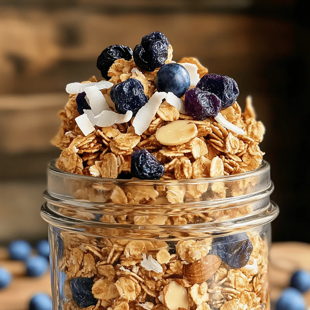 - 2 cups rolled oats - 1 cup sliced almonds - 1/2 cup unsweetened shredded coconut - 1/3 cup honey or maple syrup - 1/4 cup coconut oil, melted - 1/2 teaspoon vanilla extract - 1/2 teaspoon cinnamon - 1/4 teaspoon salt - 1 cup dried blueberries - Mixing bowls - Baking sheet - Parchment paper - Whisk - Airtight container Gathering the right ingredients is key for a great granola. Start with rolled oats, which give a nice chewy texture. Sliced almonds add crunch and healthy fats. Unsweetened shredded coconut brings a hint of sweetness and a tropical vibe. For sweetness, you can use honey or maple syrup. Coconut oil helps everything stick together while adding flavor. Don’t forget the vanilla extract for depth and cinnamon for warmth. A little salt brings out all the flavors and balances the sweetness. Finally, dried blueberries add a fruity burst. You can find the full recipe later on. Make sure to have mixing bowls and a baking sheet handy. Parchment paper keeps cleanup easy. A whisk will help blend your wet ingredients smoothly. Finally, an airtight container is a must for storing your delicious granola. - Preheat the oven to 300°F (150°C). - Prepare the baking sheet with parchment paper. First, I love to start by preheating my oven. This step helps the granola cook evenly. While the oven warms, I get my baking sheet ready. Parchment paper makes cleanup easy and helps the granola not stick. - Combine dry ingredients in a bowl. - Whisk together the wet ingredients. Next, I grab a big bowl. I add the rolled oats, sliced almonds, shredded coconut, cinnamon, and salt. Mixing these dry ingredients first is key for flavor. In another bowl, I whisk together the honey or maple syrup, melted coconut oil, and vanilla. This blend of wet ingredients will bring moisture and sweetness to the granola. - Combine wet and dry ingredients. - Bake the mixture and stirring instructions. Now, I pour the wet mix into the dry ingredients. I stir it well until every bit is coated. Then, I spread the mixture evenly on the baking sheet. Baking takes about 25 to 30 minutes. I check halfway through and stir it gently. This ensures all parts get that lovely golden brown color. Once it’s done, I let it cool completely. While cooling, the granola will become crispy. After it cools, I mix in the dried blueberries. You can find the full recipe for this delicious treat above. To get that perfect crunch, watch the baking time. Bake your granola for about 25-30 minutes. It should turn golden brown. Stir it halfway through to ensure even baking. If you take it out too soon, it may be chewy. If you let it bake too long, it will burn. Cooling is also key. Once you remove it from the oven, let the granola cool on the baking sheet. This helps it crisp up. If you move it too soon, it may clump together. Patience is important here! You can enhance flavor by adding spices or extracts. Try a pinch of nutmeg or a splash of almond extract for a new twist. You can also mix in other ingredients. Consider adding cacao nibs or dried cranberries for a sweet touch. The options are endless! For a tasty breakfast, serve your granola with yogurt and fresh fruits. This makes a colorful dish. You can also use it in smoothies for added crunch. Just blend a scoop with your favorite fruits and milk. Enjoy it as a healthy snack too! Granola is perfect for munching on its own. {{image_2}} You can make a nut-free blueberry almond granola by using seeds instead of nuts. Try sunflower seeds or pumpkin seeds for a crunchy texture. Adjust the sweetness by adding a bit more honey or maple syrup if you want a sweeter taste. This swap keeps the granola delicious and safe for those with nut allergies. To make gluten-free granola, use certified gluten-free oats. These oats ensure that you avoid any traces of gluten. You might also want to use alternative binding agents like brown rice syrup or agave. These options will help hold your granola together without gluten. Feel free to change up the flavor! Adding chocolate chips makes it extra fun. You can also mix in dried fruits like cranberries or cherries. Swap in seasonal ingredients, such as pumpkin spice in fall or fresh berries in summer. These variations keep your granola exciting and tasty. For the full recipe, check out the Crunchy Blueberry Almond Granola! To keep your granola fresh, use an airtight container. Glass jars or plastic bins work well. Store your granola in a cool, dry place away from sunlight. This helps maintain its crunchiness and flavor. Your blueberry almond granola lasts up to two weeks. To keep it fresh longer, avoid moisture. Once opened, try to seal it tightly after each use. This prevents it from losing its crispness. If your granola loses its crunch, re-crisp it in the oven. Preheat your oven to 300°F (150°C). Spread the granola on a baking sheet and warm it for about 10 minutes. Stir it halfway through for even crisping. Use your granola in yogurt or as a topping. It adds a nice crunch to many dishes. Enjoy experimenting with it in different meals! For the full recipe, check the steps above. Blueberry almond granola is a tasty snack. It offers many nutritional benefits: - High in fiber: Oats and almonds help keep you full. - Rich in healthy fats: Almonds provide heart-healthy fats. - Packed with antioxidants: Blueberries are great for your health. You can use it in meal prep. Here are some ideas: - Breakfast: Top yogurt with granola and fresh fruit. - Snacks: Enjoy it plain or mix it with nuts. - Smoothies: Blend it into smoothies for extra crunch. Absolutely! You can make this recipe your own. Here are some recommended substitutions: - Nuts: Swap almonds for walnuts or pecans. - Sweeteners: Use agave syrup instead of honey. - Fruits: Try dried cranberries or cherries in place of blueberries. Combine different flavors to create your perfect mix. You could add spices like nutmeg or ginger for a twist. Get creative and have fun! You can access the full recipe for Crunchy Blueberry Almond Granola [Full Recipe]. This will guide you through the steps and show you what you need. For more ideas, check out cooking blogs and recipe sites. Explore and enjoy! You now have a tasty way to make blueberry almond granola at home. We covered the key ingredients, tools, and step-by-step instructions. I shared tips for the best texture and flavor. You can even try different variations to suit your taste. Store it right, and you’ll enjoy this crunchy snack for weeks. Remember, granola is great for breakfast or a quick snack. Make it your own, and enjoy every bite!