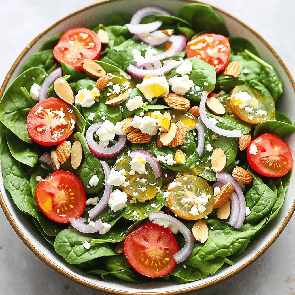 - 6 cups fresh baby spinach - 1/2 cup cherry tomatoes, halved - 1/4 cup red onion, thinly sliced - 2 tablespoons olive oil - 1 tablespoon apple cider vinegar - 1 tablespoon Dijon mustard - 1 tablespoon honey - Salt and pepper to taste - 1/4 cup sliced almonds, toasted - 1/2 cup crumbled feta cheese The fresh ingredients are key to a tasty spinach salad. Start with six cups of fresh baby spinach. This is the heart of your dish. The spinach gives a crisp texture and vibrant color. Next, add half a cup of cherry tomatoes, halved. These add a sweet burst. A quarter cup of thinly sliced red onion brings in a nice bite and color contrast. Now, let’s talk about the dressing. You will need two tablespoons of olive oil. This oil gives a rich flavor. Add a tablespoon of apple cider vinegar for some tang. A tablespoon of Dijon mustard adds depth and a little kick. A tablespoon of honey gives a touch of sweetness. Finally, season with salt and pepper to taste. This will tie all the flavors together. For optional add-ins, consider a quarter cup of sliced almonds. Toasting them brings out a nutty flavor. You can also add half a cup of crumbled feta cheese. This adds creaminess and a salty note. For the full recipe, check out the Spinach Delight Salad with Zesty Dressing. It’s simple and delicious! Start by gathering your fresh ingredients. In a large salad bowl, combine: - 6 cups fresh baby spinach - 1/2 cup cherry tomatoes, halved - 1/4 cup red onion, thinly sliced - 1/4 cup sliced almonds, toasted - 1/2 cup crumbled feta cheese This mix creates a vibrant base for your salad. The spinach adds a nice crunch, while the tomatoes give a sweet touch. The red onion adds a slight bite. Almonds give a nice crunch, and the feta adds creaminess. Now, let’s move on to the warm bacon dressing. First, cook about 4 slices of bacon in a pan over medium heat. For crispy bacon, cook until it is brown and crisp. Remove the bacon and set it on a paper towel to drain. In the same pan, keep about 2 tablespoons of the bacon fat. Add: - 2 tablespoons olive oil - 1 tablespoon apple cider vinegar - 1 tablespoon Dijon mustard - 1 tablespoon honey - Salt and pepper to taste Whisk these ingredients together in the pan. The heat from the bacon fat will warm the dressing and blend the flavors nicely. Crumble the cooked bacon into the dressing for extra flavor. Once your dressing is ready, pour it over the salad base. Gently toss everything together. Make sure all the ingredients get coated with the warm dressing. This adds a lovely, rich flavor to the spinach salad. Serve immediately for the best taste. You can also let it sit for about 10 minutes to let the flavors meld. For a nice touch, garnish with a sprinkle of extra feta and some toasted almond slices on top. This salad not only looks good but tastes amazing too! For the complete details of the recipe, check out the Full Recipe. To make a great dressing, balance the flavors. Use equal parts sweet and tangy. The honey adds sweetness, while the apple cider vinegar brings tang. Mix these well with olive oil for a smooth blend. Taste the dressing before adding salt and pepper. This lets you adjust as needed. A pinch of salt brightens the flavors. If it tastes too sharp, add more honey. This helps create a richer taste. Remember, warm bacon dressing will change the flavor, so keep that in mind. Make your salad look inviting. Use a large, shallow bowl to serve. This lets the colors shine through. Garnish with extra feta and a few toasted almond slices on top. This adds texture and eye appeal. Drizzle a bit of extra dressing over the top for flair. Serve the salad right away for fresh crunch. This way, your guests will enjoy the best look and taste. You can save time by prepping ahead. Wash and dry the spinach a day before. Store it in a sealed bag with a paper towel. This keeps it fresh. Chop the vegetables and store them in separate containers. You can also prepare the dressing in advance. Just mix all the ingredients and keep it in the fridge. When ready to serve, heat the bacon and combine. This makes for quick assembly and a tasty meal. For the full recipe, check the details above. {{image_2}} You can easily change up this salad. For a nut-free option, swap sliced almonds for sunflower seeds or pumpkin seeds. If you want a creamier taste, use goat cheese instead of feta. You can also add crunchy veggies like cucumbers or bell peppers for extra flavor and texture. If you love fruits, try adding sliced strawberries or apples to give a sweet twist. The great thing about this salad is its flexibility. In spring, add fresh peas or radishes. Summer calls for ripe peaches or nectarines. In fall, you can mix in roasted butternut squash or sweet potatoes. Winter is perfect for using hearty greens, like kale or arugula. Just use what you find fresh at the market! While warm bacon dressing is a classic, you can try other dressings too. A honey mustard dressing adds a nice sweetness. A simple lemon vinaigrette can brighten the flavors. You can also make a creamy ranch or blue cheese dressing for a richer taste. Each dressing will bring its own vibe to the salad! For the full recipe, check out the Spinach Delight Salad with Zesty Dressing. To keep your spinach salad fresh, store the ingredients separately. Use airtight containers for the salad components. Place the baby spinach in one container. Put cherry tomatoes, red onion, almonds, and feta in their own containers. This method prevents sogginess and keeps flavors sharp. When stored correctly, the salad can last up to three days in the fridge. The spinach may wilt after a day, so eat it early. The dressing will stay fresh for about a week. Make sure to keep it in a sealed jar. Bacon is best enjoyed fresh, but if you need to reheat it, use a skillet. Heat it over low heat until warm. Avoid using the microwave, as it can make bacon rubbery. If you have leftover dressing, warm it gently on the stove and drizzle it over the salad before serving. For the full recipe, check out the Spinach Delight Salad with Zesty Dressing! You can use frozen spinach, but fresh is best. Frozen spinach often has more water. This can make your salad soggy. If you use frozen, thaw it first and squeeze out excess water. Then, chop it finely before adding it to your salad. This way, you can still enjoy the flavors. Yes, the dressing is great for meal prep. You can store it in an airtight container. Keep it in the fridge for up to five days. Just give it a good shake before using it again. The flavors will meld nicely over time, making it even better. You have many options to pair with spinach salad. Here are some ideas: - Grilled chicken or shrimp for protein. - A warm baked potato for extra carbs. - Quinoa or couscous for a healthy grain. - Fresh bread or rolls for a comforting side. These dishes will make your meal complete and satisfying. For the full recipe, check out the detailed instructions above. You now know how to create a fresh spinach salad. You need simple ingredients like spinach, tomatoes, and red onion. You can make a tasty warm dressing with bacon and mix it all together. Remember, you can customize this salad to fit your taste. Try different veggies or dressings to keep it fun. Store leftovers properly to enjoy later. With these tips, your salad will shine at any meal. Enjoy your healthy and delicious creation!
