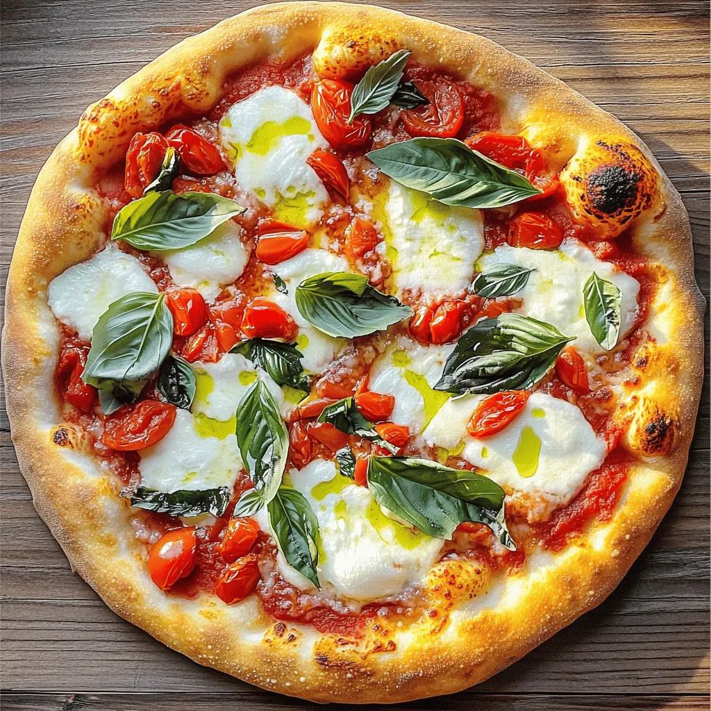 For a tasty Margherita pizza, you need basic ingredients. Here’s what you must have: - 2 cups all-purpose flour - 1 teaspoon active dry yeast - 3/4 cup warm water (110°F) - 1 teaspoon salt - 1 tablespoon olive oil - 1 cup crushed tomatoes - 1 teaspoon dried oregano - 1 garlic clove, minced - 8 ounces fresh mozzarella cheese, sliced - Fresh basil leaves - Salt and pepper to taste These items create a classic taste. The dough is soft, and the sauce is fresh. Adding extra ingredients can make your pizza even better. Here are some ideas: - A pinch of red pepper flakes for heat - Fresh garlic for more flavor - A drizzle of balsamic glaze for sweetness - Different cheeses like Parmesan for a richer taste These additions can take your pizza to the next level. Feel free to mix and match! You will need some tools to make your pizza. Here’s a list: - Mixing bowl - Pizza peel or baking sheet - Rolling pin - Small saucepan - Oven or pizza stone These tools help you create a perfect Margherita pizza. With them, you can enjoy the process of cooking. For the full recipe, check out the detailed steps in the article. First, you must make the dough. In a small bowl, dissolve one teaspoon of active dry yeast in 3/4 cup of warm water. Let it sit for about 5 minutes. You want it frothy. Next, grab a large mixing bowl. Combine 2 cups of all-purpose flour and one teaspoon of salt. Make a well in the center. Pour in the yeast mixture and add one tablespoon of olive oil. Mix until a dough forms. Now, place the dough on a floured surface. Knead it for about 7-10 minutes. You want it smooth and elastic. Then, place the dough in a lightly greased bowl. Cover it with a kitchen towel. Let it rise in a warm place for about 1 hour, or until it doubles in size. While the dough rises, let’s make the sauce. In a small saucepan, combine 1 cup of crushed tomatoes, one minced garlic clove, one teaspoon of dried oregano, and salt and pepper to taste. Simmer this mixture over low heat for about 10 minutes. This helps the flavors blend together nicely. After the dough has risen, punch it down. Roll it out on a floured surface to about 1/4 inch thick. Transfer the rolled dough to a pizza peel or a baking sheet dusted with flour. Spread the tomato sauce evenly over the dough. Leave a small border for the crust. Next, arrange 8 ounces of fresh mozzarella cheese slices over the sauce. Preheat your oven to 475°F (245°C). If you have a pizza stone, place it in the oven to heat up. Once ready, slide the pizza onto the hot stone or place the baking sheet in the oven. Bake for about 12-15 minutes, until the crust is golden and the cheese is bubbly. When it’s done, take it out. Top with fresh basil leaves and drizzle with olive oil if you like. Slice the pizza and serve it hot. For more details, check the Full Recipe. To make great Margherita pizza, start with the dough. The right texture is key. Use all-purpose flour for a nice balance. Mix the flour and salt well. When adding the yeast mixture, make sure it is frothy. Knead the dough until it feels smooth and elastic. This takes about 7 to 10 minutes. Let the dough rise in a warm spot. It should double in size. This step is important for a fluffy crust. The baking temperature is crucial. Preheat your oven to 475°F (245°C). A hot oven cooks the crust evenly. If you have a pizza stone, place it in the oven to heat. This helps create a crispy bottom. Bake your pizza for about 12 to 15 minutes. Keep an eye on it. The crust should be golden and the cheese bubbly. This timing ensures a perfect bake every time. Fresh ingredients make a big difference. Use fresh mozzarella cheese for creamy goodness. It melts beautifully and adds flavor. Fresh basil leaves add a nice touch. They bring a bright and fresh taste. Using high-quality crushed tomatoes also enhances the sauce. Add a pinch of salt and pepper to boost flavor. Fresh ingredients will elevate your Margherita pizza, making it truly special. For the full recipe, check the section above. {{image_2}} You can make Margherita pizza gluten-free. Use a gluten-free flour blend instead of all-purpose flour. Look for blends with good texture. Many options are available at stores. You can also make your own blend. Mix rice flour, almond flour, and tapioca starch for a tasty dough. If you want a vegan version, skip the cheese. Use a plant-based cheese alternative instead. There are many types available, like cashew or almond cheese. You can also try nutritional yeast for a cheesy flavor. Add a sprinkle of lemon juice for extra zest. Fresh basil remains a must for that classic taste. Feel free to get creative with toppings! Add sliced tomatoes or olives for more flavor. You can also try arugula or spinach for a fresh touch. If you love spice, sprinkle some chili flakes on top. Want an extra kick? Add prosciutto or salami before baking. Mix and match to find your favorite flavor combos! For the full recipe, check out the steps I provided earlier. After enjoying your Margherita pizza, store the leftovers properly. Let the pizza cool down first. Then, wrap each slice in plastic wrap. You can also use an airtight container. This way, the pizza stays fresh and tasty for a few days. Keep it in the fridge for up to 3 days. When it's time to enjoy your leftover pizza, reheating is key. The oven works best for this. Preheat your oven to 375°F (190°C). Place the pizza on a baking sheet. Bake for about 10 minutes, or until the cheese melts again. This method keeps the crust crispy and the toppings flavorful. Avoid the microwave, as it can make the crust soggy. If you want to save your pizza for a longer time, freezing is great. Wrap each slice in plastic wrap tightly. Then, place them in a freezer-safe bag. Label the bag with the date. You can freeze the pizza for up to 2 months. When you're ready to eat, thaw it in the fridge overnight before reheating. This way, the flavors stay fresh, and you can still enjoy your homemade pizza later! Margherita pizza began in Naples, Italy, in the late 1800s. Chef Raffaele Esposito made it for Queen Margherita of Savoy. He used fresh tomatoes, mozzarella cheese, and basil. The colors of the toppings matched the Italian flag: red, white, and green. This simple yet tasty pizza quickly became famous. Now, it is a beloved dish worldwide. Yes, you can use store-bought dough. It saves time and is easy to work with. Look for pizza dough in the refrigerated section of your grocery store. Make sure to follow the package instructions for best results. Store-bought dough can still taste great. However, making your own dough gives you full control over the flavors and texture. To find the best Margherita pizza, check local reviews online. Websites and apps like Yelp and Google Maps can help. Look for places that use fresh ingredients and have a good reputation. Ask friends or family for their favorites. You might discover hidden gems in your area that serve delicious Margherita pizza. Making a classic Margherita pizza is simple with the right ingredients and tools. We covered essential items for the dough and sauce, plus tips for extra flavor. I shared steps for preparing, assembling, and baking your pizza, ensuring perfect texture and taste. Whether you prefer gluten-free or vegan options, there's a version for everyone. Properly storing and reheating your leftovers will keep them tasty. Master these tips, and you'll have a delicious pizza anytime. Enjoy your cooking adventure!