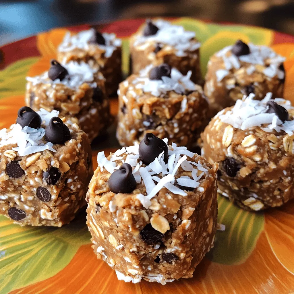 To make no-bake energy bites, you need simple ingredients. Here is what you will need: - 1 cup rolled oats - 1/2 cup natural peanut butter (or almond butter) - 1/4 cup honey or maple syrup - 1/2 cup mini dark chocolate chips - 1/4 cup ground flaxseed - 1/4 cup shredded coconut (unsweetened) - 1 tsp vanilla extract - A pinch of sea salt These ingredients blend well to create a tasty and healthy snack. Each ingredient offers unique benefits. Rolled oats provide fiber and energy. They help keep you full. Peanut butter is rich in protein and healthy fats. It adds creaminess and flavor. Honey or maple syrup adds natural sweetness. It also brings antioxidants. Dark chocolate chips give a treat without too much sugar. Flaxseed boosts omega-3 fatty acids, good for heart health. Coconut adds fiber and flavor. Together, these ingredients make a balanced snack. You can easily change ingredients based on your taste. Try almond butter if you want a different nut flavor. Use agave syrup instead of honey for a vegan option. If you want less sugar, skip chocolate chips or use dried fruit. You can add nuts or seeds for extra crunch. For a fruity touch, try mixing in some dried cranberries or raisins. Each change makes the bites unique to you! For the full recipe, check out the detailed instructions above. To start, gather all your ingredients. You will need rolled oats, nut butter, honey, mini dark chocolate chips, ground flaxseed, shredded coconut, vanilla extract, and sea salt. First, take a large mixing bowl and add the rolled oats, ground flaxseed, and shredded coconut. Stir these dry ingredients well. This step helps to mix the flavors evenly. Now, grab another bowl. Mix the nut butter, honey (or maple syrup), vanilla extract, and sea salt until it is smooth. This mixture will blend with the dry ingredients nicely. Next, pour the wet ingredients into the bowl with the dry ingredients. Stir everything together until well combined. You want every bit of the dry mix to be coated in the wet mix. When mixing, use a sturdy spoon or spatula. Make sure to scrape the sides of the bowl. This way, you ensure nothing is left behind. If the mixture feels too dry, you can add a bit more nut butter or honey. For the best texture, you should not over-mix. Just combine until it’s uniform. This keeps the energy bites from being too tough. After mixing, it’s time to test the consistency. Take a small amount of the mixture and press it into a ball with your hands. If it holds its shape, you are good to go! If it crumbles, add a bit more nut butter. Once you have the right consistency, it’s time to roll the mixture into balls. Use your hands to scoop out about a tablespoon for each bite. Place them on a parchment-lined baking sheet. Chill the energy bites in the fridge for about 30 minutes. This helps them firm up and makes them easier to eat. Enjoy your delicious and healthy no-bake energy bites! For the complete recipe, see the Full Recipe section. When rolling energy bites, wet your hands with water. This helps the mixture stick less. Use a tablespoon to scoop the mix. Form each scoop into a tight ball. This keeps them from falling apart. Place them on parchment paper to cool. Chill them for about 30 minutes. This step helps them firm up nicely. To boost flavor, try adding spices. Cinnamon or nutmeg can add warmth. You can also use different extracts. Almond or coconut extracts work well. For a fruity twist, add dried fruits like cranberries or apricots. You can also switch chocolate chips for other options. White chocolate or butterscotch chips provide a sweet kick. Make energy bites fun for kids by adding their favorite ingredients. Swap dark chocolate chips for mini M&Ms or colorful sprinkles. Let kids help roll the bites. This makes them more excited about healthy snacks. You can also involve them in choosing flavors. Ask them to pick nuts or fruits they like. This keeps snack time fun and engaging. For the full recipe, check out the Nutty Bliss No-Bake Energy Bites! {{image_2}} You can create many flavors with energy bites. Try adding nuts for a crunch. Almonds, walnuts, or pecans are great choices. For fruity flavors, add dried fruits like cranberries or apricots. You can also mix in spices like cinnamon or nutmeg for warmth. To make vegan energy bites, switch honey for maple syrup. You can use gluten-free oats to keep it gluten-free. For extra protein, add protein powder to the mix. This changes the texture a bit but packs a protein punch. In fall, add pumpkin puree and spices for a cozy treat. During winter, try peppermint extract with dark chocolate chips. In summer, use fresh berries and a splash of lemon juice for a bright flavor. These seasonal twists keep your energy bites exciting all year round. For the full recipe, check out the Nutty Bliss No-Bake Energy Bites. To keep your no-bake energy bites fresh, use an airtight container. Place a layer of parchment paper between layers of bites. This method stops them from sticking together. You can store them in the fridge for up to a week. If you want to keep them longer, freezing is a great option. To freeze, place the energy bites in a single layer on a baking sheet. Once firm, transfer them to a freezer-safe container or bag. This way, they won't stick together. When you're ready to eat one, just take it out and let it thaw for about 10 minutes. They taste great still a bit cold! Freshness is key to enjoying these energy bites. In the fridge, they stay tasty for about a week. In the freezer, they can last for up to three months. To check for freshness, look for any off smells or changes in texture. If they seem dry or hard, it's best to toss them. Always remember to label your containers with the date to keep track! To make No-Bake Energy Bites, first gather your ingredients. You need rolled oats, nut butter, honey, chocolate chips, ground flaxseed, shredded coconut, vanilla extract, and sea salt. Start by mixing the oats, flaxseed, and coconut in a large bowl. In another bowl, combine nut butter, honey, vanilla, and salt until smooth. Pour the wet mix into the dry mix and stir until everything blends well. Then, fold in the chocolate chips. Roll the mixture into balls and place them on a baking sheet. Chill them in the fridge for 30 minutes to set. Yes, you can use different nut butters. Almond butter and cashew butter work well in this recipe. Each nut butter adds its own flavor and texture. If you prefer a nut-free option, sunflower seed butter is a great choice too. Just remember to adjust the sweetness if your nut butter has added sugar. Yes, No-Bake Energy Bites are healthy. They contain whole ingredients like oats and flaxseed. These provide fiber and protein, making them filling. The nut butter gives healthy fats, while honey adds natural sweetness. They are a great snack option for energy boosts without added sugars or artificial ingredients. You can store No-Bake Energy Bites in the fridge for up to a week. Keep them in an airtight container to maintain freshness. If you want to save them longer, freeze them. They can last for several months in the freezer. Just let them thaw at room temperature before enjoying. To boost the protein in your No-Bake Energy Bites, add protein powder. You can also mix in nuts or seeds, like chia seeds or hemp seeds. Greek yogurt is another great option. These additions will make your bites even more nutritious and satisfying. For the full recipe, check out Nutty Bliss No-Bake Energy Bites. You learned how to make no-bake energy bites with ease. We covered essential ingredients, their benefits, and substitutions. The step-by-step instructions ensured you get the right texture. Tips on rolling, flavors, and kid-friendly ideas made it fun. Variations opened up tasty options for every diet and season. Finally, you discovered how to store them for lasting freshness. Now you can enjoy healthy snacks that fit your taste and needs. Make these bites a regular treat in your home!