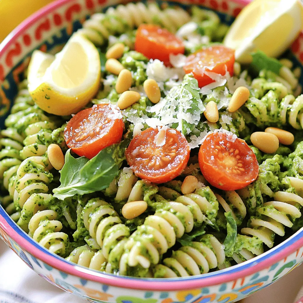 To make the Spring Greens Pesto Pasta Bowl, you will need the following ingredients: - 8 oz whole wheat pasta (fusilli or penne) - 2 cups fresh spinach - 1 cup arugula - 1/2 cup fresh basil leaves - 1/4 cup pine nuts (toasted) - 1/4 cup grated Parmesan cheese (plus extra for serving) - 2 garlic cloves, minced - 1/2 teaspoon lemon zest - 3 tablespoons olive oil - Salt and pepper to taste - Cherry tomatoes, halved (for garnish) - Fresh lemon wedges (for serving) Choosing fresh greens is key for this dish. Look for vibrant spinach, arugula, and basil. Fresh greens add bright flavors. For the best taste, select organic greens when you can. The pine nuts should be toasted for extra richness. You can find them pre-toasted or toast them yourself in a dry pan. Using high-quality Parmesan cheese enhances the overall flavor. If you need a vegan option, swap the Parmesan with nutritional yeast. For gluten-free pasta, choose rice or quinoa pasta. You can also use sunflower seeds instead of pine nuts if you have nut allergies. If you want to skip the garlic, try using onion powder for a milder flavor. Remember, cooking is all about adapting to your needs! For more details on how to prepare this dish, check the Full Recipe. Start by boiling a large pot of salted water. Once it boils, add 8 oz of whole wheat pasta. Cook it according to the package instructions. You want it to be al dente, so check a minute or two before the time is up. When done, reserve 1/2 cup of pasta water. Drain the pasta and set it aside. Grab your food processor for this step. Add 2 cups of fresh spinach, 1 cup of arugula, and 1/2 cup of fresh basil leaves. Toss in 1/4 cup of toasted pine nuts, 2 minced garlic cloves, and 1/2 teaspoon of lemon zest. Add 1/4 cup of grated Parmesan cheese and a pinch of salt and pepper. Pulse until everything is finely chopped. Now, keep the food processor running and slowly drizzle in 3 tablespoons of olive oil. This will make your pesto smooth and creamy. If it’s too thick, add some reserved pasta water to get your desired texture. Taste it, and adjust the seasoning as you like. In a large bowl, combine the cooked pasta with your spring greens pesto. Toss well to coat the pasta. If needed, add more of the reserved pasta water to loosen the sauce. Now, it's time to serve! Portion the pesto pasta into bowls. Top it with halved cherry tomatoes and a sprinkle of extra Parmesan cheese. Don't forget to serve fresh lemon wedges on the side for a bright touch. Enjoy this fresh and tasty dish! For the full recipe, check out the details above. To get the best pesto texture, focus on blending. Start with the soft greens: spinach, arugula, and basil. Add the toasted pine nuts and garlic next. Pulse until finely chopped. When you add olive oil, do it slowly. This helps create a smooth and creamy pesto. If it feels too thick, use the reserved pasta water. A little splash can make a big difference. Aim for a silky finish that clings to your pasta just right. Garnishes boost the dish's look and taste. Halved cherry tomatoes add a sweet pop. Sprinkle extra Parmesan cheese for richness. Fresh basil leaves on top give a bright touch. You can also add lemon wedges. A squeeze of lemon can brighten the whole dish. These little touches bring your Spring Greens Pesto Pasta Bowl to life. Cooking pasta to al dente is key for this dish. Start with a big pot of salted water. Bring it to a rolling boil before adding your pasta. Check the package for cooking time. Test the pasta a minute or two early. It should be firm but not hard. Drain it, but save some pasta water. This can help adjust your pesto later. Perfectly cooked pasta makes your meal shine. For the full recipe, refer back to the beginning. {{image_2}} You can easily make this dish vegan. Just skip the Parmesan cheese in the pesto. Instead, add nutritional yeast. It gives a cheesy flavor without dairy. Use your favorite plant-based pasta too. Whole wheat pasta is great, but options like chickpea or lentil pasta work well. For a gluten-free version, swap the whole wheat pasta for a gluten-free type. There are many tasty options out there. Brown rice or quinoa pasta can fit nicely. Check the packaging to ensure it cooks to al dente. The flavors of the pesto will still shine through. Want to boost the protein? Chickpeas are a great choice. You can add canned or cooked chickpeas directly to the pasta. Grilled chicken also works well. Just slice it thinly and place it on top. Both options make this dish more filling and hearty. For the full recipe, refer back to the Spring Greens Pesto Pasta Bowl. Enjoy your fresh and tasty meal! To keep your Spring Greens Pesto Pasta Bowl fresh, store leftovers in an airtight container. This helps avoid moisture and keeps flavors intact. Place the container in the fridge. Use the leftovers within three days for the best taste. When you're ready to enjoy your pasta again, reheat it gently. You can use the microwave or a skillet. If using the microwave, heat in short bursts. Stir the pasta after each burst to avoid hot spots. For the skillet, add a splash of water or olive oil. Heat over medium-low until warmed through. Freezing this dish is easy. First, let the pasta cool completely. Then, portion it into freezer-safe bags. Remove as much air as possible to prevent freezer burn. Label the bags with a date. You can freeze it for up to three months. To enjoy later, thaw overnight in the fridge before reheating. Following these steps will keep your Spring Greens Pesto Pasta Bowl tasty and ready to eat! Yes, you can use many types of greens. Kale, Swiss chard, or even collard greens work well. Each green adds its own flavor. You may want to mix and match for fun. Just make sure to chop them small for easy blending. Whole wheat pasta is my favorite for this dish. Fusilli or penne are great choices. They hold the sauce well. You can also use gluten-free pasta if needed. Just cook it according to the package instructions for best results. Pesto will last about a week in the fridge. Store it in an airtight container. If you see a layer of oil on top, it is still good. Just stir it back in before using. For longer storage, consider freezing it in ice cube trays. This blog post covered key ingredients and their selection for your dish. We discussed step-by-step cooking instructions, making spring greens pesto, and perfecting pasta. I shared tips to enhance flavors and ensure the perfect texture. Variations let you adapt the recipe to dietary needs. Finally, storage tips help keep your dish fresh. Remember, cooking is fun and allows for creativity. Enjoy making your delightful pasta with pesto!