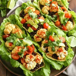 For the base of these tasty taco boats, you need: - 1 medium head of cauliflower, cut into small florets - 2 tablespoons olive oil - 1 teaspoon smoked paprika - 1 teaspoon cumin - 1/2 teaspoon chili powder - Salt and pepper to taste - 1/2 cup black beans, rinsed and drained - 1 cup cherry tomatoes, halved - 1 avocado, diced - 1/4 cup fresh cilantro, chopped - 1 lime, juiced - 4 large lettuce leaves (e.g., romaine or butter lettuce) These simple ingredients come together to create a fresh and spicy feast. The cauliflower acts as the main star, giving you a hearty bite. The spices bring warmth and flavor, while the black beans and veggies add color and crunch. You can customize your taco boats with fun toppings. Some great options include: - Sliced jalapeños for extra heat - Shredded cheese for a creamy touch - Sour cream or Greek yogurt for a cool contrast - Extra lime wedges for more zing - Sliced radishes for a crisp bite Mix and match these toppings to suit your taste. This way, you can make each taco boat unique and exciting. The ingredients in these taco boats offer several health benefits: - Cauliflower is low in calories and high in fiber, which keeps you full. - Black beans are a great source of protein and help with digestion. - Avocados contain healthy fats that are good for your heart. - Cilantro is rich in vitamins and adds a fresh flavor. - Lettuce leaves provide hydration and are very low in calories. Eating these taco boats gives you a tasty and nutritious meal. You can enjoy these delicious flavors without the guilt. For the full recipe, check out the details above. Start by washing the cauliflower. Cut it into small florets. You want them to be bite-sized. This helps them cook evenly. Place the florets in a large bowl. Add the olive oil, smoked paprika, cumin, chili powder, salt, and pepper. Toss everything together until the cauliflower is well-coated. This step builds flavor right from the start. Now, preheat your oven to 400°F (200°C). Spread the seasoned cauliflower on a baking sheet. Make sure they are in a single layer. This allows for even roasting. Roast the cauliflower for 25-30 minutes. Stir halfway through to ensure even cooking. The florets should be tender and slightly crispy when done. While the cauliflower roasts, prepare the toppings. In another bowl, mix black beans, cherry tomatoes, avocado, cilantro, and lime juice. Stir gently and add salt to taste. Once the cauliflower is ready, let it cool a bit. Take a large lettuce leaf and fill it with roasted cauliflower. Top it with the black bean mixture. Repeat this for all the lettuce leaves. For a fun presentation, arrange the taco boats on a platter and add extra cilantro and lime wedges. Enjoy your spicy cauliflower taco boats! For the full recipe, check the details above. Roasting cauliflower is easy but has some tips to make it great. First, cut the florets into small, even pieces. This helps them cook evenly. Second, make sure you coat them well with oil and spices. This will give you a nice, crispy edge. Roast at 400°F (200°C) for 25-30 minutes. Stir halfway through for even cooking. Look for a golden color and slight crispiness. This means they are ready to eat! When picking your cauliflower, look for a head with tight, white florets. Avoid any brown spots or wilting leaves. Fresh cherry tomatoes should be bright and firm. Check for any soft spots. For avocados, gently squeeze them. They should give a little but not be mushy. Fresh cilantro should be bright green and fragrant. These small choices make a big difference in taste. You can boost the flavor of your taco boats in many ways. Add lime juice for a zesty kick. A sprinkle of feta cheese adds creaminess. You can also mix in some corn or jalapeños for extra texture and heat. If you want more spice, try adding some hot sauce or chili flakes. These simple changes can turn your taco boats into a fun flavor adventure. For the full recipe, refer to the previous section. {{image_2}} While cauliflower shines in this recipe, you can swap it for other proteins. Try using black beans, lentils, or chickpeas for a hearty bite. If you want meat, ground turkey or chicken works well too. These swaps keep the meal tasty and fun. Just ensure you cook any meat thoroughly before adding it to your taco boats. To really kick up the heat, add more chili powder or diced jalapeños. For a milder version, skip the chili powder and use sweet paprika. You can also try adding a splash of hot sauce to the toppings. Adjusting the spice level lets you tailor the dish to your taste. Feel free to mix in other veggies for extra color and crunch. Bell peppers, zucchini, or corn can add a nice twist. Try roasting them alongside the cauliflower for great flavor. You can also top the taco boats with shredded carrots or sliced radishes for a fresh crunch. These veggie options keep the meal exciting and healthy. For the full recipe, remember to check the original instructions. Store your leftover taco boats in an airtight container. You can keep them in the fridge for up to three days. Make sure to separate the cauliflower from the toppings. This keeps everything fresh and tasty. To reheat the cauliflower, place it on a baking sheet. Heat it in the oven at 350°F (175°C) for about 10 minutes. This helps keep the cauliflower crispy. You can also use a microwave if you're in a hurry. Just warm it for about 1-2 minutes. You can freeze the roasted cauliflower for later use. Place it in a freezer bag and remove as much air as possible. It can last up to three months. When you’re ready to use it, thaw it in the fridge overnight. Then, reheat as mentioned above. For the toppings, it’s best to prepare them fresh. They don’t freeze well and taste best when fresh. You can find the full recipe for Spicy Cauliflower Taco Boats in the article. To make Spicy Cauliflower Taco Boats vegan, focus on the ingredients. The main components are already plant-based. Use cauliflower, beans, and fresh veggies. Just ensure your toppings do not contain dairy. For creaminess, substitute avocado for sour cream. You can also use a vegan cheese if desired. This keeps the dish tasty and completely vegan. Yes, you can prepare taco boats ahead. Roast the cauliflower in advance and store it. Keep the roasted cauliflower in the fridge for up to three days. You can also chop the veggies for the topping ahead of time. Just mix them right before serving to keep them fresh. Assemble the boats shortly before you eat for the best taste. If you want to switch out lettuce leaves, try other options. Use cabbage leaves for a crunchy twist. Endive leaves also work great for a crisp bite. You could even use large tortilla wraps for a fun change. Each of these options offers a different texture and flavor. Choose what you like best to create your taco boats. Spicy cauliflower taco boats are easy to make and healthy. We covered the key ingredients and their benefits, plus step-by-step instructions. Tips like selecting fresh produce and roasting techniques will ensure great flavor. You can also mix things up with different proteins or veggies. Finally, I shared how to store and reheat leftover taco boats. Enjoy your cooking, and don’t hesitate to get creative with this recipe!