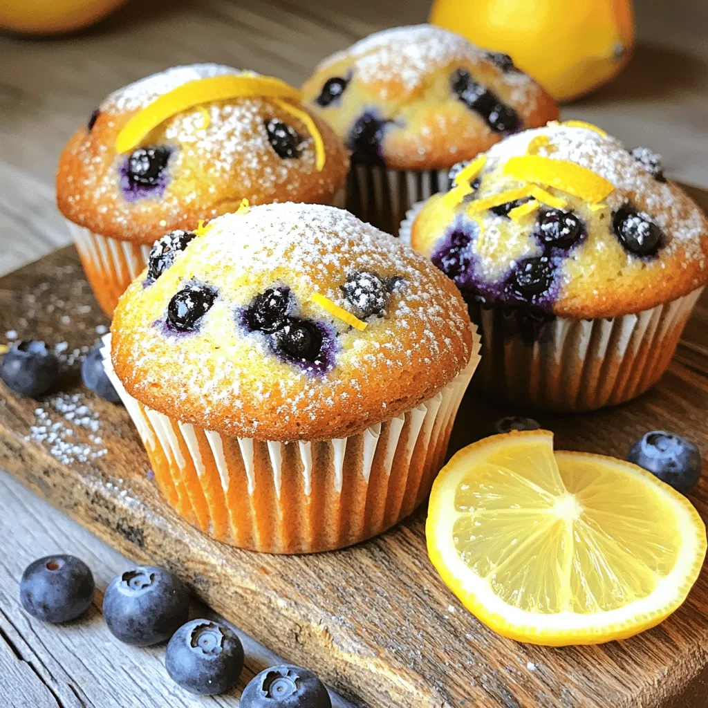 - 1 cup all-purpose flour - 1 cup whole wheat flour - 1 teaspoon baking powder - 1 teaspoon baking soda - ½ teaspoon salt - ½ cup granulated sugar - ¼ cup brown sugar, packed - 1 teaspoon lemon zest - 1 tablespoon lemon juice - 2 large eggs - ¾ cup buttermilk (or milk with 1 teaspoon vinegar) - ⅓ cup vegetable oil - 1 teaspoon vanilla extract - Optional: Turbinado sugar for topping To make moist and fluffy lemon blueberry muffins, you need the right mix of ingredients. Start with the dry ingredients. The mix of all-purpose flour and whole wheat flour gives a nice structure. Baking powder and baking soda help the muffins rise and stay light. Don’t forget the salt. It balances the sweetness. Next, we add sugars and flavorings. Granulated sugar adds sweetness, while brown sugar gives a hint of caramel flavor. Lemon zest and juice bring in that bright, zesty taste. This is what makes these muffins special. For the wet ingredients, eggs provide richness and help bind everything together. Buttermilk adds moisture and a bit of tang. Vegetable oil keeps the muffins tender. A splash of vanilla extract rounds out the flavors. If you want a sweet crunch on top, sprinkle some turbinado sugar before baking. You can find all these ingredients in your local store or pantry. For the full recipe and instructions, check out the section titled Full Recipe. - Preheat your oven to 375°F (190°C). - Line a muffin tin with paper liners or spray with non-stick cooking spray. - In a large bowl, combine the dry ingredients: all-purpose flour, whole wheat flour, baking powder, baking soda, and salt. Whisk until well combined. - In another bowl, mix the sugars with lemon zest. This step enhances the lemon flavor in your muffins. - In a medium bowl, whisk the wet ingredients: eggs, buttermilk, vegetable oil, lemon juice, and vanilla extract until smooth. - Gently pour the wet mixture into the bowl with the sugars. Mix until just combined. Gradually add the dry ingredients and stir gently. Do not overmix; this keeps the muffins fluffy. - Gently fold in the blueberries. Take care not to break them as you mix. - Divide the batter evenly among the muffin cups, filling each about two-thirds full. If you like, sprinkle a little turbinado sugar on top for added crunch. - Bake in the preheated oven for 18-22 minutes. Check with a toothpick; it should come out clean when done. - Once baked, let the muffins cool in the tin for about 5 minutes. Then, transfer them to a wire rack to cool completely. To avoid overmixing, mix the batter just until you see no dry flour. This keeps your muffins light and fluffy. Overmixing makes them dense and tough. When you add the blueberries, fold them in gently. This way, they stay whole and juicy, adding bursts of flavor. For the perfect muffin dome, fill the muffin cups about two-thirds full. This allows the batter to rise nicely. You can also try baking at a higher temperature for the first few minutes. It helps create that lovely dome shape we all love. Want more zing? Add an extra teaspoon of lemon zest to the batter. This will boost the lemon flavor and make the muffins pop. If you want a creamier texture, try using flavored yogurt instead of buttermilk. It adds a nice twist and keeps the muffins moist. Dust your muffins with powdered sugar right before serving. This gives them a lovely, sweet touch. Pair your muffins with fresh fruit on the side. Slices of lemon or a handful of berries make a beautiful and tasty presentation. For the full recipe, check out Zesty Lemon Blueberry Bliss Muffins. {{image_2}} You can change the fruit in your muffins. Raspberries or blackberries are great choices. They add a new taste and color. You can also try adding lemon curd or cream cheese inside. This will give your muffins a creamy surprise. Just spoon in some filling before you bake them. Both options create a fun twist on the classic recipe. If you want to make healthier muffins, swap out the oil. Use Greek yogurt instead. This adds moisture and protein. You can also choose gluten-free flour. There are many choices, like almond or oat flour. Both options work well and taste great. Try making lemon cranberry muffins during the holidays. The tart cranberries mix well with lemon. You can also add poppy seeds for a unique flavor. They give a nice crunch and look pretty too. This way, you can enjoy lemon muffins all year long. For the full recipe, check out the section above. Store your Lemon Blueberry Muffins in an airtight container. This keeps them fresh and moist. You can enjoy them for up to three days at room temperature. If you want them to last longer, keep them in the fridge for about a week. To freeze muffins, let them cool completely first. Wrap each muffin in plastic wrap, then place them in a freezer bag. This helps avoid freezer burn. You can freeze them for up to three months. For best quality, thaw muffins overnight in the fridge. You can also microwave them for about 30 seconds to warm. To reheat, use an oven set to 350°F (175°C). Heat muffins for about 10 minutes. This method keeps them fluffy. You can also use a microwave, but keep it short to avoid drying them out. Serve warm with a pat of butter or a drizzle of honey for extra flavor. Enjoy your delicious treat! To make your muffins moist, try adding more buttermilk. You can also use sour cream or yogurt. Mixing in a little extra lemon juice helps too. Another tip is to avoid overbaking. Check your muffins a few minutes early. A toothpick should come out clean but not dry. Yes, you can substitute some ingredients. If you don’t have whole wheat flour, use all-purpose flour instead. You can swap out buttermilk for regular milk mixed with vinegar. If you want less sugar, use honey or maple syrup. Just remember, these changes may affect taste and texture. If you use mini muffin tins, bake them for about 12-15 minutes. Keep an eye on them. They can bake faster than regular muffins. Check for doneness using a toothpick. It should come out clean when they are ready. If your muffins don’t rise, it might be due to old baking powder or baking soda. Always check expiration dates on these ingredients. Overmixing the batter can also cause flat muffins. Mix until just combined to avoid this. Lastly, make sure your oven is at the right temperature. Yes, you can use frozen blueberries! They work great in this recipe. Just fold them in directly without thawing. This helps keep the muffins moist. However, they may cause a slight color change in the batter. Don’t worry, they still taste amazing! For the full recipe, check out Zesty Lemon Blueberry Bliss Muffins. You learned how to make delicious lemon blueberry muffins with easy steps. We covered the right ingredients, from dry to wet, ensuring great flavor. I shared tips to get fluffy muffins and fun serving ideas. You can also try different fruits or healthier options. Store your muffins well for freshness. Baking can be fun and tasty! Enjoy your homemade treats!
