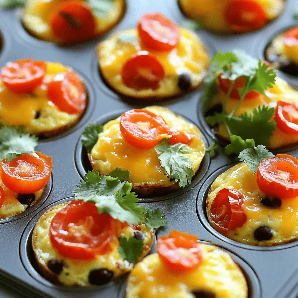 To make Tex Mex Egg Muffins, gather these simple and fresh ingredients: - 6 large eggs - 1 cup cherry tomatoes, halved - 1 bell pepper (red or green), diced - 1 small red onion, finely chopped - 1 cup cooked black beans, drained and rinsed - 1 cup shredded cheddar cheese - 1/2 teaspoon garlic powder - 1/2 teaspoon cumin - Salt and pepper to taste - Fresh cilantro, chopped (for garnish) - Cooking spray or olive oil (for greasing muffin tin) Using quality ingredients makes a big difference. I love the burst of flavor from the cherry tomatoes. The bell pepper adds a nice crunch. Black beans bring protein and fiber, making these muffins filling. Fresh cilantro on top gives it a fresh touch. This recipe is all about balance. You want the eggs to shine while the veggies add color and taste. Each bite is a mini explosion of Tex Mex goodness! For the full recipe, check the details above. - Preheat your oven to 375°F (190°C). - Grease a muffin tin with cooking spray or olive oil. - In a large mixing bowl, crack the eggs. - Whisk the eggs until they are well beaten. - Stir in garlic powder, cumin, salt, and pepper. - Mix these seasonings well for even flavor. - Add the halved cherry tomatoes, diced bell pepper, chopped onion, and black beans. - Stir until all ingredients are mixed. - Add half of the shredded cheddar cheese to the egg mixture. - Pour the egg mixture into the greased muffin cups. - Fill each cup about 3/4 full. - Sprinkle the remaining cheddar cheese on top of each cup. - Bake for 18-20 minutes. - Check if the muffins are set. A toothpick should come out clean. - Let the muffins cool for a few minutes. - Use a knife to gently release them from the tin. - Garnish with fresh cilantro before serving. These Tex Mex Egg Muffins are a great meal prep option. You can find the Full Recipe for all the details. Enjoy! To avoid sticking, always grease your muffin tin well. I prefer using cooking spray or olive oil. This will help the muffins pop out easily. If you use a silicone muffin pan, you may skip this step. Perfecting the bake time is key. I find that 18 to 20 minutes works best. Check for doneness by inserting a toothpick in the center. If it comes out clean, your muffins are ready. For added flavor, I suggest using spices like smoked paprika or chili powder. Mixing in fresh herbs, like cilantro or parsley, boosts taste too. Pairing these muffins with salsa or avocado can elevate your meal. A dollop of sour cream adds creaminess that balances the flavors well. For an extra kick, try hot sauce on top! For the full recipe, visit the recipe section above. {{image_2}} You can switch up the vegetables in your Tex Mex egg muffins. Spinach adds a nice green touch. Zucchini brings a soft texture and mild taste. These options keep your muffins fresh and fun. If you like cheese but want a dairy-free option, try using vegan cheese. It melts well and tastes great. Just make sure to check the package for the right amount to use. Want a vegan version? You can replace the eggs with chickpea flour. Mix one cup of chickpea flour with one cup of water. Add your spices and veggies, and bake as usual. This swap keeps the muffins tasty and plant-based. For a gluten-free option, use gluten-free flour instead of regular flour. You can also check that your cheese and other ingredients are gluten-free. This way, everyone can enjoy your muffins without worry. To keep your Tex Mex Egg Muffins fresh, store them in the fridge. Place the muffins in an airtight container. They will stay good for about four days. You can also wrap each muffin in plastic wrap for extra freshness. If you want to save them longer, freezing is a great option. Place the cooled muffins in a freezer-safe bag. Make sure to remove as much air as possible. They can last up to three months in the freezer. When it’s time to eat, you can reheat your muffins easily. The best method is using the oven. Preheat it to 350°F (175°C). Bake the muffins for about 10 to 15 minutes. This keeps them warm and fluffy. If you're in a hurry, use the microwave. Heat them for about 30 seconds to 1 minute. Check if they are warm enough. Enjoy them hot for the best taste! Can I make Tex Mex Egg Muffins ahead of time? Yes, you can make these muffins ahead of time. They store well in the fridge and make for an easy meal. Just bake them, cool, and then place them in a sealed container. How long do these muffins last in the fridge? These muffins last about 4 to 5 days in the fridge. Just make sure to keep them in an airtight container to keep them fresh. Can I serve these muffins cold? Absolutely! You can serve them cold or warm. If you prefer a warm muffin, just pop it in the microwave for a few seconds. What should I serve with Tex Mex Egg Muffins? These muffins pair well with salsa, avocado, or a dollop of sour cream. You can also serve them with a fresh salad for a complete meal. How can I adjust the spice level? To adjust the spice level, add more or fewer spices. You can use mild peppers or add jalapeños for heat. Taste your egg mixture before baking to find the right balance. For the full recipe, check out the details above. You now know how to make delicious Tex Mex Egg Muffins. We covered all the important steps, from using simple ingredients to perfecting your bake time. I shared tips for storing and reheating leftovers so nothing goes to waste. With variations for different diets, there’s something for everyone. Enjoy making this fun dish. It adds flavor to your meals and fits into any plan. Don’t hesitate to try new flavors and make them your own. Happy baking!