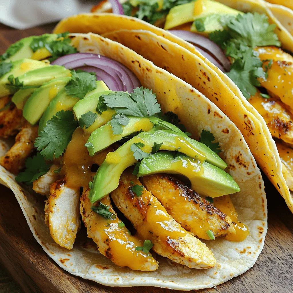 - Chicken breasts: boneless and skinless - Fresh produce: mango, avocado, red onion, and cilantro - Condiments: honey, soy sauce, lime juice - Spices: chili powder and ground cumin - Tortillas: small corn tortillas For these tacos, I use chicken breasts that are boneless and skinless. This choice keeps the dish light and tender. You will also want a ripe mango. The mango adds sweetness and a tropical twist. Next, grab some fresh produce. I like to use avocado for creaminess. Red onion adds a nice crunch and a bit of spice. Fresh cilantro gives a bright flavor to the tacos. The condiments are key to the glaze. Honey brings sweetness, while soy sauce adds depth. Lime juice gives a tangy kick that balances the flavors. Spices like chili powder and ground cumin add warmth. They really boost the flavor of the chicken. Finally, don't forget the tortillas. Small corn tortillas hold everything together perfectly. You can warm them in a pan or microwave for a soft bite. Enjoy the full recipe to see how all these ingredients come together! To make the glaze, first, gather your ingredients. You need diced mango, honey, soy sauce, lime juice, chili powder, and ground cumin. Place these in a blender. Blend them until smooth. This step is key for a good glaze. It should be thick but pourable. If it’s too thick, add a bit of water. If it’s too thin, blend in more mango. Marinating is important for great flavor. Place the chicken breasts in a bowl or a resealable bag. Pour half of the mango glaze over the chicken. Make sure to coat every part of the chicken. Cover and marinate for at least 30 minutes. If you have time, marinate for up to 2 hours. This will deepen the flavors. Heat a skillet over medium-high heat. Add olive oil to the skillet. Once hot, remove the chicken from the marinade. Cook the chicken for about 6-7 minutes on each side. You want it golden brown and fully cooked. To boost the flavor, baste the chicken with the remaining glaze during the last few minutes. Warm the corn tortillas in a skillet or microwave. This makes them soft and flexible. For each taco, place a few strips of chicken in the tortilla. Top it with sliced avocado, red onion, and fresh cilantro. The layers add texture and taste. Finally, drizzle any leftover mango glaze on top. Enjoy this burst of flavor! For the full recipe, check the earlier section. To make the chicken even tastier, you can try other ingredients. Pineapple juice adds a sweet and tangy touch. Orange juice works well too. You can also use garlic or ginger for extra flavor. For the best taste, marinate the chicken for at least 30 minutes. If you have time, let it soak for up to 2 hours. This allows the flavors to really soak in. To keep your chicken juicy, use medium-high heat when cooking. This ensures the chicken cooks through without drying out. Always check the internal temperature. It should reach 165°F for safe eating. Avoid overcooking by setting a timer. Cook each side for about 6-7 minutes. If the chicken looks too brown, lower the heat. Basting with the glaze during the last few minutes adds great flavor. Get creative with taco toppings! Try adding shredded cheese, jalapeños, or a squeeze of lime. You can also use pickled vegetables for a tangy crunch. For sides, fresh corn salad or black beans pair nicely with these tacos. You can also serve them with rice or chips and salsa. These sides balance the meal and add more flavor. For the full recipe, be sure to check the details listed above! {{image_2}} You can easily switch chicken for tofu or jackfruit. For tofu, use firm blocks. Press it to remove moisture. Cut it into cubes for a nice texture. For jackfruit, use young green jackfruit. Drain and rinse it, then shred it. Adjust the glaze to fit vegetarian tastes. You can keep the mango, honey, and lime juice. Switch soy sauce for a low-sodium version. This keeps the flavor while making it healthier. If you love heat, add fresh jalapeños or cayenne pepper. You can also mix in some hot sauce. These additions will kick up the spice. For kids or those who prefer mild flavors, skip the chili powder. You can replace it with paprika or just use less spice. This keeps the tacos fun for everyone. Many fruits can replace mango for a twist. Try pineapple or peach for sweet and tangy flavors. These fruits add a unique touch to your glaze. You can also change the spices in your glaze. Try adding garlic powder or smoked paprika. These can give your tacos new and exciting flavors. To keep your leftover tacos fresh, start by refrigerating them. Place tacos in a container with a tight lid. This helps keep out moisture and air. Use glass or plastic containers that seal well. If you have extra chicken and glaze, store them separately. This keeps everything fresh for longer. When you’re ready to enjoy your leftover tacos, use a few simple methods to reheat them. For the chicken, heat it in a skillet over medium heat. Add a splash of water or broth to keep it moist. You can also use a microwave, but be careful not to overcook it. For tortillas, warm them in a dry skillet for a few seconds on each side. This keeps them soft and tasty. Always ensure the chicken is hot throughout for the best flavor. If you have more tacos than you can eat, freezing is a great choice. Wrap each taco tightly in plastic wrap or aluminum foil. Place them in a freezer-safe bag or container. This helps stop freezer burn and keeps flavors intact. When you’re ready to eat, thaw the tacos in the fridge overnight. Heat them gently to keep the texture just right. You can also reheat from frozen, but it may take a bit longer. Enjoy making Spicy Mango Glazed Chicken Tacos again and again! Check the Full Recipe for more details. If you need a substitute for mango, try peach or pineapple. Both fruits offer sweetness and a similar texture. You could also use apricot for a different twist. Adjust the sugar in the glaze as needed. Yes! You can use flour or whole wheat tortillas as well. If you prefer a gluten-free option, try corn or almond flour tortillas. Each type brings a unique flavor and texture to the tacos. These tacos can last about three days in the fridge. Store the chicken and toppings separately to keep them fresh. Make sure to use an airtight container for the best results. This recipe contains soy sauce, which has soy. It also includes honey, a potential allergen for some people. If you have allergies, check labels for any added ingredients. Yes, you can marinate the chicken a day before. Cook the chicken just before serving for the best flavor. Prepare toppings and tortillas ahead too. This saves time and makes serving easier. For the full recipe, check out the details above. In this article, we explored how to make Spicy Mango Glazed Chicken Tacos. We covered key ingredients such as chicken, fresh mango, and spices. You learned step-by-step instructions for preparing the glaze, marinating chicken, and assembling the tacos. Tips for perfecting your dish and fun variations were also shared. These tacos are tasty and easy to make. Enjoy creating your own flavorful version at home!