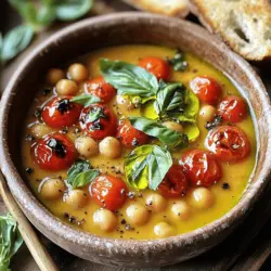 This Roasted Tomato Basil Chickpea Soup makes a warm, tasty meal. It combines sweet roasted tomatoes and hearty chickpeas. You will enjoy every spoonful of this rich soup. The blend of fresh basil adds a bright twist. You can find the full recipe at the end. - 2 cups cherry tomatoes, halved - 1 can (15 oz) chickpeas, drained and rinsed - 1 medium onion, diced - 3 cloves garlic, minced - 4 cups vegetable broth - 1/2 cup fresh basil leaves, chopped - 1 tablespoon olive oil - 1 teaspoon balsamic vinegar - Salt and pepper to taste - Red pepper flakes (optional, for heat) You can swap some ingredients if needed. Use canned tomatoes instead of fresh cherry tomatoes. This works well and saves time. If you want a different flavor, try cannellini beans in place of chickpeas. For a gluten-free broth, find a certified gluten-free vegetable broth. Don't have fresh basil? Use dried basil, but cut the amount in half. Always taste and adjust the seasoning to fit your taste. 1. Preheat oven Start by preheating your oven to 400°F (200°C). This step is key for roasting. 2. Roast cherry tomatoes On a baking sheet, toss the halved cherry tomatoes with olive oil, salt, and pepper. Spread them in a single layer. Roast for 25-30 minutes. Watch as they blister and caramelize, which boosts their flavor. 1. Sauté onion and garlic In a large pot, heat a little olive oil over medium heat. Add the diced onion and minced garlic. Sauté for about 5 minutes until the onion turns translucent. 2. Combine ingredients Stir in the roasted tomatoes and drained chickpeas. Cook for another 2-3 minutes. This melds the flavors nicely. Pour in the vegetable broth and balsamic vinegar. Let it simmer for 10-15 minutes. 1. Using an immersion blender Take your immersion blender and blend the soup. Go for your desired texture, whether smooth or chunky. 2. Achieving desired texture Mix in the chopped basil as you blend. This adds a fresh touch. Taste and season with salt, pepper, and optional red pepper flakes for heat. Simmer for another 5 minutes to warm through. This method ensures a flavorful, comforting soup. Enjoy it with crusty bread for a complete meal. For the full recipe, refer to the main section. To boost the flavor of your roasted tomato basil chickpea soup, consider these seasonings: - Basil: Fresh basil adds a sweet and aromatic touch. - Oregano: This herb gives a warm and earthy flavor. - Thyme: A little thyme can enhance the depth of taste. - Cumin: It brings a warm, nutty flavor that pairs well with chickpeas. Using fresh ingredients is key. Fresh tomatoes taste better than canned ones. Fresh garlic adds a strong and zesty kick. Always choose high-quality olive oil for a rich flavor. For garnishes, try: - Olive oil drizzle: A swirl on top adds richness. - Fresh basil leaves: Sprinkle them for a pop of color and flavor. - Crusty bread: Serve it on the side for a satisfying dip. Pair your soup with a simple salad. A fresh green salad can balance the meal. You might also serve it with grilled cheese for comfort. Avoid overcooking the tomatoes. They should blister but not turn mushy. Do not skip blending the soup; it creates a creamy texture. Don’t forget to taste as you season. You want to find the right balance. Lastly, watch your salt. Too much can overpower the soup. For the complete recipe, please refer to the [Full Recipe]. {{image_2}} You can easily adapt this soup for different diets. For a vegan option, simply ensure all ingredients are plant-based. The chickpeas and vegetables provide great protein. You can skip the balsamic vinegar if you want to keep it simple. If you need a gluten-free version, this soup is already gluten-free. Just check your broth to make sure it meets your needs. Adding spices can really change the taste. Try cumin for a warm touch or smoked paprika for a smoky flavor. Red pepper flakes can add some heat, so sprinkle as desired. Herbs can also make a big difference. You could use thyme or oregano instead of basil. Fresh herbs bring bright flavors, while dried herbs offer convenience. Swapping legumes can be fun. Instead of chickpeas, use black beans or lentils. Each legume offers a unique taste and texture that can change the soup. You can also switch up the tomatoes. Use diced canned tomatoes for a thicker soup. Sun-dried tomatoes can add a rich, sweet flavor. Experiment to find your favorite mix. For the full recipe of this Roasted Tomato Basil Chickpea Soup, check out the earlier section. To keep your roasted tomato basil chickpea soup fresh, store it in the fridge. Use an airtight container. It will last for about 4 to 5 days. Make sure to let it cool before sealing. This helps prevent condensation. Freezing soup is a great way to save it for later. Cool the soup completely before freezing. Use freezer-safe bags or containers. Leave some space for expansion. Label with the date. The soup will stay good for up to 3 months. For best taste, eat it within a month. When you're ready to eat, take out the soup. Thaw it in the fridge overnight. You can reheat in a pot over medium heat. Stir often to prevent sticking. If it seems thick, add a splash of broth or water. You can also use the microwave. Heat in 30-second bursts, stirring in between. Enjoy your soup warm! For the full recipe, check out the complete instructions. To make this soup vegan, you can use vegetable broth. All the other ingredients are plant-based. This soup naturally fits a vegan diet. If you want more depth, try adding nutritional yeast. It gives a cheesy flavor without dairy. Yes, you can use canned tomatoes in place of fresh cherry tomatoes. Look for whole or diced canned tomatoes. Drain them well before adding to the pot. Canned tomatoes save time and still taste great. However, fresh tomatoes add a sweeter taste when roasted. Your soup will last about five days in the fridge. Make sure to store it in an airtight container. Reheat it gently on the stove or in the microwave. If the soup thickens too much, add a splash of broth or water. This soup pairs well with crusty bread or a green salad. You can also serve it with a sprinkle of cheese on top. For a fun twist, add a dollop of sour cream or a drizzle of olive oil. These add richness and extra flavor to your meal. This blog post walked you through making a hearty roasted tomato basil chickpea soup. You learned about key ingredients and their substitutes. The step-by-step guide made cooking easy, and our tips helped enhance flavor and avoid common mistakes. Variations let you adapt the recipe to fit your diet. Proper storage tips ensure your soup stays fresh. Enjoy this comforting dish, and don’t hesitate to experiment! Cooking should be fun and creative.