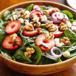 - 4 cups fresh baby spinach leaves - 1 cup strawberries - 1/2 cup feta cheese - 1/4 cup toasted walnuts or pecans - 1/4 red onion - Dressing ingredients: balsamic vinegar, honey, olive oil, salt, and pepper Selecting fresh ingredients is key to making a great salad. - How to choose ripe strawberries: Look for bright red berries. They should be firm and have a sweet smell. Avoid any that are green or mushy. - Best practices for selecting fresh spinach: Choose dark green spinach leaves. They should be crisp and free from wilting. Avoid any leaves that feel slimy. - Choosing the right nuts for texture: Toasted walnuts or pecans add crunch. Make sure they are fresh and not stale. Store nuts in a cool place for best taste. Using fresh, quality ingredients makes your salad stand out. For the full recipe, check out the recipe section. 1. Washing and preparing the spinach Start by rinsing the fresh baby spinach leaves. Use cold water to remove dirt. Gently shake off excess water. Dry the spinach with a clean towel or salad spinner. This step keeps your salad crisp. 2. Slicing strawberries and onions Hull the strawberries and slice them into thin pieces. Aim for even slices for a nice look. Next, peel the red onion and slice it thinly. A sharp knife helps make this easier. Set these aside for later. 3. Toasting nuts (optional) If you choose to use nuts, preheat a pan over medium heat. Add the walnuts or pecans, stirring often. Toast them for about 5 minutes until golden brown. This step brings out the flavor and crunch. 1. Layering the ingredients In a large salad bowl, place the spinach as the base. Next, arrange the sliced strawberries on top. Sprinkle the crumbled feta cheese and toasted nuts over the salad. Then, add the thin onion slices. 2. Drizzling the dressing In a small bowl, whisk together balsamic vinegar, honey, olive oil, salt, and pepper. Once mixed, drizzle the dressing over the salad. This adds flavor and brings everything together. 3. Tossing the salad Use salad tongs to gently toss the salad. Make sure every piece gets some dressing. Taste the salad and add more salt or pepper if needed. This step ensures a balanced flavor. 1. Ideal serving dishes Use a large bowl for serving. It allows guests to easily help themselves. A clear glass bowl shows off the colorful layers. 2. Best practices for presentation Arrange the salad neatly with layers visible. You can add extra strawberries or nuts on top for a pop. A sprinkle of feta cheese adds a nice touch too. 3. Pairing with main courses This salad pairs well with grilled chicken or fish. It also complements pasta dishes. Serve it as a light lunch or a fresh side at dinner. For the full recipe, check out the detailed instructions above. To make your Fresh Strawberry Spinach Salad taste just right, start with sweetness. You can adjust the sweetness using honey. Just add a bit more or less to fit your taste. Next, enhance the flavors with different cheeses. Feta adds a salty bite, while goat cheese gives a creamy touch. Try both and see what you like best. Finally, add some zest with citrus. A squeeze of lemon or lime brightens the salad and balances the flavors. One common mistake is overdressing the salad. Too much dressing can drown the flavors. Use just enough to coat the leaves. Another mistake is using wilted spinach. Always choose fresh, crisp spinach leaves for the best taste. Lastly, don’t forget to season adequately. A pinch of salt and pepper can make a big difference in flavor. For mixing your salad, a large bowl works best. Look for a bowl that is deep enough to toss the salad well. A good whisk is essential for mixing the dressing. Choose one that fits comfortably in your hand. Finally, have serving utensils ready. Tongs or salad forks make serving easy and fun. For the full recipe, check out the [Full Recipe]. {{image_2}} You can mix up the fresh strawberry spinach salad with different fruits. Here are some great options: - Blueberries - Raspberries - Kiwi slices For nuts, try these alternatives: - Almonds - Pecans - Sunflower seeds If you want a vegan option for cheese, consider these: - Crumbled tofu - Vegan feta - Nutritional yeast To add a spicy kick, you can use arugula instead of spinach. This will give a nice bite to your salad. For a tangy twist, try a citrus dressing made with lime or orange juice. It brightens the flavors well. You can also add fresh herbs like basil or mint for an herbed version. This adds depth and freshness. In summer, add peaches for a juicy flavor boost. Their sweetness pairs well with strawberries. Fall is perfect for sliced apples, which bring crunch and spice. For winter, use pomegranate seeds. They add color and a sweet-tart taste. These seasonal swaps keep your salad exciting all year long. When you want to try these variations, check the Full Recipe for the main ingredients and instructions. To keep your leftover salad fresh, use an airtight container. Glass or plastic containers work well. Make sure the lid seals tightly to keep air out. Place the salad in the fridge right after eating. This helps preserve the flavors and crunch of the greens. This salad lasts about three days in the fridge. After that, the spinach may wilt, and the strawberries might get mushy. Look for any slimy texture or off smells. If you see these signs, it’s best to toss the salad. To refresh wilted greens, rinse them under cold water. Pat them dry with a paper towel. This can perk them up nicely. You can also add new toppings to boost flavor. Try adding some fresh strawberries or nuts for a delicious twist. Yes, you can prepare this salad ahead of time. However, I suggest you keep the dressing separate. This keeps the spinach fresh and crisp. Add the dressing just before serving for the best taste. I love using a light balsamic vinaigrette. It adds sweetness and tang. You can easily make it with balsamic vinegar, honey, and olive oil. This dressing pairs well with the strawberries and feta. To make the salad more filling, add protein. Grilled chicken or chickpeas work great. You can also add more nuts or seeds for extra crunch and nutrition. This will make the salad a complete meal. Absolutely! All the ingredients in this salad are naturally gluten-free. Just make sure to use gluten-free nuts and check the dressing to ensure it contains no gluten. This salad is safe for those with gluten sensitivities. I recommend using fresh strawberries for the best flavor and texture. Frozen strawberries can be mushy when thawed. If you must use them, drain any excess juice and add them right before serving. This blog post covered how to make a fresh strawberry spinach salad. You learned the best ingredients, preparation tips, and how to store leftovers. I shared tricks to avoid common mistakes and offered tasty variations. Enjoy creating this vibrant dish with your unique touch. Fresh salads can boost health and delight taste buds. Explore and experiment to make it your own. Each bite will be worth it!