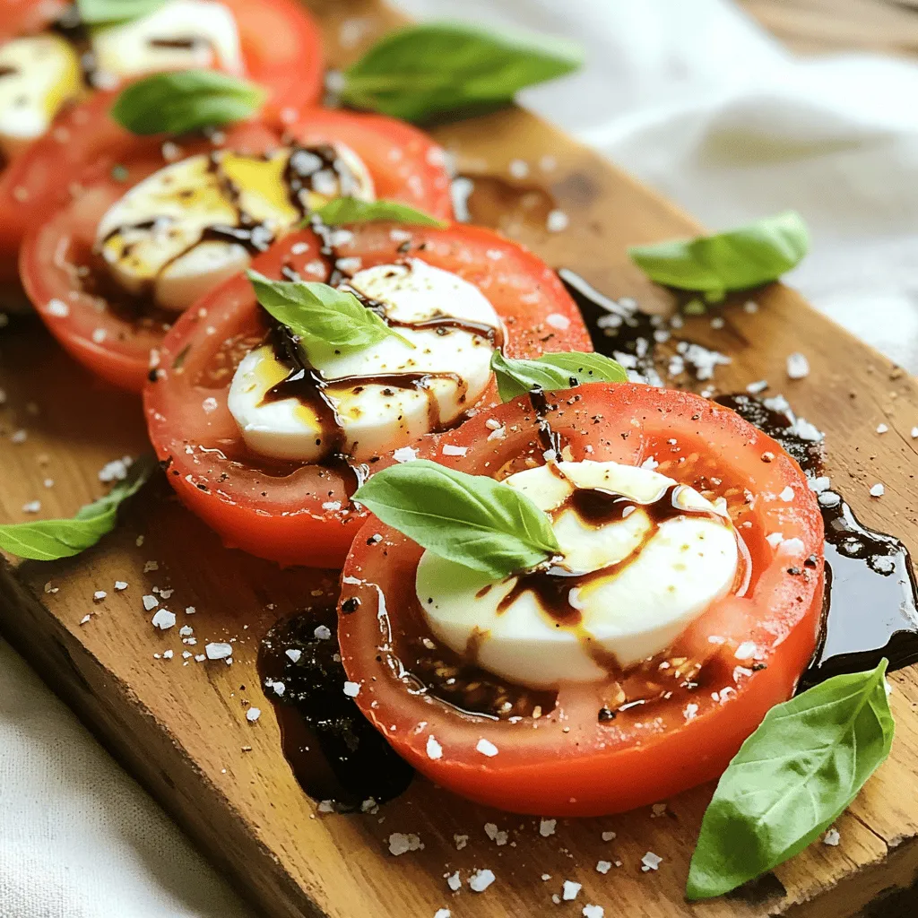 To make an Easy Caprese Salad, you need fresh ingredients. Here’s what you will need: - 2 large ripe tomatoes, sliced - 8 oz fresh mozzarella cheese, sliced - 1 cup fresh basil leaves - 3 tablespoons balsamic glaze - 2 tablespoons extra virgin olive oil - Sea salt and freshly cracked black pepper to taste Each ingredient brings its own flavor. The tomatoes add juiciness, the mozzarella adds creaminess, and the basil adds freshness. Balsamic glaze gives a sweet tang. Olive oil ties it all together. When picking tomatoes, look for ripe ones. Varieties like heirloom or vine-ripened work well. They should feel heavy for their size. The skin should be smooth and slightly shiny. Avoid tomatoes with blemishes or soft spots. Good tomatoes make a great salad. For the best flavor, use fresh mozzarella. Look for cheese that feels moist and soft. You can find it in balls or sliced. If using a ball, slice it into even pieces to match your tomato slices. This keeps the look nice and the taste balanced. To start, choose two large, ripe tomatoes. Look for bright colors and a slight give when you press. Rinse them under cold water. Then, slice them into even pieces, about half an inch thick. This thickness helps the tomatoes hold their shape. Place the slices on a clean plate while you prepare the cheese. Next, grab your fresh mozzarella cheese. It should be soft and moist for the best taste. Slice it into pieces that match the thickness of your tomato slices. This step is key for balance in flavor and texture. Lay the mozzarella slices on the same plate with the tomato slices. Now, it’s time to layer your salad. Take a large serving platter and start with a tomato slice. Place a mozzarella slice on top. Repeat this process, alternating between tomato and mozzarella. Tuck fresh basil leaves between each layer for a pop of color and flavor. Once you finish layering, drizzle extra virgin olive oil and balsamic glaze on top. Sprinkle with sea salt and freshly cracked black pepper. This will enhance the fresh taste of your Easy Caprese Salad. For the full recipe, refer to the earlier section. Enjoy your beautiful creation! Use the freshest ingredients for the best flavor. Choose ripe, vibrant tomatoes. Look for those that feel slightly soft but firm. Fresh mozzarella should be creamy and moist. If you can, buy it from a local market. Fresh basil leaves should be bright green with no browning. Always wash the basil gently to avoid bruising. Simple seasonings make a big difference. Use high-quality extra virgin olive oil to add depth. Balsamic glaze brings sweetness and tang. A sprinkle of sea salt enhances all the flavors. Freshly cracked black pepper adds a nice kick. Taste as you go. Adjust the seasonings to your liking. Presentation matters in making your salad shine. Arrange layers of tomatoes and mozzarella in a circle. Tuck basil leaves in between for color. Drizzle olive oil and balsamic glaze on top. Serve on a rustic wooden board or colorful platter. Garnish with extra basil leaves for extra flair. This makes any meal feel special. For the full recipe, check out the Deconstructed Caprese Delight. {{image_2}} You can make your Caprese salad unique with fun add-ons. Try adding sliced avocado for creaminess. It pairs well with the cheese and tomatoes. You can also add slices of prosciutto for a salty kick. Olives bring a briny taste that elevates the dish. For a crunch, sprinkle some toasted pine nuts or walnuts on top. These little touches can change the flavor and texture of your salad. To give your salad a Mediterranean flair, swap fresh mozzarella with feta cheese. Feta adds a tangy bite that works great with the tomatoes. You can also mix in some diced cucumbers for extra freshness. Add sun-dried tomatoes for a rich flavor. A sprinkle of oregano or thyme can enhance the Mediterranean vibe. These twists keep your salad exciting and flavorful. If you want a vegan Caprese salad, use plant-based mozzarella or skip the cheese entirely. You can replace it with marinated tofu or even avocado for creaminess. Drizzle some lemon juice instead of balsamic for a zesty touch. This way, you can enjoy a fresh salad without dairy. The flavors will still shine through, and it stays delicious and vibrant. Storing leftover Caprese salad is simple. First, remove any extra basil leaves. They can wilt quickly. Place the remaining salad in a container. Make sure it has a lid. This keeps the salad fresh. You can also cover it with plastic wrap if needed. Avoid mixing in the dressing until you eat it. This keeps the salad from getting soggy. Choose a container that seals well. Glass containers are great for storage. They don't keep smells and are easy to clean. If you prefer plastic, make sure it is BPA-free. These containers help prevent leaks. For smaller portions, use small jars or bowls. This way, you can grab a quick snack later. Leftover Caprese salad lasts about 1 to 2 days in the fridge. After that, the ingredients lose their crispness. To keep it fresh longer, store it in the coldest part of your fridge. Keep it away from fruits like apples or bananas. These fruits give off gases that speed up spoilage. For the best taste, enjoy your Caprese salad as soon as you can. For the Full Recipe, you can revisit the original dish anytime! The key ingredients are simple and fresh. You need: - 2 large ripe tomatoes, sliced - 8 oz fresh mozzarella cheese, sliced - 1 cup fresh basil leaves - 3 tablespoons balsamic glaze - 2 tablespoons extra virgin olive oil - Sea salt and freshly cracked black pepper These ingredients bring together bright flavors. The tomatoes add sweetness, while the mozzarella gives creaminess. Fresh basil offers a fragrant touch. Olive oil and balsamic glaze tie it all together, enhancing the taste. You can prepare some parts ahead of time, but it is best to serve fresh. Slice the tomatoes and mozzarella a few hours before serving. Keep them in the fridge to stay cool. Add basil, olive oil, and balsamic glaze just before serving. This keeps the salad vibrant and tasty. Caprese salad hails from Italy, specifically the island of Capri. It reflects the colors of the Italian flag: red, white, and green. This dish celebrates fresh, local ingredients. Over time, it gained popularity worldwide. Now, many enjoy this simple yet elegant salad at home and in restaurants. In this blog post, we explored how to make a delicious Caprese salad. We covered the key ingredients and shared tips for choosing tomatoes and cheese. You learned step-by-step instructions for preparing and assembling the salad. We also shared helpful tips for freshness and presentation. Don't forget to try the fun variations and storage tips. Enjoy making this simple dish that brightens any meal!