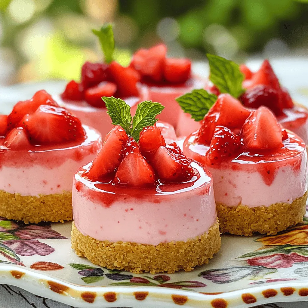 To make these mini strawberry cheesecakes, gather the following items: - 1 cup graham cracker crumbs - 4 tablespoons unsalted butter, melted - 2 tablespoons sugar - 8 ounces cream cheese, softened - 1/2 cup powdered sugar - 1/2 teaspoon vanilla extract - 1 cup sour cream - 1 cup fresh strawberries, pureed - 1/2 cup fresh strawberries, diced, for topping - Optional: Mint leaves for garnish You will need some basic kitchen tools to create these delights: - 12-cup muffin tin - Cupcake liners - Mixing bowls - Electric mixer or whisk - Measuring cups and spoons - Spatula - Baking sheet For a touch of flair, consider these garnishes: - Fresh mint leaves - Whipped cream - Strawberry sauce - Extra diced strawberries Using fresh ingredients will make your cheesecakes even more delicious! You can find the full recipe within this section. When you gather everything, you’ll be ready to make a treat loved by all. To start, gather your ingredients for the crust. You will need graham cracker crumbs, melted butter, and sugar. In a medium bowl, mix the graham cracker crumbs with melted butter and sugar. Make sure the crumbs are well coated. This keeps the crust firm and tasty. Next, take about one tablespoon of the crumb mixture and press it into each cupcake liner. This forms a nice base for your cheesecakes. Preheat your oven to 325°F (160°C) and bake the crusts for 5 minutes. Once done, take them out and let them cool while you work on the filling. Now, let’s focus on the cheesecake filling. In a large mixing bowl, blend the softened cream cheese, powdered sugar, and vanilla extract. Mix until it’s smooth and creamy. This step is key for a rich flavor. After that, add the sour cream and pureed strawberries to the bowl. Blend everything together until it is fully combined. The filling should be smooth without lumps. This mixture is what will give your mini cheesecakes their delicious taste. Now, it’s time to assemble and bake. Pour the strawberry cheesecake filling evenly over each crust in the cupcake liners. Fill them about three-quarters full to allow room for expansion. Bake in the oven for 15 to 18 minutes. The cheesecakes should be set but still a bit jiggly in the center. Once baked, take them out and let them cool at room temperature for about 30 minutes. After that, place them in the fridge for at least 2 hours to chill. Chilling helps the flavors meld together beautifully. You can find the full recipe for these mini strawberry cheesecakes to guide you through each step effectively! To get a smooth and creamy texture, start with softened cream cheese. Cold cream cheese will not blend well. Use a hand mixer or stand mixer for the best results. Mix until there are no lumps. This step is key for a velvety finish. Also, add sour cream at room temperature for better mixing. Avoid overbaking your mini cheesecakes. They should still jiggle in the center. If you bake them too much, they will crack. Always let them cool at room temperature before refrigerating. This helps them set without getting too firm. Another mistake is not chilling long enough. Chilling for at least two hours makes a big difference in taste. For a lovely presentation, arrange your mini cheesecakes on a pretty platter. Top each cheesecake with diced strawberries for freshness. You can also drizzle some strawberry sauce around them for flair. Mint leaves add a nice touch too. These little details make your dessert look gourmet. For more ideas, check out the Full Recipe for creative serving tips. {{image_2}} You can switch up the flavor of these mini cheesecakes easily. One fun option is a chocolate strawberry cheesecake. Just mix in 1/4 cup of cocoa powder with the cream cheese and sugar. This adds a rich chocolate taste. You can also use melted chocolate in the filling for a deeper flavor. Another option is to add lemon zest for a bright, zesty twist. If you want to make these cheesecakes dairy-free, you can use alternatives. Swap the cream cheese for a dairy-free cream cheese. Use coconut cream instead of sour cream. These changes keep the taste creamy and rich. You can also replace butter with coconut oil for the crust. This makes the dessert vegan, too. Toppings can change the look and taste of your mini cheesecakes. You can use fresh blueberries or raspberries for a colorful touch. A drizzle of chocolate sauce adds extra sweetness. Try crushed nuts like almonds or walnuts for a crunchy texture. You can also add a layer of strawberry sauce on top for a fruity burst. For the full recipe, check out the details above. After enjoying your mini strawberry cheesecakes, store any leftovers in the fridge. I recommend using an airtight container. This keeps them fresh and tasty. If you use plastic wrap, make sure it covers them well. Leftovers can last up to 3 days in the fridge. You can freeze mini cheesecakes for later. First, let them cool completely. Place each cheesecake in a single layer on a baking sheet. Freeze them for about 1-2 hours. Once firm, wrap them in plastic wrap. Then, place them in a freezer-safe bag or container. They can stay in the freezer for up to 3 months. When ready to eat, thaw them in the fridge overnight. For the best taste, eat mini cheesecakes within a few days. The flavor and texture are best fresh. If you freeze them, make a note of the date. Always check for any signs of freezer burn before using. For the best results, serve them chilled. This keeps them creamy and delicious. For more details, check the Full Recipe. Yes, you can make these mini cheesecakes a day in advance. They chill well in the fridge. Just be sure to cover them with plastic wrap. This keeps them fresh and moist. When you are ready to serve, add the diced strawberries and mint garnish. They will taste just as great! If you want a different taste or need a dairy-free option, try using Greek yogurt. It offers a similar texture. You can also use silken tofu for a vegan choice. Blend it until smooth for the best result. Both options will give you a creamy base. To make no-bake mini cheesecakes, skip the baking step. After making the crust, fill each liner with the cheesecake mix. Then, chill them for at least 4 hours or overnight. This will help them set nicely. You will get a creamy and refreshing treat without turning on the oven. For the full recipe, check out the [Full Recipe]. You now know how to make delicious mini cheesecakes. We covered the key ingredients and essential equipment. I shared tips for achieving the perfect texture and avoiding common mistakes. You also learned fun flavor variations and the best ways to store leftovers. Mini cheesecakes are versatile and easy to enjoy anytime. With these steps, you can impress friends and family with your baking skills. Happy baking and enjoy every bite!