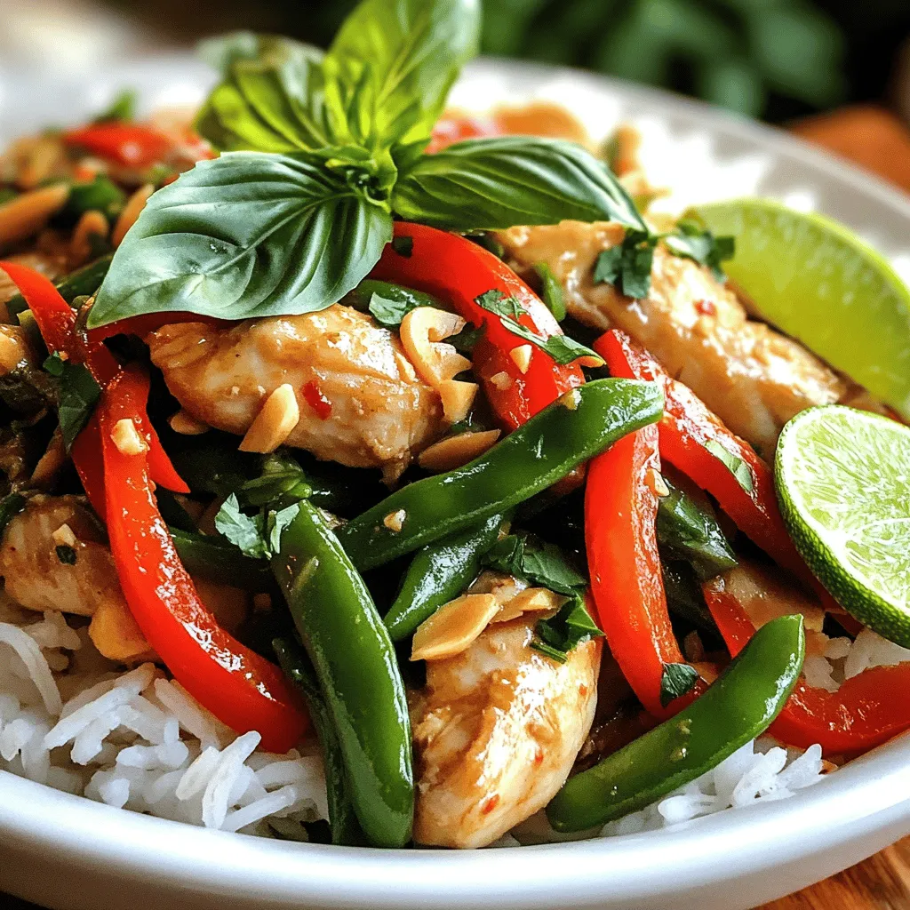 - 1 lb chicken breast, sliced thinly - 2 cups fresh Thai basil leaves - 1 red bell pepper, sliced - 4 cloves garlic, minced - 2 shallots, thinly sliced - 2-3 Thai bird chilies, finely chopped - 1 cup green beans, trimmed and cut in half In this recipe, chicken breast is key. It cooks quickly and stays juicy. Thai basil adds a unique, aromatic flavor. The fresh vegetables bring color and crunch to the dish. - 2 tablespoons soy sauce - 1 tablespoon fish sauce - 1 tablespoon oyster sauce (optional) - 1 teaspoon sugar - Salt and pepper to taste Sauces and seasonings make this dish shine. Soy sauce gives that umami kick. Fish sauce adds depth, while oyster sauce (if you choose) enhances the flavor. Adjust the sugar for balance, and don’t forget the salt and pepper. - Jasmine rice or steamed rice - Additional basil leaves for garnish - Lime wedges on the side Serving Thai Basil Chicken over jasmine rice is a must. It soaks up the sauce well. A few extra basil leaves on top brighten the dish. A lime wedge adds a burst of freshness. For a truly delightful meal, serve it hot and enjoy! This is just one way to savor the Full Recipe. First, gather all your ingredients. For this dish, you need chicken, vegetables, and sauces. - Chicken: Use 1 pound of chicken breast. Slice it thinly for quick cooking. - Vegetables: Prepare 4 cloves of minced garlic, 2 shallots thinly sliced, 1 red bell pepper sliced, and 1 cup of green beans trimmed and cut in half. - Chilies: Use 2-3 Thai bird chilies, chopped finely. Adjust the amount to control spiciness. - Thai Basil: Grab 2 cups of fresh Thai basil leaves. This gives the dish its unique flavor. Now, combine the sauces. In a small bowl, mix together 2 tablespoons of soy sauce, 1 tablespoon of fish sauce, and 1 teaspoon of sugar. If you like, add 1 tablespoon of oyster sauce for extra depth. Set this mixture aside for later. Get your skillet or wok ready. Heat 2 tablespoons of vegetable oil over medium-high heat. Add the minced garlic and shallots. Sauté them for about 1 minute until they smell great. Next, add the chicken slices to the hot skillet. Stir-fry the chicken for about 5 to 7 minutes. Look for a nice golden brown color and make sure it’s cooked through. Once the chicken is done, toss in the chopped chilies and sliced bell pepper. Stir-fry for another 2 to 3 minutes until the peppers become tender. Now, stir in the green beans. Cook them for about 2 more minutes. This keeps them crisp and bright. It's time to add the sauce! Pour the sauce mixture over the chicken and vegetables. Toss everything together so that all the pieces are nicely coated. After that, remove the skillet from the heat. Fold in the fresh Thai basil leaves. The heat will wilt them just right. Finally, taste your dish. Adjust the seasoning with salt and pepper to suit your taste. Enjoy your flavorful Thai Basil Chicken! For the complete cooking instructions, check out the Full Recipe. For the best flavor in Thai Basil Chicken, marination is key. I suggest marinating the chicken for at least 30 minutes. Use soy sauce, a pinch of sugar, and a splash of fish sauce. This mix will add depth and tenderness to the meat. If you love heat, adjust the spice level to your taste. Start with one chili for mild heat. Add more chilies if you want it spicier. Remember, you can always add heat, but you can’t take it away! Using the right cookware makes a big difference. I recommend a large skillet or a wok for even cooking. This equipment helps get that nice stir-fry flavor. Non-stick pans also work well, but avoid using metal utensils to prevent scratches. Essential utensils include a wooden spoon for stirring and a knife for chopping. A good cutting board is a must too. You want to keep your workspace safe and efficient. Serving styles can elevate your dish. I love plating Thai Basil Chicken over a fluffy bed of jasmine rice. This adds a beautiful contrast. For garnishing, fresh Thai basil leaves work well. You can also add lime wedges on the side for a zesty touch. A sprinkle of sliced red bell pepper can add color and freshness. For the full recipe, check out the details on how to make this delicious dish! {{image_2}} You can switch up the protein in Thai Basil Chicken. Shrimp is a tasty choice. It cooks quickly and pairs well with the sauce. Simply sauté the shrimp until they turn pink. Tofu is another great option for a vegetarian dish. Use firm tofu for the best texture. Cut it into cubes and sauté until golden brown. This adds protein and makes the dish filling without meat. Feel free to mix in different veggies. Broccoli and snap peas add crunch and color. You can also try mushrooms for a meaty texture. Seasonal vegetables work well too! In summer, use zucchini or bell peppers. In fall, consider adding carrots or butternut squash. These veggies bring new flavors and keep the dish fresh. Get creative with sauces! You can try teriyaki sauce for a sweeter taste. Hoisin sauce adds depth and sweetness too. If you want more heat, add chili garlic sauce. It gives a spicy kick that pairs well with the fresh basil. Experiment with these options to find your favorite flavor. Store your leftover Thai Basil Chicken in an airtight container. This keeps it fresh and tasty. Let the dish cool for a bit before sealing it. This helps avoid condensation, which can make it soggy. You can keep it in the fridge for up to three days. When it's time to enjoy your leftovers, there are a few ways to reheat them. You can use the microwave, but I suggest a skillet for best results. Heat the skillet over medium heat and add a splash of water. This keeps the chicken juicy. Stir occasionally until it’s warm. Aim for even heating to keep that fantastic flavor. You can freeze Thai Basil Chicken, but it's best to freeze only the chicken and veggies. Leave out the fresh basil for later. Use a freezer-safe bag or container. Be sure to squeeze out as much air as you can. For thawing, place it in the fridge overnight. This way, it stays safe and tasty. If you’re in a hurry, you can thaw it in the microwave. Just be careful not to cook it during thawing. Enjoy your meal later with fresh basil added back in! You can serve Thai Basil Chicken with many sides. Here are some great options: - Jasmine rice - Steamed rice - Fried rice - Noodles - Stir-fried vegetables These side dishes help balance the flavors. Jasmine rice is my favorite. It soaks up the sauce well. Thai Basil Chicken can be spicy, but you control the heat. It usually has a mild to medium spice level. The Thai bird chilies add heat, but you can adjust them. If you want less spice, use fewer chilies or remove the seeds. You can also add more sugar for sweetness. This helps tone down the heat. Yes, you can prep Thai Basil Chicken ahead of time. Prepare the chicken and chop the veggies. Store them in the fridge until you are ready to cook. For best results, use an airtight container. This keeps the ingredients fresh. You can cook it within one or two days for the best taste. Thai Basil Chicken is a popular dish from Thailand. It showcases Thai basil, which has a unique flavor. This dish is often eaten with rice. In Thailand, many regions have their own versions. Some may use different meats or add other veggies. Each variation brings new flavors to enjoy. This article explored the key ingredients, preparation steps, and tips for making Thai Basil Chicken. You learned about main ingredients like chicken, basil, and sauces. I shared cooking techniques and ideas for garnishing. The variations and storage info showed how to customize and keep your dish fresh. In conclusion, this dish is versatile and simple. Enjoy experimenting with flavors and ingredients. With these guidelines, you'll create a delicious meal that impresses everyone.