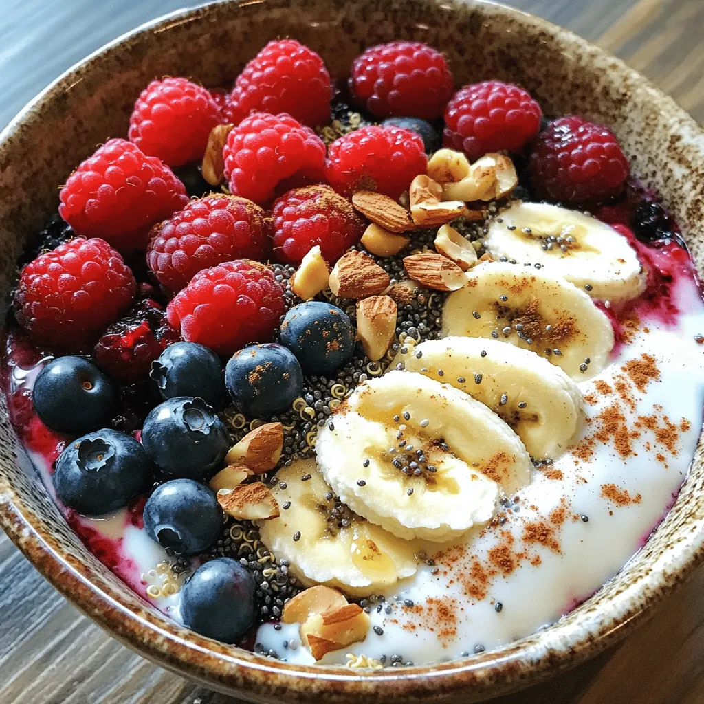 For a delicious Berry Quinoa Breakfast Bowl, you need simple, fresh ingredients. Here’s what you will need: - 1 cup cooked quinoa - 1 cup mixed berries (strawberries, blueberries, raspberries) - 1 banana, sliced - 1/2 cup Greek yogurt (or plant-based yogurt) - 1 tablespoon honey or maple syrup - 1 tablespoon chia seeds - 1/4 teaspoon vanilla extract - 1/4 cup nuts (almonds or walnuts), chopped - A sprinkle of cinnamon (optional) Each ingredient brings a unique flavor and benefit. Quinoa adds protein, while berries offer antioxidants. The yogurt gives creaminess and probiotics. Honey or maple syrup adds sweetness, and chia seeds boost fiber. Nuts give crunch and healthy fats. You can easily find these ingredients at your local store. Using fresh fruits makes this bowl vibrant and tasty. This recipe is quick and easy, perfect for busy mornings. You can find the full recipe above to guide you through each step. Enjoy every bite of your wholesome morning boost! - Step 1: Starting with the base Begin by taking 1 cup of cooked quinoa. Make sure it is cool. This keeps the bowl light and tasty. Spoon the quinoa into a medium-sized bowl. This is your base. - Step 2: Creating the yogurt mixture In a small bowl, mix 1/2 cup of Greek yogurt with 1 tablespoon of honey. You can also use maple syrup. Add 1 tablespoon of chia seeds and 1/4 teaspoon of vanilla extract. Stir until smooth. This creamy mixture adds great flavor. - Step 3: Assembling the bowl Spoon the yogurt mixture evenly over the quinoa. Use a spatula to spread it out. It should cover all the quinoa. This creates a nice layer for the fruits. - Step 4: Final touches Now, layer 1 cup of mixed berries and the sliced banana on top. You can use strawberries, blueberries, and raspberries. Arrange them nicely for a bright look. This makes your bowl eye-catching. - Step 5: Serving options Sprinkle 1/4 cup of chopped nuts over the fruits. Almonds or walnuts work well. If you like, add a sprinkle of cinnamon for extra flavor. You can serve this bowl right away or chill it for an hour. This makes it refreshing. Make sure to check the [Full Recipe] for more details on this delicious breakfast! Choosing the right quinoa When you pick quinoa, look for the tricolor kind. It adds a nice pop of color. Rinse quinoa under cold water before cooking. This step helps remove the bitter coating. Getting the perfect yogurt consistency Use Greek yogurt for a thick, creamy texture. If you prefer plant-based options, look for coconut or almond yogurt. Mix in honey or maple syrup for sweetness. This will give your yogurt a lovely flavor. Arranging for visual appeal Presentation matters! Start with a base of quinoa. Spread the yogurt mixture evenly on top. Layer the berries and banana slices artfully. Use different colors to create a vibrant look. Top with chopped nuts for a crunchy finish. Nutritional advantages of quinoa and berries Quinoa is rich in fiber and protein. It keeps you full and energized. Berries are packed with vitamins and antioxidants. They help boost your immune system and add natural sweetness. The role of yogurt in breakfast Yogurt offers probiotics, which are great for your gut. It also provides calcium for strong bones. This makes yogurt an excellent addition to your breakfast bowl. Benefits of chia seeds and nuts Chia seeds are full of omega-3 fatty acids. They support heart health and keep you satisfied. Nuts add healthy fats and crunch. They also provide protein and fiber, making your meal more filling. For the full recipe, check out the Berry Quinoa Breakfast Bowl section above. {{image_2}} You can easily make this Berry Quinoa Breakfast Bowl your own. Here are some fun ideas: - Alternative fruits to use: Swap out the mixed berries for your favorites. Try diced apples, peaches, or mango. Each fruit brings its own taste and texture. You can even mix in citrus for a zesty twist. - Dairy-free and vegan options: If you prefer plant-based choices, use coconut yogurt or almond yogurt instead of Greek yogurt. These options keep the bowl creamy and delicious. For sweeteners, maple syrup or agave nectar works well. - Different sweetener choices: Instead of honey, you can use agave syrup or even stevia. Adjust the sweetness to what you like best. This way, you control the flavor and the sugar content. Want to take your bowl to the next level? Add some of these toppings: - Superfood additions: Toss in flax seeds or hemp seeds for extra nutrition. They boost omega-3 fats and protein. Just a tablespoon can enhance your meal. - Granola or cereal for crunch: Adding a handful of granola gives a nice crunch. It makes your breakfast feel more like a treat. Try different types for varied flavors. - Coconut flakes for extra flavor: A sprinkle of coconut flakes can add a tropical touch. It brings a sweet taste and chewy texture. You can toast them for extra flavor. Feel free to mix and match these ideas! Your Berry Quinoa Breakfast Bowl can change with your mood. Want the full recipe? Check out the [Full Recipe]. To keep your Berry Quinoa Breakfast Bowl fresh, store it in the fridge. Use an airtight container to block out air and moisture. This way, your breakfast bowl can last for up to three days. If you have extra quinoa, keep it separate from the fruits and yogurt. This helps keep everything fresh and tasty. Berries can spoil fast, so eat them first or store them separately. You can enjoy your breakfast bowl cold or warm. If you prefer it warm, heat it gently in the microwave. Stir it every 30 seconds to avoid hot spots. If you make it in advance, try serving it chilled. It makes a refreshing start to your day. Prepping your bowl ahead can save time in the morning. Just mix the ingredients and store them separately. When you’re ready to eat, combine them for a quick and healthy meal. For the full recipe, click here! Can I make the Berry Quinoa Breakfast Bowl ahead of time? Yes, you can prepare the bowl ahead. Just store the quinoa, yogurt, and toppings separately. This keeps everything fresh. When you are ready, assemble and enjoy! What are some alternatives to quinoa? If you want a change, try using oats or brown rice. Both are great options. They offer different textures and flavors while still being healthy. How can I make this recipe lower in sugar? To cut sugar, skip the honey or maple syrup. You can also use unsweetened yogurt. Fresh fruit adds sweetness without extra sugar. Is this recipe gluten-free? Yes, this recipe is gluten-free. Quinoa is a gluten-free grain, making it safe for those with gluten sensitivities. What other berries can I use? Feel free to mix it up! You can use blackberries, cranberries, or even pitted cherries. Each berry brings its own taste and color. How can I increase the protein content? To boost protein, add more Greek yogurt or toss in some nuts. You could also sprinkle some hemp seeds on top for an extra protein punch. This blog post showed you how to make a tasty Berry Quinoa Breakfast Bowl. We covered the ingredients, step-by-step instructions, and tips for perfecting it. You learned about healthy options and fun ways to customize the bowl. Plus, you now know how to store leftovers and answer common questions. Overall, this breakfast is a quick, healthy choice for anyone. Enjoy creating your own bowl and feel great about your meal choices!