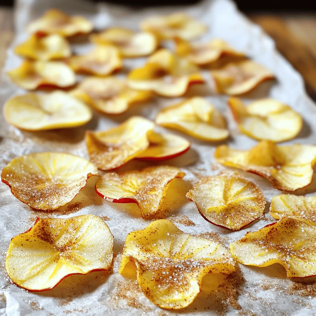 - 3 medium apples (Fuji or Granny Smith recommended) - 2 tablespoons granulated sugar - 1 teaspoon ground cinnamon - A pinch of sea salt - Cooking spray or coconut oil To make crispy cinnamon sugar apple chips, you need just a few simple ingredients. Start with three medium apples, either Fuji or Granny Smith. These types give a nice balance of sweetness and tartness. Next, you will need two tablespoons of granulated sugar. This sugar will help create that delightful sweet crunch. You will also need one teaspoon of ground cinnamon. This spice gives the chips their warm, cozy flavor. A pinch of sea salt brings out the sweetness, making it even better. Finally, grab some cooking spray or coconut oil. You can use either to help the chips crisp up in the oven. With these ingredients, you are set to make a tasty and healthy snack. For the full recipe, check out the section below. Enjoy your cooking! - Preheat your oven to 200°F (95°C). - Line two baking sheets with parchment paper. - Wash the apples thoroughly. - Slice them very thinly using a mandoline or sharp knife. - Combine granulated sugar, ground cinnamon, and sea salt in a bowl. - Arrange apple slices on baking sheets in a single layer. - Lightly spray them with cooking spray or brush with coconut oil. - Sprinkle the cinnamon-sugar mixture evenly over the apple slices. - Bake in the preheated oven for 1.5 to 2 hours. - Flip the slices halfway through for even crisping. - Watch closely near the end to prevent burning. - They should turn golden and crispy. - Let them cool completely on the baking sheets. - The chips will get crispier as they cool down. Enjoy these delightful snacks, perfect for sharing or savoring alone! For a complete guide, check the Full Recipe. To make the best crispy apple chips, slice your apples evenly. If your slices are thick, they won’t bake well. Thin slices bake faster and become crispier. I recommend using a mandoline for uniform slices. Also, flip the apple slices halfway through baking. This ensures both sides get that golden crunch. Choosing the right apples is key. I like using Fuji or Granny Smith apples. Fuji apples are sweet and juicy, while Granny Smith apples are tart and crisp. The type of apple you pick changes the flavor and texture. A sweeter apple gives you a different taste than a tart one. Experiment to find your favorite! Baking time varies based on how thick your slices are. If they are very thin, check them after 1 hour. For thicker slices, you might need the full 2 hours. Look for a golden color and a crisp texture as signs they are done. Trust your eyes; they will guide you to the perfect chips! {{image_2}} You can easily boost the flavor of your apple chips. Adding nutmeg or ginger gives them a warm kick. Just a sprinkle of either spice can change everything. You might also drizzle them with maple syrup or honey. This adds a nice sweetness that pairs well with cinnamon. Try using brown sugar instead of white sugar. Brown sugar adds a deeper flavor to the apple chips. Coconut sugar is another great option. It gives a caramel-like taste that many love. If you want to cut down on sugar, look into sugar substitutes. Stevia or monk fruit can work well, but adjust amounts to taste. If you have a dehydrator, it’s perfect for making apple chips. Simply slice the apples and arrange them on the trays. Set your dehydrator to 135°F (57°C) and let them dry for about 6 to 8 hours. Dehydrating keeps them chewy inside while making the outside crispy. This method also locks in more nutrients compared to baking. It’s a great way to enjoy healthy snacks! To keep your apple chips fresh, store them in an airtight container. Glass jars work best. They keep moisture out and help maintain crunch. You can also use resealable plastic bags. Just make sure to squeeze out all the air before sealing. Crispy apple chips can last about two weeks when stored well. Check for any signs of spoilage. If you see soft spots or they lose their crunch, it’s time to toss them. Freshness is key for that delightful crunch. If you want to keep them longer, freezing is a great option. Place the chips in a single layer on a baking sheet and freeze for a couple of hours. Once frozen, transfer them to a freezer-safe bag. To enjoy them again, just reheat in the oven. Bake at 200°F (95°C) for about 10 minutes for that perfect crunch. To make crispy apple chips, start by preheating your oven to 200°F (95°C). Slice the apples very thinly. Use a mandoline for even slices. Mix sugar, cinnamon, and a pinch of salt. Arrange apple slices in a single layer on baking sheets. Lightly spray with cooking spray or brush with coconut oil. Sprinkle the cinnamon sugar mix evenly over the slices. Bake for 1.5 to 2 hours. Flip the slices halfway through to ensure they crisp up nicely. You can use many types of apples, but some are better than others. For a sweet flavor, Fuji apples work well. If you want a tart bite, use Granny Smith apples. Different apples give different tastes and textures. Sweeter apples may caramelize more, while tart apples stay crispier. Choose what you like best for your chips! Homemade apple chips are a great snack option. They contain no preservatives or added fats. Apples are a good source of fiber and vitamins. They can satisfy your sweet tooth without added sugars. Compared to chips or candy, they are a much healthier choice. Enjoy them as a snack or a light dessert! You can find pre-made apple chips at many stores. Check health food shops or the snack aisle in supermarkets. Online, you can look at sites like Amazon or specialty food stores. Many brands offer tasty versions with cinnamon and sugar. Just read the labels to find your favorite! If you prefer, try making them at home with the full recipe! Making apple chips at home is simple and fun. You need just a few ingredients and follow easy steps. Preheat the oven, slice the apples thin, mix the cinnamon-sugar, and bake. Remember to flip the slices for perfect crispiness. Explore various flavors and storage tips to keep your snacks fresh. Homemade apple chips are a healthy choice and an enjoyable snack. Try making these for a tasty treat that lasts!