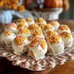 To make Pumpkin Spice Cookie Dough Truffles, you need a few key ingredients. Each one adds flavor and texture. Here’s what you’ll need: - 1 cup all-purpose flour - 1 cup pumpkin puree - 1/2 cup brown sugar, packed - 1/4 cup granulated sugar - 1/2 teaspoon vanilla extract - 1 teaspoon pumpkin spice (or a mix of cinnamon, nutmeg, and ginger) - 1/2 teaspoon salt - 1/2 cup chocolate chips (dark or milk) - 1 cup white chocolate chips (for coating) - Sprinkles or crushed pumpkin spice cookies (for garnish) Each ingredient plays a role. The pumpkin puree gives the truffles moisture and flavor. The sugars add sweetness and help with the dough's texture. The flour helps bind everything together, while the spices bring warmth and a fall vibe. For the chocolate chips, you can choose dark or milk chocolate based on your taste. They add little bursts of chocolatey goodness in every bite. The white chocolate coating gives a sweet crunch and a lovely look. If you want to make the truffles even more festive, use sprinkles or crushed cookies for garnish. These small touches make your truffles stand out and look inviting. For the full recipe, check out the complete instructions to create these delightful treats! Enjoy the process and savor the flavors! 1. Mixing dry ingredients: Start by whisking together 1 cup of all-purpose flour and 1 teaspoon of pumpkin spice in a medium bowl. Make sure they blend well. This mix gives the truffles their warm flavor. 2. Preparing the wet mixture: In a large bowl, beat 1 cup of pumpkin puree with 1/2 cup of packed brown sugar and 1/4 cup of granulated sugar. Mix until it looks smooth and creamy. The pumpkin adds moistness to the dough. 3. Combining and forming dough: Gradually add the flour mix and 1/2 teaspoon of salt into the pumpkin mixture. Stir until a soft dough forms. If the dough feels sticky, cover and chill it for 15-20 minutes in the fridge. This helps in shaping later. 4. Chilling the dough: Fold in 1/2 cup of chocolate chips evenly. After that, shape the dough into balls. Use about a tablespoon for each truffle. Place them on a parchment-lined baking sheet and chill them again for about 30 minutes. 1. Shaping the truffles: After chilling, take the dough out of the fridge. Use your hands to roll each piece into a smooth ball. This makes them look nice and helps in coating them later. 2. Placement on baking sheet: Arrange the shaped truffles on the baking sheet, leaving space between each ball. This ensures they won’t stick together. 1. Melting white chocolate: In a microwave-safe bowl, melt 1 cup of white chocolate chips. Do this in 30-second intervals, stirring in between until smooth. Be careful not to burn the chocolate. 2. Dipping and garnishing the truffles: Dip each chilled truffle into the melted white chocolate. Use a fork to lift them out and let any extra chocolate drip off. Place them back on the baking sheet. 3. Setting the chocolate: Before the chocolate hardens, sprinkle crushed pumpkin spice cookies or festive sprinkles on top. This adds a fun touch and makes them look pretty. Let the truffles sit at room temperature or chill them until the chocolate sets. Following these steps makes the Pumpkin Spice Cookie Dough Truffles easy and fun to make. For the complete recipe, check the Full Recipe section. - Avoiding sticky dough: If your dough feels too sticky, don’t worry! Chill it in the fridge for 15-20 minutes. This helps firm it up and makes rolling easier. If it still sticks, add a bit more flour until it feels just right. - Achieving the perfect chocolate coating: To coat your truffles smoothly, melt the white chocolate in short bursts. Use a microwave-safe bowl and heat it for 30 seconds at a time. Stir after each interval until it’s fully melted. This method keeps the chocolate from burning and ensures a nice, even coat on your truffles. - Plating ideas: For a stunning presentation, arrange your truffles on a decorative platter. Drizzle some leftover melted white chocolate over the top for a fancy touch. Sprinkle some crushed pumpkin spice cookies around them for a fun look. - Pairing with beverages: Serve these truffles alongside a warm cup of spiced coffee or a creamy latte. The flavors blend beautifully, making your dessert feel cozy and special. - Essential kitchen tools for ease of preparation: A medium and a large mixing bowl will help you mix your ingredients well. Use a whisk for the dry ingredients and a spatula for the wet mixture. A parchment-lined baking sheet makes cleanup easy. - Suggestions for safe melting techniques: To melt chocolate safely, use a microwave or a double boiler. If using a microwave, remember to stir often to keep the heat even. This way, you avoid burning the chocolate, and it melts smoothly for coating your truffles. For detailed steps, check the full recipe that guides you through this delicious process! {{image_2}} You can change the taste of your Pumpkin Spice Cookie Dough Truffles easily. Try using different spices or chocolate types. Instead of pumpkin spice, add cinnamon, ginger, or even cardamom for a unique twist. For chocolate, use dark, milk, or even white chocolate chips to match your taste. Adding nuts or dried fruits can enhance texture and flavor. Pecans or walnuts give a nice crunch. You might also add dried cranberries or raisins for a sweet contrast. Mix and match to create your perfect truffle! If you need gluten-free options, swap the all-purpose flour with almond or oat flour. Both work well and keep the truffles tasty. You can also use gluten-free chocolate chips. For vegan adaptations, replace pumpkin puree with a plant-based option. Use coconut oil in place of butter and choose dairy-free chocolate chips. These swaps allow everyone to enjoy this treat! You can make your truffles even more festive! Consider incorporating other fall flavors like apple spice or maple. This could add a cozy touch to your truffles. For holiday-themed variations, think about adding peppermint extract or crushed candy canes. These flavors are fun for winter gatherings. You can create truffles that fit any season or occasion! Enjoy exploring these variations with the full recipe. To keep your Pumpkin Spice Cookie Dough Truffles fresh, store them in an airtight container. This will help them stay soft and tasty. Use parchment paper between layers to avoid sticking. Keep them in a cool, dry place, away from sunlight. If you plan to eat them within a week, room temperature works great. For longer storage, the fridge is best. You can freeze these truffles for later enjoyment. Simply place them in a single layer on a baking sheet and freeze until firm. Once frozen, transfer them into an airtight freezer bag. They can last up to three months in the freezer. When you want to enjoy them, take them out and let them sit at room temperature. This will help them return to their original texture. If you're in a hurry, you can also thaw them in the fridge overnight. Enjoy these delightful treats whenever you crave a taste of fall! For the complete recipe, check out the Full Recipe. How long do Pumpkin Spice Cookie Dough Truffles last? These truffles can last up to two weeks in the fridge when stored in an airtight container. If you want to keep them longer, you can freeze them for up to three months. Just make sure to wrap each truffle well. Can I use store-bought cookie dough instead? Yes, you can use store-bought cookie dough for a quick option. Just make sure it is pumpkin-flavored or add some pumpkin spice to it. This saves time and still gives you that delicious fall flavor. What other toppings can I use? You can use many toppings! Try chopped nuts, crushed cookies, or colorful sprinkles. You can also drizzle some melted chocolate on top for an extra touch. Get creative with what you have in your pantry. How do I make a non-dairy version? To make these truffles non-dairy, use coconut milk or almond milk in place of any dairy. Choose non-dairy chocolate chips for the coating. You can also use a dairy-free butter substitute in your dough. Why are my truffles too soft? If your truffles are too soft, the dough might need more chilling time. Place them in the fridge for a bit longer. If they still seem too soft, add a little more flour to the mixture to help them hold their shape. What can I do if my chocolate coating won’t set? If your chocolate coating won’t set, it may be too warm. Make sure to cool your truffles in the fridge after dipping them. If needed, re-melt the chocolate and dip again, ensuring it's not too hot when coating. What dessert recipes can I try with pumpkin? You can try pumpkin pie, pumpkin bread, or pumpkin muffins for more fall treats. Each of these recipes brings out the warm, cozy flavors of pumpkin. You might also enjoy pumpkin cheesecake for a rich dessert. Where can I buy ready-made Pumpkin Spice Cookie Dough Truffles? You can find ready-made truffles at specialty stores or local bakeries during the fall. Online retailers also offer options, especially around the holidays. Check places like Amazon or gourmet food websites for a tasty treat. This blog post covered how to make delicious Pumpkin Spice Cookie Dough Truffles. We looked at ingredients, preparation steps, and coating techniques. I shared tips to ensure success and ideas for storing and serving your truffles. You can explore flavor variations and dietary modifications to suit your needs. These truffles are simple yet tasty. With a little practice, you'll make a treat everyone loves. Enjoy your baking journey and share these sweet delights with friends and family.