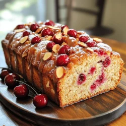 - 2 cups all-purpose flour - 1/2 cup unsalted butter, softened - 1 cup granulated sugar - 1 cup fresh or frozen cherries, pitted and halved - 1/2 cup sliced almonds - 1 teaspoon baking powder - 1/2 teaspoon baking soda - 1/4 teaspoon salt - 2 large eggs - 1 teaspoon vanilla extract - 1/2 teaspoon almond extract - 1 cup buttermilk (or milk with vinegar) The main ingredients create that delightful base for the loaf. Flour gives structure, while butter adds richness. Sugar brings sweetness, and cherries bring a burst of flavor. Sliced almonds add crunch and a nutty taste. Baking essentials are the secret to a perfect rise. Baking powder and baking soda help the loaf rise. Salt enhances all flavors, making everything taste better. Flavor enhancers boost the loaf's taste. Eggs add moisture and help bind the mixture. Vanilla and almond extracts give a lovely aroma and depth. Buttermilk adds tanginess and keeps the loaf moist. For the full experience, try the full recipe. Enjoy a delicious breakfast treat! First, preheat your oven to 350°F (175°C). This helps the loaf bake evenly. Next, grease and flour a 9x5-inch loaf pan. This step makes it easy to remove the loaf later. In a medium bowl, whisk together the dry ingredients: 2 cups of all-purpose flour, 1 teaspoon of baking powder, 1/2 teaspoon of baking soda, and 1/4 teaspoon of salt. Mixing these well ensures your loaf rises nicely. In a large bowl, cream together 1/2 cup of softened unsalted butter and 1 cup of granulated sugar. Beat them until the mixture is light and fluffy. This process adds air, making the loaf soft. Then, add 2 large eggs, one at a time. Mix well after each egg. Stir in 1 teaspoon of vanilla extract and 1/2 teaspoon of almond extract for great flavor. Next, alternate adding the dry ingredients and 1 cup of buttermilk to the butter mixture. Start and end with the flour mix. Stir until just combined; avoid over-mixing to keep the loaf tender. Now, gently fold in 1 cup of pitted and halved cherries and 1/2 cup of sliced almonds. This step adds bursts of flavor and crunch. Pour the batter into your prepared loaf pan and smooth the top. Bake in the preheated oven for 50-60 minutes. Check for doneness by inserting a toothpick into the center. If it comes out clean, your loaf is ready. Let it cool in the pan for 10 minutes. Then transfer it to a wire rack to cool completely. For a special touch, you can make a glaze with powdered sugar and milk. Drizzle it over the cooled loaf for added sweetness. For the full recipe, refer to the main section above. To check if your Cherry Almond Breakfast Loaf is done, use a toothpick. Insert it into the center. If it comes out clean, the loaf is ready. If not, bake a bit longer. For a light, fluffy texture, cream the butter and sugar well. Mix until it's pale and airy. This helps trap air, making your loaf rise nicely. Avoid over-mixing after adding the cherries and almonds. Serve your loaf warm or at room temperature. Slice it thick and place it on a nice platter. Garnish with fresh cherries or a sprinkle of powdered sugar for a lovely look. Pair your Cherry Almond Breakfast Loaf with coffee or tea. The sweet loaf balances well with the warmth of these drinks. Enjoying them together makes for a perfect morning treat. You can create a simple glaze using powdered sugar and milk. Mix 1/4 cup powdered sugar with 1-2 tablespoons of milk. Drizzle it over the cooled loaf for extra sweetness. For more flavor, add almond extract or vanilla to the glaze. You can also use fruit juice instead of milk for a fruity twist. This adds a nice touch to the loaf. For the full recipe, refer to the main article. {{image_2}} You can change the fruits in this loaf based on the season. For summer, try using fresh blueberries or juicy peaches. These fruits add a lovely touch and keep the loaf moist. In fall, add spices like cinnamon or nutmeg for warmth and comfort. These spices blend well with the fruits and give your breakfast loaf a seasonal twist. If you need a gluten-free loaf, swap the all-purpose flour with gluten-free flour. Look for blends that work well in baking. You can also change up the nuts. Try walnuts or pecans instead of almonds. Each nut offers a different flavor and texture, making your loaf unique. If you want a less sweet loaf, reduce the sugar by a third. The cherries will still add a natural sweetness. You can also use natural sweeteners like honey or maple syrup. These options not only cut down on sugar but also add rich flavors to your breakfast loaf. For the best results, adjust the liquid in the batter when using these sweeteners. For a full look at the recipe, check out the Full Recipe. Store the Cherry Almond Breakfast Loaf in an airtight container. This keeps it fresh at room temperature for about three days. If you want to enjoy it longer, wrap it tightly in plastic wrap before placing it in the container. This helps keep the loaf moist and prevents it from drying out. Avoid exposing it to direct sunlight or heat sources. For longer shelf life, you can freeze the loaf. First, let it cool completely. Wrap the loaf tightly in plastic wrap. Then, place it in a freezer bag or container. Label it with the date. It will stay fresh for up to three months in the freezer. When you’re ready to enjoy a slice, remove it from the freezer. Let it thaw in the fridge overnight or on the counter for a few hours. To reheat, slice the loaf and place it in a toaster or a microwave for about 15-20 seconds. This restores its warmth and soft texture, making it just as delightful as when it was fresh. If you're looking for the full recipe, check the earlier sections for all the details. You can check if the loaf is ready by looking at its color and texture. The top should be golden brown, and the sides should pull away from the pan. Insert a toothpick into the center. If it comes out clean, the loaf is done. Yes, you can use frozen cherries in this recipe. Just make sure to thaw them first and drain any excess liquid. This prevents the batter from becoming too wet. If you use fresh cherries, just pit and halve them before mixing. If you don't have buttermilk, you can use regular milk. Just add one teaspoon of vinegar to one cup of milk. Let it sit for five minutes. This will mimic the acidity of buttermilk. You can also use plain yogurt mixed with water for a similar effect. This blog post shared how to make a Cherry Almond Breakfast Loaf. We covered ingredients, mixing, baking, and serving tips. You learned about variations, storage, and FAQs for success. Baking is fun, and this loaf is easy. Use fresh or frozen cherries and enjoy your creation with friends. Remember, small changes can yield big taste. Get ready to impress everyone with your baking skills!