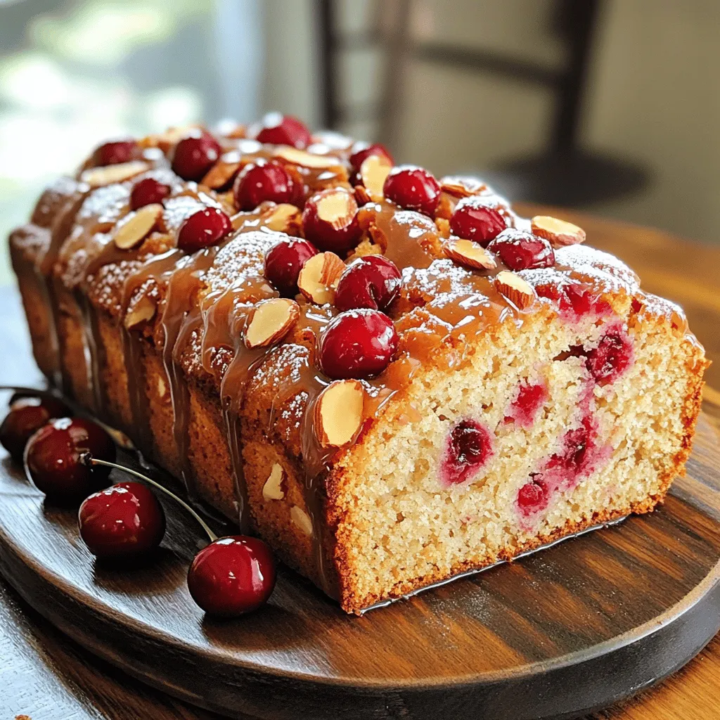 - 2 cups all-purpose flour - 1/2 cup unsalted butter, softened - 1 cup granulated sugar - 1 cup fresh or frozen cherries, pitted and halved - 1/2 cup sliced almonds - 1 teaspoon baking powder - 1/2 teaspoon baking soda - 1/4 teaspoon salt - 2 large eggs - 1 teaspoon vanilla extract - 1/2 teaspoon almond extract - 1 cup buttermilk (or milk with vinegar) The main ingredients create that delightful base for the loaf. Flour gives structure, while butter adds richness. Sugar brings sweetness, and cherries bring a burst of flavor. Sliced almonds add crunch and a nutty taste. Baking essentials are the secret to a perfect rise. Baking powder and baking soda help the loaf rise. Salt enhances all flavors, making everything taste better. Flavor enhancers boost the loaf's taste. Eggs add moisture and help bind the mixture. Vanilla and almond extracts give a lovely aroma and depth. Buttermilk adds tanginess and keeps the loaf moist. For the full experience, try the full recipe. Enjoy a delicious breakfast treat! First, preheat your oven to 350°F (175°C). This helps the loaf bake evenly. Next, grease and flour a 9x5-inch loaf pan. This step makes it easy to remove the loaf later. In a medium bowl, whisk together the dry ingredients: 2 cups of all-purpose flour, 1 teaspoon of baking powder, 1/2 teaspoon of baking soda, and 1/4 teaspoon of salt. Mixing these well ensures your loaf rises nicely. In a large bowl, cream together 1/2 cup of softened unsalted butter and 1 cup of granulated sugar. Beat them until the mixture is light and fluffy. This process adds air, making the loaf soft. Then, add 2 large eggs, one at a time. Mix well after each egg. Stir in 1 teaspoon of vanilla extract and 1/2 teaspoon of almond extract for great flavor. Next, alternate adding the dry ingredients and 1 cup of buttermilk to the butter mixture. Start and end with the flour mix. Stir until just combined; avoid over-mixing to keep the loaf tender. Now, gently fold in 1 cup of pitted and halved cherries and 1/2 cup of sliced almonds. This step adds bursts of flavor and crunch. Pour the batter into your prepared loaf pan and smooth the top. Bake in the preheated oven for 50-60 minutes. Check for doneness by inserting a toothpick into the center. If it comes out clean, your loaf is ready. Let it cool in the pan for 10 minutes. Then transfer it to a wire rack to cool completely. For a special touch, you can make a glaze with powdered sugar and milk. Drizzle it over the cooled loaf for added sweetness. For the full recipe, refer to the main section above. To check if your Cherry Almond Breakfast Loaf is done, use a toothpick. Insert it into the center. If it comes out clean, the loaf is ready. If not, bake a bit longer. For a light, fluffy texture, cream the butter and sugar well. Mix until it's pale and airy. This helps trap air, making your loaf rise nicely. Avoid over-mixing after adding the cherries and almonds. Serve your loaf warm or at room temperature. Slice it thick and place it on a nice platter. Garnish with fresh cherries or a sprinkle of powdered sugar for a lovely look. Pair your Cherry Almond Breakfast Loaf with coffee or tea. The sweet loaf balances well with the warmth of these drinks. Enjoying them together makes for a perfect morning treat. You can create a simple glaze using powdered sugar and milk. Mix 1/4 cup powdered sugar with 1-2 tablespoons of milk. Drizzle it over the cooled loaf for extra sweetness. For more flavor, add almond extract or vanilla to the glaze. You can also use fruit juice instead of milk for a fruity twist. This adds a nice touch to the loaf. For the full recipe, refer to the main article. {{image_2}} You can change the fruits in this loaf based on the season. For summer, try using fresh blueberries or juicy peaches. These fruits add a lovely touch and keep the loaf moist. In fall, add spices like cinnamon or nutmeg for warmth and comfort. These spices blend well with the fruits and give your breakfast loaf a seasonal twist. If you need a gluten-free loaf, swap the all-purpose flour with gluten-free flour. Look for blends that work well in baking. You can also change up the nuts. Try walnuts or pecans instead of almonds. Each nut offers a different flavor and texture, making your loaf unique. If you want a less sweet loaf, reduce the sugar by a third. The cherries will still add a natural sweetness. You can also use natural sweeteners like honey or maple syrup. These options not only cut down on sugar but also add rich flavors to your breakfast loaf. For the best results, adjust the liquid in the batter when using these sweeteners. For a full look at the recipe, check out the Full Recipe. Store the Cherry Almond Breakfast Loaf in an airtight container. This keeps it fresh at room temperature for about three days. If you want to enjoy it longer, wrap it tightly in plastic wrap before placing it in the container. This helps keep the loaf moist and prevents it from drying out. Avoid exposing it to direct sunlight or heat sources. For longer shelf life, you can freeze the loaf. First, let it cool completely. Wrap the loaf tightly in plastic wrap. Then, place it in a freezer bag or container. Label it with the date. It will stay fresh for up to three months in the freezer. When you’re ready to enjoy a slice, remove it from the freezer. Let it thaw in the fridge overnight or on the counter for a few hours. To reheat, slice the loaf and place it in a toaster or a microwave for about 15-20 seconds. This restores its warmth and soft texture, making it just as delightful as when it was fresh. If you're looking for the full recipe, check the earlier sections for all the details. You can check if the loaf is ready by looking at its color and texture. The top should be golden brown, and the sides should pull away from the pan. Insert a toothpick into the center. If it comes out clean, the loaf is done. Yes, you can use frozen cherries in this recipe. Just make sure to thaw them first and drain any excess liquid. This prevents the batter from becoming too wet. If you use fresh cherries, just pit and halve them before mixing. If you don't have buttermilk, you can use regular milk. Just add one teaspoon of vinegar to one cup of milk. Let it sit for five minutes. This will mimic the acidity of buttermilk. You can also use plain yogurt mixed with water for a similar effect. This blog post shared how to make a Cherry Almond Breakfast Loaf. We covered ingredients, mixing, baking, and serving tips. You learned about variations, storage, and FAQs for success. Baking is fun, and this loaf is easy. Use fresh or frozen cherries and enjoy your creation with friends. Remember, small changes can yield big taste. Get ready to impress everyone with your baking skills!