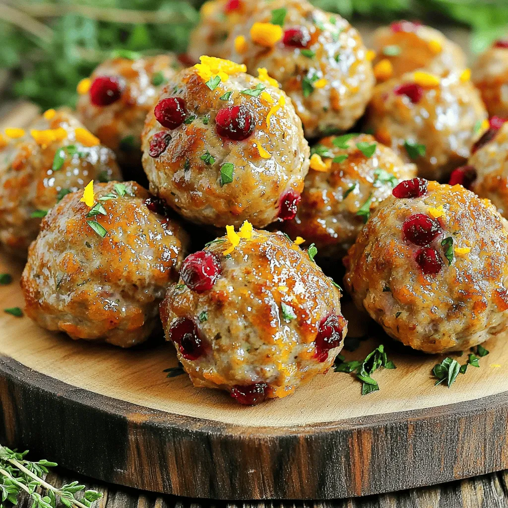 - 1 pound ground turkey - 1/2 cup fresh cranberries, chopped - 1/4 cup orange juice - Zest of 1 orange Ground turkey gives these meatballs a lean and tasty base. Fresh cranberries bring a burst of tartness and a pop of color. Orange juice and zest add a bright flavor that complements the meat. - 1/2 cup breadcrumbs - 1/4 cup finely diced onion - 1 tablespoon fresh thyme, chopped - 1 teaspoon garlic powder - 1/2 teaspoon salt - 1/4 teaspoon black pepper - 1 tablespoon olive oil (for cooking) - Fresh parsley, chopped (for garnish) Breadcrumbs help bind the meatballs. Diced onion adds moisture and flavor. Thyme and garlic powder provide depth. Olive oil is essential for cooking, while parsley gives a fresh touch. For the full recipe, check the details above. 1. Preheat the Oven: First, set your oven to 400°F (200°C). This helps cook the meatballs evenly. Line a baking sheet with parchment paper. This makes for easy cleanup later. 2. Mix Ingredients: In a large bowl, combine the ground turkey, breadcrumbs, diced onion, chopped cranberries, orange juice, orange zest, thyme, garlic powder, salt, and black pepper. Use your hands to mix gently. Be careful not to overmix, as this can make the meatballs tough. 1. Form and Place Meatballs: With your hands, shape the mixture into meatballs. Aim for about 1 to 1.5 inches in size. Place each meatball on the prepared baking sheet. This keeps them from sticking together. 2. Bake and Sauté for Optimal Flavor: Bake the meatballs in your preheated oven for 20-25 minutes. Look for a golden brown crust. For extra flavor, heat olive oil in a skillet over medium heat. Once hot, add the baked meatballs. Sauté for 2-3 minutes. This gives them a nice crispy outside. For the complete recipe, check the [Full Recipe]. To make the best orange cranberry turkey meatballs, avoid overmixing the meatball mixture. If you mix too much, the meatballs can become tough. Just combine the ingredients until they blend well. This keeps them tender and juicy. Uniform meatball size is also key. Aim for meatballs about 1 to 1.5 inches in diameter. This ensures even cooking and helps achieve that nice golden crust. Use a scoop or your hands to keep them consistent. Using fresh herbs can really boost the flavor of your meatballs. Fresh thyme has a bright taste that pairs well with cranberries and orange. If you use dried herbs, remember they are more potent, so use less. For cooking, I recommend baking at 400°F (200°C). This temperature gives the meatballs a great texture. Bake them for 20-25 minutes. You want them fully cooked with a nice brown color. To add extra flavor, sauté the meatballs in olive oil after baking for a few minutes. This step gives them a crispy exterior and enhances their taste. For the full recipe, check out the main article. {{image_2}} You can switch up ingredients for a new twist. Try using ground chicken or beef instead of turkey. Both options bring their own flavors. Chicken keeps it light, while beef adds richness. Fruits also change the taste. Instead of cranberries, you can use chopped apples or peaches. Apples add a sweet crunch, and peaches bring a juicy taste. Each swap keeps the meatballs exciting and fresh. Cooking methods can change the texture and flavor of your meatballs. You can bake, fry, or grill them. Baking is easy and healthy. Frying gives you a crispy crust, while grilling adds a smoky flavor. When serving, think about sauces. A tangy cranberry sauce pairs well. You can also serve the meatballs on skewers for a fun, finger-food option. Each method and serving style brings its own charm. For the full recipe, check out the complete guide. After you make your orange cranberry turkey meatballs, store them well. If you refrigerate leftovers, they can last for up to three days. Place them in an airtight container and keep them in the fridge. This will help them stay fresh and tasty. If you want to save them for later, freezing is a great option. You can freeze the meatballs for up to three months. Let them cool completely before placing them in a freezer-safe bag. Remove as much air as possible to avoid freezer burn. When it’s time to eat your meatballs again, reheating them right is key. The best method is to use the oven. Preheat your oven to 350°F (175°C). Place the meatballs on a baking sheet and cover them with foil. Heat for about 15-20 minutes, or until hot. You can also use a microwave, but be careful. Place the meatballs in a microwave-safe dish and cover them. Heat in short bursts, checking often. This method can dry them out if you're not careful. To keep the flavor, add a splash of orange juice or broth when reheating. This will help keep them juicy and delicious. Remember, proper storage and reheating can make your meatballs just as tasty as when they were fresh. For the full recipe, check the earlier sections. How do I know when meatballs are fully cooked? You can check if meatballs are fully cooked by using a meat thermometer. The center should reach 165°F (74°C). If you don't have a thermometer, cut one in half. The inside should be no longer pink, and juices should run clear. This ensures they are safe to eat. Can I make these meatballs ahead of time? Yes, you can make these meatballs ahead of time. Prepare them and store them in the fridge for up to two days. You can also freeze them for later use. Just make sure to cool them completely before storing. When you’re ready to eat, reheat them in the oven or on the stove. What are the calorie counts per serving? Each serving of these Orange Cranberry Turkey Meatballs contains about 220 calories. This number can vary based on the exact ingredients you use. It’s a tasty option for a healthy meal. Are these turkey meatballs healthy? Yes, these turkey meatballs are healthy! They are low in fat and high in protein. The cranberries add vitamins and antioxidants. The orange juice gives a boost of vitamin C, too. Enjoy them as a nutritious choice for dinner. For the full recipe, check out the previous section. This blog post covered making delicious turkey meatballs. We discussed main ingredients like ground turkey and cranberries. You learned step-by-step instructions for preparing and baking. Tips and tricks helped you perfect your meatballs and enhance flavor. Variations let you swap ingredients or try different cooking methods. In the end, these meatballs are tasty and flexible. They fit into many meals, so enjoy being creative in your kitchen!