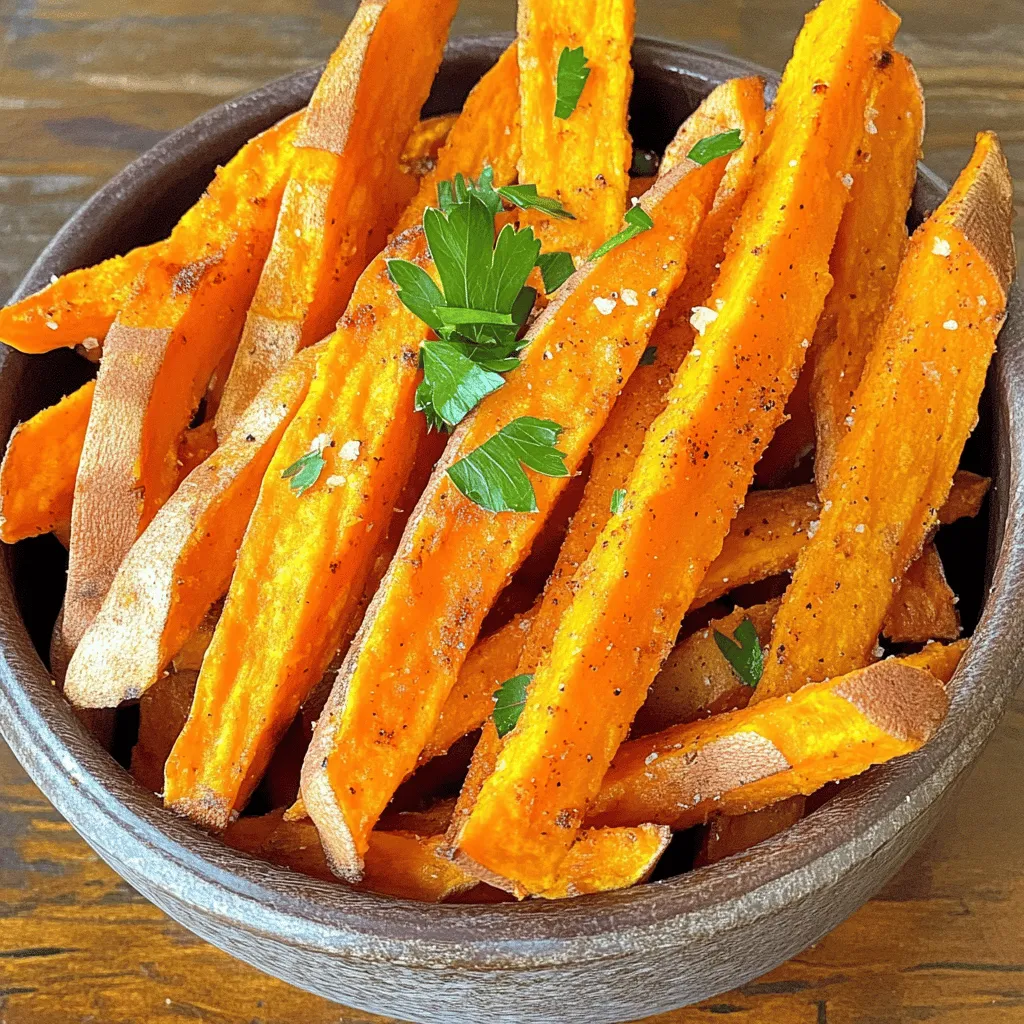 - 2 large sweet potatoes, peeled and cut into fry shapes - 2 tablespoons olive oil - 1 teaspoon smoked paprika - 1 teaspoon garlic powder - 1/2 teaspoon cayenne pepper (optional) - Salt and pepper to taste - Fresh parsley for garnish - Additional spices (e.g., cumin, onion powder) - Various dipping sauces (e.g., ketchup, aioli) When making air fryer sweet potato fries, I focus on fresh, simple ingredients. The main stars are the sweet potatoes. I love using large ones because they give a good yield. Cutting them into fry shapes helps them cook evenly. For the best flavor, I add olive oil. It helps the fries crisp up nicely. Smoked paprika is a favorite of mine. It adds a nice depth. Garlic powder gives a savory touch, while cayenne pepper adds just the right kick for those who enjoy a bit of heat. Don’t forget to season with salt and pepper! Fresh parsley at the end is not just pretty; it adds a pop of freshness. If you want to get creative, try adding other spices like cumin or onion powder. They can give your fries a unique twist! Dipping sauces are also a fun way to enhance your fries. Ketchup is classic, but aioli is a great choice too. You can find the full recipe if you want all the details! - First, preheat your air fryer to 400°F (200°C). This step takes about 5 minutes. - While the air fryer heats, take 2 large sweet potatoes. Peel them and cut them into fry shapes. Aim for even sizes to cook them well. - Next, drizzle 2 tablespoons of olive oil over the fries. - Add 1 teaspoon of smoked paprika, 1 teaspoon of garlic powder, and 1/2 teaspoon of cayenne pepper if you want some heat. Don’t forget salt and pepper to taste. - Toss everything in a large bowl. Make sure each fry gets a nice coat of oil and spices. This brings out the best flavor. - Now, arrange the fries in a single layer in the air fryer basket. Avoid overcrowding. This helps them crisp up nicely. - Cook the fries for 15 to 18 minutes. Shake the basket halfway through to ensure even cooking. Watch for them to turn golden brown. - Once done, take them out and let them cool for a minute. You can garnish with fresh parsley for a lovely touch. For the full recipe, check out the details provided above. To get the best crunch from your sweet potato fries, avoid overcrowding the basket. When you cram too many fries in, they steam instead of fry. This makes them soggy. Instead, cook them in batches. Shaking the basket helps too. About halfway through cooking, give the basket a good shake. This lets the hot air circulate. It helps all sides of the fries get that golden brown color. Cooking times can change based on your taste. If you want softer fries, check them at 15 minutes. For crispier ones, let them cook a bit longer, up to 18 minutes. Several factors can affect the cooking time. The size of your fries matters. Thicker fries need more time. Also, different air fryer models can cook at different speeds, so keep an eye on them. You can play with flavors to make your fries unique. Try adding cumin for a warm taste or onion powder for sweetness. Don't be afraid to experiment. You can mix spices you love. A dash of cinnamon can give a sweet twist. Or, add more cayenne for extra heat. Have fun with the flavors! {{image_2}} You can give your sweet potato fries a twist with different flavors. - Spicy Sweet Potato Fries: Add more cayenne pepper for a kick. You can also mix in chili powder or chipotle seasoning. This heat pairs well with the sweetness of the potatoes. - Herbed Sweet Potato Fries: Use dried herbs like rosemary, thyme, or oregano. These will add fresh, savory notes. Mix the herbs in with the olive oil before tossing. If you want to try other ways to cook your fries, here are some options. - Oven-baked Sweet Potato Fries: Preheat your oven to 425°F (220°C). Spread your seasoned fries on a baking sheet. Bake for 25-30 minutes, flipping them halfway for even browning. - Alternative Frying Methods: You can pan-fry or deep-fry your sweet potatoes as well. For pan-frying, use about 1/4 cup of oil in a skillet. Fry in batches until they are golden. Dipping sauces make fries even more fun to eat. - Popular Combinations: Ketchup is classic, but you can try ranch, barbecue sauce, or spicy mayo. These add extra flavor and excitement. - Homemade Dipping Sauce Recipes: You can make a simple garlic aioli by mixing mayo with minced garlic and lemon juice. For a sweet twist, mix yogurt with honey and a bit of mustard. For more details, check out the Full Recipe. To keep your fries fresh, start by cooling them. Place the fries on a plate. Once cool, transfer them to a container. Seal the container with a lid. Your fries will stay fresh for about three days in the fridge. If you want to save them longer, freeze the fries. Spread them on a baking sheet in a single layer. Freeze for one to two hours until firm. Then, transfer them to a freezer bag. Squeeze out the air before sealing. Frozen fries last up to three months. To reheat fries and keep them crispy, use the air fryer. Heat it to 375°F (190°C). Place the fries in the basket and heat for about 5 minutes. This method keeps them crunchy. You can also use an oven. Preheat to 400°F (200°C). Spread fries on a baking sheet. Bake for 10 minutes, flipping halfway. This also helps avoid sogginess. Avoid using a microwave for reheating. It makes fries soft and chewy. Stick to air frying or baking for the best results. Sweet potato fries last about 3 to 5 days in the fridge. Store them in an airtight container. When you want to eat them again, just warm them up. They may lose some crispiness, but they'll still taste good. Yes, you can use frozen sweet potatoes! Just remember to adjust the cooking time. Frozen fries usually need a few extra minutes in the air fryer. Cook them at 400°F. Check for doneness by looking for a golden color. You can serve sweet potato fries with many things! They go great with burgers or grilled chicken. For a snack, try them with ketchup or spicy aioli. You can even serve them with a fresh salad for a tasty meal. This article covered everything about making crispy sweet potato fries in an air fryer. You learned the required and optional ingredients, simple steps for prep, and cooking. I shared tips for crispiness and flavor variations. Storing and reheating fries can keep them tasty longer. Now you can enjoy sweet potato fries in many ways. Experiment with flavors and dips to find your favorite combo. Happy cooking!