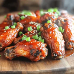 - Chicken wings: 2 lbs - Marinade: soy sauce, gochujang, honey, sesame oil - Flavors: minced garlic, minced ginger, rice vinegar, salt, pepper To make Spicy Korean BBQ Chicken Wings, start with fresh chicken wings. I use about 2 pounds. The marinade gives the wings their bold flavor. I mix soy sauce, gochujang, honey, and sesame oil. Gochujang is a special Korean chili paste. It adds heat and depth to the wings. Honey balances the spice with a touch of sweetness. Sesame oil gives a nutty flavor that enhances the dish. Next, I add minced garlic and ginger. They bring a nice kick to the marinade. Then, I include rice vinegar for a tangy touch. A pinch of salt and pepper rounds out the taste. These ingredients work together to create a mouthwatering experience. When you marinate the wings, they soak up all that goodness. You will taste the love in every bite. For the complete recipe, check the Full Recipe section! To make the marinade, first grab a mixing bowl. Add the following ingredients: - 1/4 cup soy sauce - 1/4 cup gochujang - 2 tablespoons honey - 2 tablespoons sesame oil - 4 cloves garlic, minced - 1 teaspoon ginger, minced - 1 tablespoon rice vinegar - A pinch of salt and pepper Now, whisk these ingredients together until they blend well. This will create a rich marinade full of flavor. Using fresh ingredients makes a big difference. To marinate the wings, place them in a large resealable bag or bowl. Pour the marinade over the wings. Make sure they are well coated. Seal the bag or cover the bowl tightly. Refrigerate the wings for at least 2 hours. For the best flavor, let them sit overnight. This allows the flavors to soak in deeply. Before baking, preheat your oven to 400°F (200°C). Line a baking sheet with parchment paper or foil. This makes cleanup easier later. When the oven is ready, arrange the marinated wings in a single layer on the sheet. Don’t crowd them. Bake the wings for 40-45 minutes. Flip them halfway through cooking. This helps them cook evenly. For extra flavor, brush the wings with the reserved marinade during the last 10 minutes. This method ensures crispy, tasty wings. Once baked, let the wings cool slightly. Then, transfer them to a serving platter. Top them with sesame seeds and chopped green onions for a nice finish. Enjoy your flavorful feast! To get crispy chicken wings, control the temperature. Bake the wings at 400°F (200°C). This high heat helps them crisp up nicely. Use a baking sheet lined with parchment paper. This makes cleanup easy and prevents sticking. Next, flip the wings halfway through baking. This ensures they cook evenly on all sides. For extra flavor, baste the wings with the reserved marinade during the last 10 minutes. This adds a nice glaze and enhances the taste. You can adjust the spice level to suit your taste. If you like it milder, use less gochujang. For more heat, add extra gochujang or some chili flakes. For added flavor, try garnishing the wings with sesame seeds and chopped green onions. These not only look great but also bring a fresh taste. You can also serve them with a side of pickled vegetables for a crunchy contrast. For the full recipe, check out the complete guide to making Spicy Korean BBQ Chicken Wings. {{image_2}} You can change the flavors of your wings with different marinades. Here are a few tasty ideas: - Sweet: Add more honey or brown sugar. This gives a nice balance to the spice. - Spicy: Use more gochujang or add chili flakes. This will really turn up the heat. - Smoky: Try adding smoked paprika or liquid smoke. This gives a great depth of flavor. You can also swap ingredients. For example, use coconut aminos instead of soy sauce. It’s a great choice for a gluten-free option. You have choices when cooking your wings. Each method has its pros and cons. - Grilling: This method adds a nice char and smoky flavor. However, it takes more attention to cook evenly. - Baking: This is easier and requires less hands-on time. Just set the oven and let the wings cook. You can get them crispy by using a wire rack. - Frying: If you want extra crispy wings, frying is the way to go. Just be careful with the oil temperature to avoid soggy wings. Each method can give you a different taste and texture. Try them all and see which one you like best! After enjoying your spicy Korean BBQ chicken wings, store any leftovers in the fridge. Place them in an airtight container. This keeps them fresh and prevents any strong odors. Leftover wings can last about 3 to 4 days in the fridge. If you want to keep them longer, consider freezing them. They can stay good in the freezer for up to 3 months. Just make sure to use freezer-safe bags or containers. To enjoy those wings again, you need the right reheating method. The oven is the best choice. Preheat your oven to 350°F (175°C). Place the wings on a baking sheet and cover them with foil. This keeps them moist. Heat for about 10-15 minutes. Remove the foil for the last 5 minutes to crisp them up. You can also use an air fryer. Set it to 350°F (175°C) and heat for about 8-10 minutes. This method keeps the wings crispy and tasty. These wings pack a punch of heat. The gochujang gives them a spicy kick. Gochujang is a Korean chili paste. It has a deep flavor with a sweet touch. If you love heat, you will enjoy these wings. You can adjust the spice level. Add less gochujang for a milder taste. Try using a pinch of sugar to balance the heat. Yes, you can use frozen chicken wings. Make sure to thaw them before marinating. Thaw them overnight in the fridge. For a quicker method, submerge them in cold water for an hour. Once thawed, follow the marinating steps as normal. Marinate for at least two hours for the best flavor. These wings go great with many sides. Try serving them with: - Steamed rice - Pickled vegetables - Cucumber salads - Kimchi - Dipping sauces like ranch or blue cheese These sides will balance the heat and add freshness. For the complete recipe for Spicy Korean BBQ Chicken Wings, check out the [Full Recipe]. In this post, we covered how to make tasty Spicy Korean BBQ Chicken Wings. You learned about the main ingredients, marinade, and baking tips. I shared methods to achieve crispy wings and explore flavor variations. Proper storage and reheating techniques ensure your leftovers taste great. These wings are simple to make and fun to eat. Enjoy them as a snack or at gatherings. Dive into this recipe and savor the flavor!