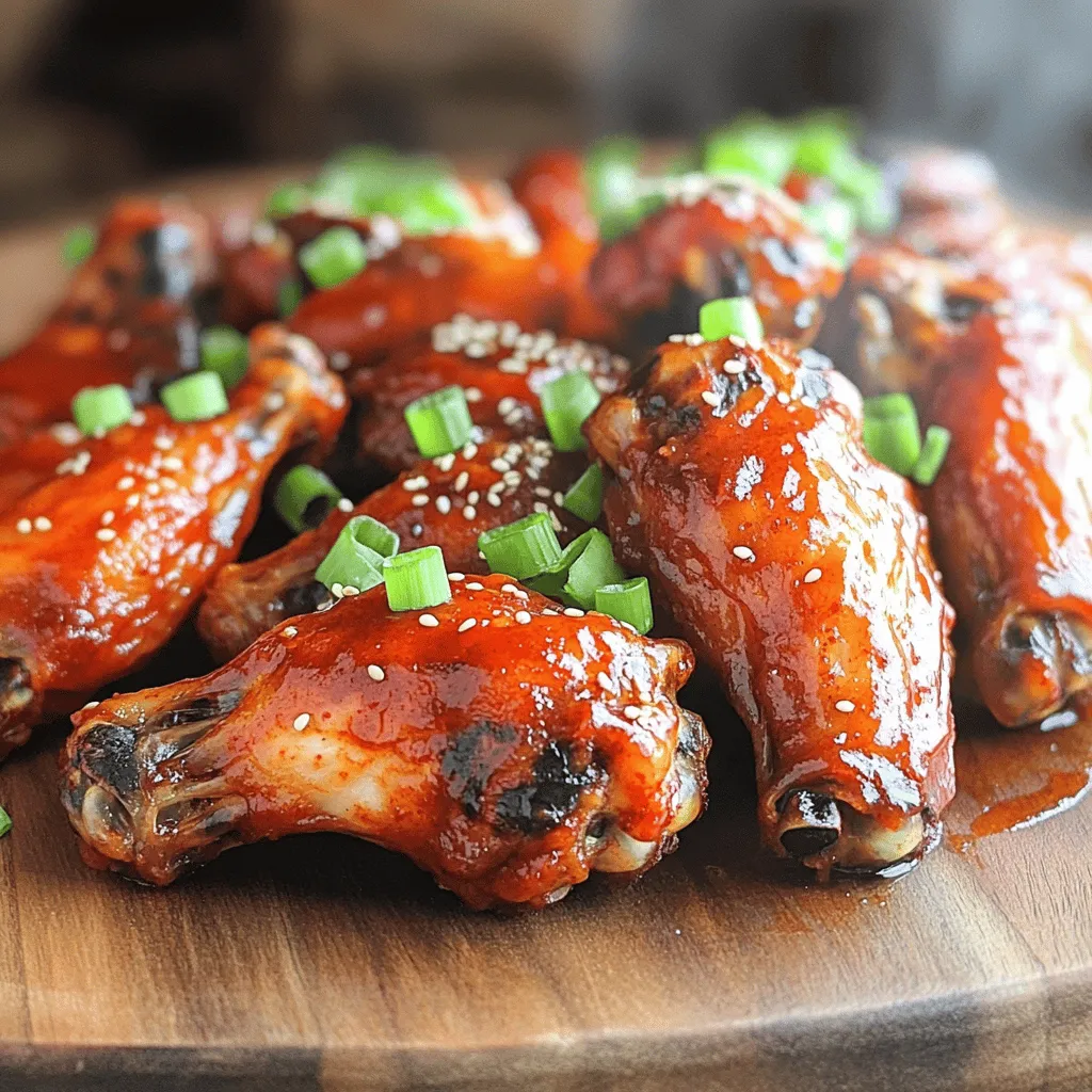 - Chicken wings: 2 lbs - Marinade: soy sauce, gochujang, honey, sesame oil - Flavors: minced garlic, minced ginger, rice vinegar, salt, pepper To make Spicy Korean BBQ Chicken Wings, start with fresh chicken wings. I use about 2 pounds. The marinade gives the wings their bold flavor. I mix soy sauce, gochujang, honey, and sesame oil. Gochujang is a special Korean chili paste. It adds heat and depth to the wings. Honey balances the spice with a touch of sweetness. Sesame oil gives a nutty flavor that enhances the dish. Next, I add minced garlic and ginger. They bring a nice kick to the marinade. Then, I include rice vinegar for a tangy touch. A pinch of salt and pepper rounds out the taste. These ingredients work together to create a mouthwatering experience. When you marinate the wings, they soak up all that goodness. You will taste the love in every bite. For the complete recipe, check the Full Recipe section! To make the marinade, first grab a mixing bowl. Add the following ingredients: - 1/4 cup soy sauce - 1/4 cup gochujang - 2 tablespoons honey - 2 tablespoons sesame oil - 4 cloves garlic, minced - 1 teaspoon ginger, minced - 1 tablespoon rice vinegar - A pinch of salt and pepper Now, whisk these ingredients together until they blend well. This will create a rich marinade full of flavor. Using fresh ingredients makes a big difference. To marinate the wings, place them in a large resealable bag or bowl. Pour the marinade over the wings. Make sure they are well coated. Seal the bag or cover the bowl tightly. Refrigerate the wings for at least 2 hours. For the best flavor, let them sit overnight. This allows the flavors to soak in deeply. Before baking, preheat your oven to 400°F (200°C). Line a baking sheet with parchment paper or foil. This makes cleanup easier later. When the oven is ready, arrange the marinated wings in a single layer on the sheet. Don’t crowd them. Bake the wings for 40-45 minutes. Flip them halfway through cooking. This helps them cook evenly. For extra flavor, brush the wings with the reserved marinade during the last 10 minutes. This method ensures crispy, tasty wings. Once baked, let the wings cool slightly. Then, transfer them to a serving platter. Top them with sesame seeds and chopped green onions for a nice finish. Enjoy your flavorful feast! To get crispy chicken wings, control the temperature. Bake the wings at 400°F (200°C). This high heat helps them crisp up nicely. Use a baking sheet lined with parchment paper. This makes cleanup easy and prevents sticking. Next, flip the wings halfway through baking. This ensures they cook evenly on all sides. For extra flavor, baste the wings with the reserved marinade during the last 10 minutes. This adds a nice glaze and enhances the taste. You can adjust the spice level to suit your taste. If you like it milder, use less gochujang. For more heat, add extra gochujang or some chili flakes. For added flavor, try garnishing the wings with sesame seeds and chopped green onions. These not only look great but also bring a fresh taste. You can also serve them with a side of pickled vegetables for a crunchy contrast. For the full recipe, check out the complete guide to making Spicy Korean BBQ Chicken Wings. {{image_2}} You can change the flavors of your wings with different marinades. Here are a few tasty ideas: - Sweet: Add more honey or brown sugar. This gives a nice balance to the spice. - Spicy: Use more gochujang or add chili flakes. This will really turn up the heat. - Smoky: Try adding smoked paprika or liquid smoke. This gives a great depth of flavor. You can also swap ingredients. For example, use coconut aminos instead of soy sauce. It’s a great choice for a gluten-free option. You have choices when cooking your wings. Each method has its pros and cons. - Grilling: This method adds a nice char and smoky flavor. However, it takes more attention to cook evenly. - Baking: This is easier and requires less hands-on time. Just set the oven and let the wings cook. You can get them crispy by using a wire rack. - Frying: If you want extra crispy wings, frying is the way to go. Just be careful with the oil temperature to avoid soggy wings. Each method can give you a different taste and texture. Try them all and see which one you like best! After enjoying your spicy Korean BBQ chicken wings, store any leftovers in the fridge. Place them in an airtight container. This keeps them fresh and prevents any strong odors. Leftover wings can last about 3 to 4 days in the fridge. If you want to keep them longer, consider freezing them. They can stay good in the freezer for up to 3 months. Just make sure to use freezer-safe bags or containers. To enjoy those wings again, you need the right reheating method. The oven is the best choice. Preheat your oven to 350°F (175°C). Place the wings on a baking sheet and cover them with foil. This keeps them moist. Heat for about 10-15 minutes. Remove the foil for the last 5 minutes to crisp them up. You can also use an air fryer. Set it to 350°F (175°C) and heat for about 8-10 minutes. This method keeps the wings crispy and tasty. These wings pack a punch of heat. The gochujang gives them a spicy kick. Gochujang is a Korean chili paste. It has a deep flavor with a sweet touch. If you love heat, you will enjoy these wings. You can adjust the spice level. Add less gochujang for a milder taste. Try using a pinch of sugar to balance the heat. Yes, you can use frozen chicken wings. Make sure to thaw them before marinating. Thaw them overnight in the fridge. For a quicker method, submerge them in cold water for an hour. Once thawed, follow the marinating steps as normal. Marinate for at least two hours for the best flavor. These wings go great with many sides. Try serving them with: - Steamed rice - Pickled vegetables - Cucumber salads - Kimchi - Dipping sauces like ranch or blue cheese These sides will balance the heat and add freshness. For the complete recipe for Spicy Korean BBQ Chicken Wings, check out the [Full Recipe]. In this post, we covered how to make tasty Spicy Korean BBQ Chicken Wings. You learned about the main ingredients, marinade, and baking tips. I shared methods to achieve crispy wings and explore flavor variations. Proper storage and reheating techniques ensure your leftovers taste great. These wings are simple to make and fun to eat. Enjoy them as a snack or at gatherings. Dive into this recipe and savor the flavor!