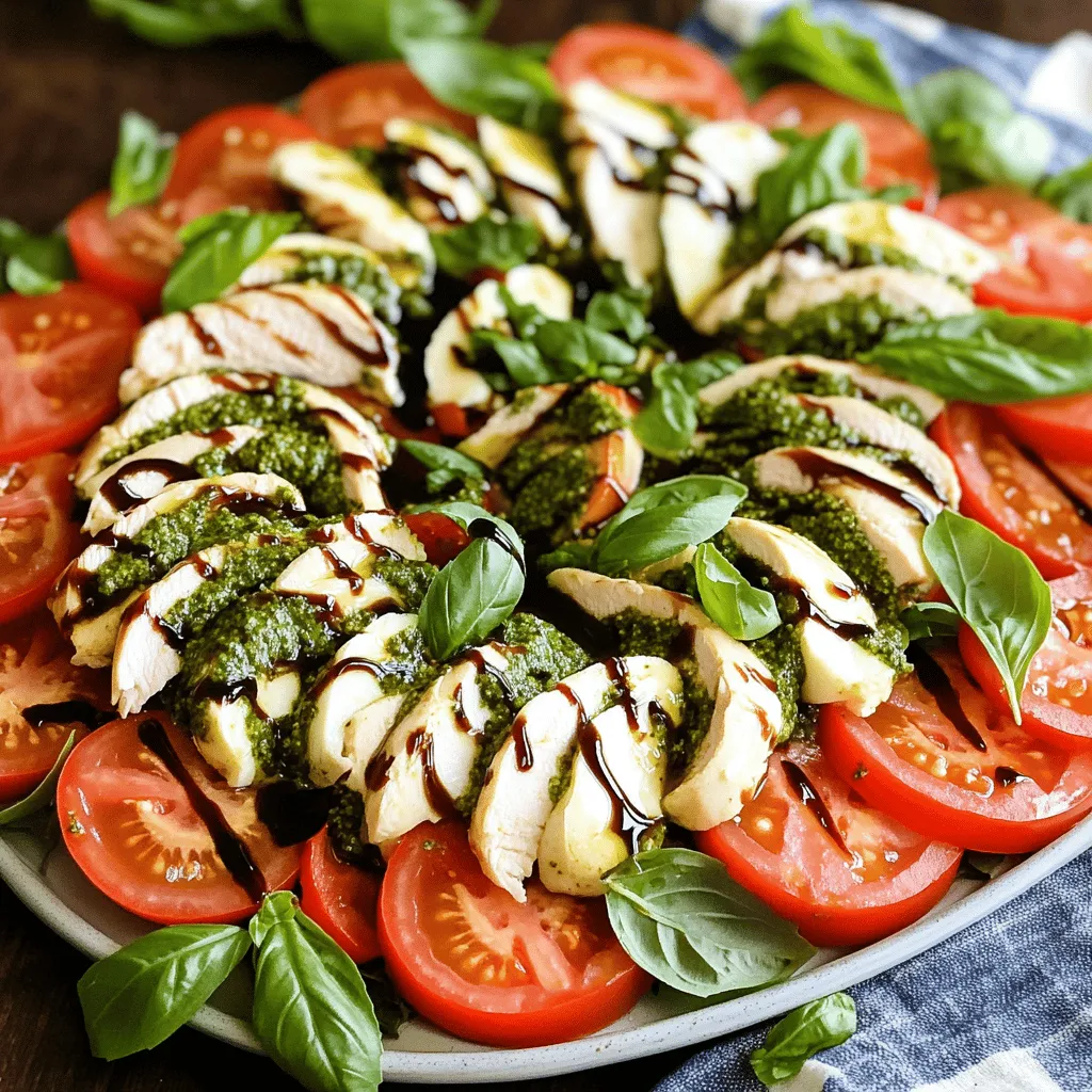 - 2 boneless, skinless chicken breasts - ½ cup basil pesto (store-bought or homemade) - 8 ounces fresh mozzarella, sliced - 2 large tomatoes, sliced - 1 cup fresh basil leaves The main ingredients create a bright and fresh dish. The chicken brings protein and heartiness. The basil pesto adds a burst of flavor. Fresh mozzarella gives a creamy texture. The tomatoes provide juiciness while fresh basil adds a lovely aroma. - Balsamic glaze - Salt and pepper - 2 tablespoons olive oil These optional ingredients enhance the dish. Balsamic glaze adds a sweet note. Salt and pepper bring out the flavors. Olive oil helps cook the chicken perfectly. - Alternative proteins (e.g., grilled shrimp, tofu) - Dairy-free mozzarella options - Homemade vs. store-bought pesto You can switch chicken for shrimp or tofu. Both options work well with the other ingredients. For cheese, consider dairy-free mozzarella if needed. You can also make your own pesto. Homemade pesto can taste fresher than store-bought. Check out the Full Recipe for detailed instructions! To start, season your chicken breasts with salt and pepper. This simple step adds flavor. You can use a skillet or grill to cook the chicken. Skillet Method: - Heat two tablespoons of olive oil in a skillet over medium heat. - Add the chicken and cook for about 6-7 minutes on each side. - The chicken should be golden and not pink inside. Grilling Method: - Preheat your grill to medium-high heat. - Grill the chicken for about 6-7 minutes on each side. - Again, check for no pink in the center. Once done, let the chicken rest for 5 minutes before slicing. If you want to make your own pesto, gather these essential ingredients: - Fresh basil - Garlic - Pine nuts - Parmesan cheese - Olive oil To blend your pesto: - Place all ingredients in a blender or food processor. - Blend until smooth. Add a bit more olive oil if needed for a creamy texture. If you prefer store-bought pesto, feel free to skip this step. Now it’s time to put everything together. Start by arranging the sliced tomatoes and mozzarella on a large platter. - Place them in a circular pattern. - Interleave the tomato and mozzarella slices, adding a fresh basil leaf between each. Next, take your cooked chicken and slice it. Place the chicken on top of the tomato and mozzarella. Drizzle generous amounts of basil pesto over the salad. Finally, for a burst of flavor, drizzle balsamic glaze over the entire dish. This vibrant salad is ready to serve! For the full recipe, check out the details provided earlier. To make the best pesto chicken, check the internal temperature. It should reach 165°F (75°C). Use a meat thermometer for accuracy. After cooking, let the chicken rest for 5 minutes. This step helps keep it juicy. Slicing too soon can let the juices run out. You can prep this salad in advance. Cook the chicken and let it cool. Store it in an airtight container. You can also slice the tomatoes and mozzarella ahead of time. Keep them in the fridge, but not together. Assemble the salad just before serving for the freshest taste. Garnishing makes the dish pop. Add extra basil leaves on top for color. A sprinkle of sea salt can enhance the flavors. Consider drizzling olive oil or balsamic glaze for a flavor boost. These small touches make a big difference in taste and look. {{image_2}} You can switch up the protein in your salad. Shrimp adds a nice touch of seafood flavor. Simply grill or sauté shrimp until they turn pink. Grilled vegetables work well for a hearty, plant-based option. You can use zucchini, bell peppers, or asparagus. Chickpeas are also a great choice for added protein and fiber. They bring a pleasant texture and soak up the flavors of the pesto. Let’s explore some fun flavor additions. You can add fruits like avocado for creaminess. Slices of peaches can also give a sweet twist. Both pair nicely with the salty mozzarella. Nuts add a great crunch and richness. Pine nuts or walnuts can enhance the dish. Just toast them lightly for a deeper flavor. Consider themed variations for fun twists. A Mediterranean-style salad can include olives and artichokes. This adds a briny flavor that contrasts well with the fresh ingredients. For a Caprese pasta salad, swap out the chicken for pasta. Use your favorite shapes, and mix in pesto, tomatoes, and mozzarella. This keeps the spirit of the Caprese while making it a filling dish. Feel free to get creative with your Pesto Chicken Caprese Salad! For the full recipe, check out the detailed instructions. To keep your pesto chicken caprese salad fresh, use airtight containers. This helps prevent air from getting in and keeps flavors intact. Store the salad in the fridge right after you make it. If you plan to eat it later, store the chicken and salad separately. This keeps the salad crisp and the chicken juicy. When it's time to eat, you may want to rewarm the chicken. Place the chicken in a skillet over low heat. Flip it often until it’s hot. For the salad, it’s best to enjoy it fresh. Add the chicken right before serving to keep the salad’s texture. You can keep leftovers in the fridge for about three days. After this, the quality starts to drop. Always check for any off smells or changes in color before eating. If you notice anything funny, it’s best to toss it out. Enjoy your meal while it’s fresh! For the full recipe, refer to the earlier section. Yes, you can use pre-cooked chicken. Rotisserie chicken works great. Just shred or slice it before adding it to your salad. This saves time and still gives you tasty results. Using rotisserie chicken gives you a quick way to enjoy this dish. It saves cooking time and adds flavor. You still get the fresh taste of the salad with less effort. Pair this salad with fresh bread or garlic bread. A nice crusty baguette complements the flavors well. You can also serve it with a light soup, like tomato basil. For a balanced meal, consider a side of roasted vegetables. Grilled zucchini or asparagus works nicely. They add color and nutrition to your plate, making it even more appealing. Yes, this recipe is gluten-free. All the main ingredients, like chicken, tomatoes, and basil, are safe. Just make sure your pesto and balsamic glaze do not contain gluten. If you buy store-bought pesto, check the label for gluten. If you make your own, you can control what goes in it. This way, you ensure everything stays gluten-free. Pesto Chicken Caprese Salad is fresh and full of flavor. You need just a few key ingredients: chicken, basil pesto, mozzarella, and tomatoes. You can use different proteins, like shrimp or tofu, and make your own pesto if you want. Remember to cook the chicken carefully and let it rest. This salad is easy to make ahead and taste great! With some simple storage tips, you can enjoy it later. Explore the many ways to personalize this dish, and make it your own! Enjoy your delicious creation!