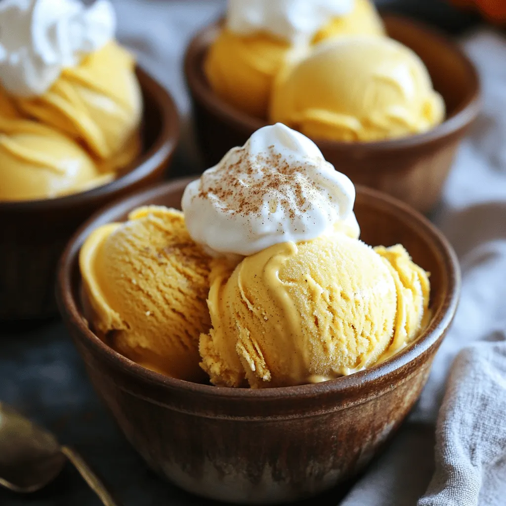 To make this delightful ice cream, gather these key ingredients: - 2 cups heavy cream - 1 cup sweetened condensed milk - 1 cup pure pumpkin puree - 3/4 cup brown sugar - 1 teaspoon vanilla extract These ingredients blend to create a creamy texture and rich flavor. The heavy cream provides the base, while the sweetened condensed milk adds sweetness and creaminess. The pumpkin puree brings fall vibes, and the brown sugar deepens the taste. Finally, the vanilla extract rounds everything out. Next, you'll want to add the perfect spices to enhance the flavor: - 1 teaspoon pumpkin pie spice - 1/2 teaspoon cinnamon - Pinch of salt Pumpkin pie spice gives that classic fall flavor we love. The cinnamon adds warmth and depth, while a pinch of salt balances the sweetness. When it’s time to serve, presentation matters. Here are some great ideas: - Scoop the ice cream into bowls. - Top with a sprinkle of extra cinnamon. - Add a dollop of whipped cream for a festive touch. These simple garnishes elevate your dish. They make your homemade ice cream look as good as it tastes. For an extra treat, try serving with ginger snap cookies on the side. This combination takes your dessert to the next level. First, you need to beat the heavy cream in a large bowl. Use an electric mixer and whip it until soft peaks form. This usually takes about 3-4 minutes on medium speed. Soft peaks mean the cream holds its shape but is still fluffy. Next, combine the pumpkin and sweetened condensed milk in another bowl. Add brown sugar, vanilla extract, pumpkin pie spice, cinnamon, and a pinch of salt. Mix these ingredients well until they become smooth and creamy. Now, it's time to combine both mixtures. Carefully fold the pumpkin mixture into the whipped cream. Use a spatula and gently turn the mixture over. Be slow and steady to keep the whipped cream fluffy. You want a smooth consistency without any streaks of cream. After folding, pour the mixture into a freezer-safe container. Spread the top evenly with your spatula. Cover it tightly with a lid or plastic wrap. To get the best texture, freeze the ice cream for at least 6 hours or overnight. Before serving, let the ice cream sit at room temperature for about 5-10 minutes. This will help it soften, making it easier to scoop. For the full recipe, check the details above! Whipped cream is key for a creamy texture in no-churn pumpkin pie ice cream. It gives the ice cream its light and fluffy feel. To keep that fluffiness, beat the cream until you see soft peaks. Avoid over-mixing, as this can make the cream dense. - Use fresh heavy cream for the best results. - Chill your mixing bowl and beaters for a few minutes before whipping to help achieve peaks faster. You can play with flavors to make this ice cream your own. Adding chocolate or caramel can create a fun twist. Just swirl in some melted chocolate or caramel sauce before freezing. Try using different spices for various flavor profiles. Instead of pumpkin pie spice, use nutmeg or ginger for a new spin. - Add a tablespoon of maple syrup for a hint of sweetness. - Experiment with a dash of cayenne pepper for a spicy kick. Serve your no-churn pumpkin pie ice cream with tasty accompaniments. A sprinkle of cinnamon or a dollop of whipped cream makes it look fancy. For gatherings, scoop the ice cream into clear bowls to showcase its beautiful color. You can also add crushed graham crackers or nuts for texture. - Offer a variety of toppings like chocolate chips or caramel sauce. - Serve in pumpkin-shaped bowls for a festive touch. For the Full Recipe, follow the steps and enjoy this creamy fall delight! {{image_2}} If you want a dairy-free version of no-churn pumpkin pie ice cream, you can use coconut cream instead of heavy cream. Coconut cream gives a rich texture that works well. For sweetened condensed milk, try using coconut milk. Make sure it is unsweetened, then add some maple syrup for sweetness. This swap keeps the creamy feel without the dairy. To add more depth to your ice cream, try infusing flavors. Maple syrup adds a nice touch of sweetness and warmth. You can also blend in nutmeg for a cozy flavor. Other seasonal flavors, like ginger or vanilla bean, work well too. Don’t hesitate to experiment and find your favorite mix! When serving your ice cream, think outside the bowl. Use cute cups or mini mason jars for a fun twist. Top it with whipped cream, a sprinkle of cinnamon, or even some crushed graham crackers for crunch. You can also drizzle caramel sauce on top for an extra treat. These small touches make it look special, perfect for parties or gatherings. Store your no-churn pumpkin pie ice cream in a suitable container. I recommend using an airtight container. This keeps ice crystals from forming and helps the ice cream stay creamy. For best quality, enjoy it within two weeks. After that, the texture may change and the flavor can fade. If you have leftovers, you can refreeze the ice cream. Make sure to store it in an airtight container. Check for any off smells or changes in texture. If it feels grainy or has an odd taste, it may have spoiled. Trust your senses. If it looks good and smells fine, it should be safe to eat. Before you serve the ice cream, let it sit at room temperature. I recommend about 5-10 minutes. This softens it just enough for easy scooping. You can also run your ice cream scoop under warm water for a quicker serving. This way, you get those perfect, smooth scoops every time! Yes, you can make this ice cream without heavy cream. You can use coconut cream or whipped topping instead. Both options change the taste and texture a bit. Coconut cream adds a tropical touch. Whipped topping gives a lighter feel. However, neither will give the same richness as heavy cream. It’s a fun way to experiment! Homemade no-churn ice cream can last up to two weeks in the freezer. To keep it fresh, store it in an airtight container. You can also place a piece of plastic wrap on the ice cream's surface before sealing. This keeps air out and helps maintain quality. Always check for ice crystals before serving, as they can affect texture. To soften ice cream quickly, let it sit at room temperature for about 5-10 minutes. This method helps it soften evenly. If you need it faster, you can use a microwave. Set it to low power and heat for about 10-15 seconds. Check frequently to avoid melting too much. Enjoy your creamy dessert! For the full recipe, check out the No-Churn Pumpkin Pie Ice Cream details! This blog post covered how to make no-churn pumpkin pie ice cream. We looked at key ingredients, techniques, and freezing tips. You learned about serving suggestions and flavor variations too. With simple steps, you can create a tasty treat at home. Remember, using fresh ingredients makes all the difference for flavor. Enjoy making this ice cream for any gathering or just for yourself!
