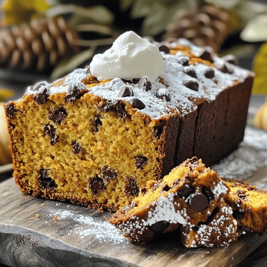 To make chocolate chip pumpkin bread, gather these key items: - 1 cup canned pumpkin puree - 1/2 cup granulated sugar - 1/2 cup brown sugar, packed - 1/2 cup vegetable oil - 2 large eggs - 1 teaspoon vanilla extract - 1 1/2 cups all-purpose flour - 1 teaspoon baking soda - 1/2 teaspoon baking powder - 1 teaspoon ground cinnamon - 1/2 teaspoon ground nutmeg - 1/4 teaspoon ground ginger - 1/2 teaspoon salt - 1 cup semi-sweet chocolate chips - 1/2 cup chopped walnuts (optional) These ingredients create a moist, sweet, and rich loaf of bread. The chocolate chips blend perfectly with the warm spices, making each bite delightful. For more flavor, try these fun add-ins: - Dried cranberries - Chopped pecans instead of walnuts - A dash of pumpkin spice mix - A splash of orange juice for a citrus note These options add different textures and flavors. Feel free to mix and match based on your taste. Not everyone has every ingredient on hand. Here are some easy swaps: - Use applesauce instead of vegetable oil for fewer calories. - Substitute honey or maple syrup for sugar for a natural sweetener. - Swap all-purpose flour with gluten-free flour for a gluten-free option. These substitutes work well and can change the bread’s taste and texture. Experiment to find your favorite version. For the full recipe, follow the instructions provided. To start, gather all your ingredients. This makes it easier to work. First, preheat your oven to 350°F (175°C). Grease a 9x5 inch loaf pan or use parchment paper. In a large bowl, mix 1 cup of pumpkin puree, 1/2 cup of granulated sugar, and 1/2 cup of brown sugar. Add 1/2 cup of vegetable oil, 2 large eggs, and 1 teaspoon of vanilla extract. Whisk until it is smooth and blended well. In another bowl, combine 1 1/2 cups of all-purpose flour, 1 teaspoon of baking soda, and 1/2 teaspoon of baking powder. Add 1 teaspoon of ground cinnamon, 1/2 teaspoon of ground nutmeg, 1/4 teaspoon of ground ginger, and 1/2 teaspoon of salt. Mix these dry ingredients together. Slowly add the dry mix to the wet mix, stirring gently. Stop when the batter is just combined. It is okay if there are lumps. Now fold in 1 cup of semi-sweet chocolate chips and 1/2 cup of chopped walnuts, if you want. Pour the batter into the loaf pan you prepared. Use a spatula to smooth the top. Place the pan in the oven and bake for 55-60 minutes. The aroma will fill your kitchen! Make sure to set a timer as it bakes. To see if your bread is ready, take a toothpick and insert it in the center. If it comes out clean, your bread is done! If it has batter on it, give it more time. Remove the pan from the oven and let it cool for about 10 minutes. Then, transfer the bread to a wire rack to cool completely. Enjoy your creation from this Full Recipe! One big mistake is overmixing the batter. This can make your bread dense and tough. Mix until just combined. Another mistake is not checking the oven temperature. Always use an oven thermometer. This helps ensure your bread bakes evenly. Also, don’t skip the cooling step. Letting the bread cool helps it set and taste better. To get a soft and moist texture, use canned pumpkin puree. It’s smoother and richer than fresh pumpkin. Make sure to measure your flour correctly. Too much flour can make the bread dry. I like to spoon the flour into the measuring cup and level it off with a knife. Lastly, adding chocolate chips not only gives flavor but also adds moisture. For a pretty touch, dust the bread with powdered sugar before serving. Serve it warm or at room temperature. You can also add a dollop of whipped cream on top for extra sweetness. If you want something crunchy, sprinkle chopped nuts on top. This adds texture and makes it look fancy. For the full recipe, check the instructions above. {{image_2}} You can add nuts to your chocolate chip pumpkin bread for extra crunch. Chopped walnuts or pecans work great. They add a nice texture and flavor. Just fold in half a cup of your chosen nuts into the batter. This simple step makes every bite more interesting. Want a gluten-free version? You can use gluten-free flour blends instead of all-purpose flour. Look for blends that contain rice flour, tapioca starch, and xanthan gum. These blends mimic regular flour well. Follow the same steps in the recipe for a delicious result. Just make sure all other ingredients are also gluten-free. For a twist, add more spices to your bread. Try adding cloves or allspice to enhance the flavor. You can also mix in a bit of cocoa powder for a rich taste. Use one to two tablespoons of cocoa powder and reduce the flour by the same amount. This keeps the balance right while giving you a new flavor. Enjoy exploring these fun variations! For more ideas, check out the Full Recipe. To keep your chocolate chip pumpkin bread fresh, wrap it well. Use plastic wrap or aluminum foil. Store it at room temperature for up to three days. For longer storage, place it in the fridge. This will help it last for about a week. Make sure it cools completely before wrapping. If you keep it warm, it can get soggy. Freezing is a great option if you want to save some for later. First, let the bread cool completely. Then, wrap it tightly in plastic wrap. After that, place it in a freezer bag. Label the bag with the date. Your bread can stay frozen for up to three months. When you're ready to eat it, just take it out and let it thaw in the fridge overnight. Reheating your chocolate chip pumpkin bread is easy. Slice a piece and place it in the microwave for about 15 seconds. This warms it nicely without drying it out. You can also use an oven. Preheat it to 350°F (175°C) and heat the bread for about 10 minutes. This keeps it soft and tasty. Enjoy it warm for the best flavor! You know your chocolate chip pumpkin bread is done when a toothpick comes out clean. Insert the toothpick in the center of the loaf. If it has wet batter on it, bake a little longer. The top should be golden brown, and the sides will pull away slightly from the pan. Trust your senses; the aroma will fill your kitchen, hinting that it's almost ready. Yes, you can use fresh pumpkin instead of canned. To do this, start by roasting your pumpkin. Cut it in half, remove the seeds, and bake it at 350°F for about an hour. Once cool, scoop out the flesh and puree it until smooth. Measure one cup of this puree for your recipe. Fresh pumpkin adds a unique flavor and texture, giving your bread a homemade touch. You can serve chocolate chip pumpkin bread in many ways. Here are some tasty options: - A dollop of whipped cream for extra creaminess. - A sprinkle of powdered sugar for a sweet touch. - Cream cheese spread for a savory contrast. - Hot coffee or tea to warm up your day. Feel free to mix and match these ideas to suit your taste. Enjoy your delicious chocolate chip pumpkin bread with your favorite sides! For the full recipe, check out the details above. You learned about making delicious chocolate chip pumpkin bread. We covered essential ingredients, optional add-ins, and substitutions. The step-by-step process made it easy to bake. Tips helped you avoid common mistakes and achieve the perfect texture. You discovered fun variations and learned how to store leftovers. In closing, this bread is fun to make and share. Enjoy your baking journey, and let your creativity shine!