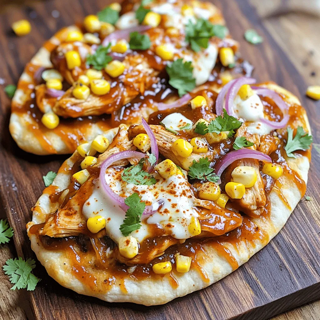 - 2 flatbreads - 1 cup cooked chicken, shredded - 1/2 cup BBQ sauce - 1 cup shredded mozzarella cheese - 1/2 cup red onion, thinly sliced - 1/2 cup corn kernels (fresh or canned) - 1/2 teaspoon smoked paprika - 1/4 teaspoon black pepper - Fresh cilantro, chopped (for garnish) For this BBQ chicken flatbread, I love using fresh and simple ingredients. You can find flatbreads at most stores. I prefer whole wheat for added nutrition. You need cooked chicken, which can be from a rotisserie or leftover from a meal. The BBQ sauce is key; it adds that sweet and smoky flavor. Mozzarella cheese melts nicely and gives a great texture. Red onions add sharpness, while corn brings sweetness. The smoked paprika and black pepper give a warm touch. Finally, fresh cilantro adds a burst of flavor and color. - Different types of cheese (cheddar, gouda) - Sliced jalapeños for spice - Different toppings (bell peppers, black olives) Feel free to mix it up! Cheddar or gouda can add depth. If you like heat, jalapeños are a tasty choice. Bell peppers or black olives add crunch and flavor. - Alternatives for flatbreads (naan, pita bread) - BBQ sauce options (homemade, low-sugar) - Chicken substitutes (tofu, plant-based chicken) If you can't find flatbreads, naan or pita works well. You can make your own BBQ sauce too. It’s fun to adjust the sweetness to your taste. For a plant-based meal, try tofu or plant-based chicken. They work great with the same sauce! For the full recipe, check out the detailed steps to create this delicious meal. - Preheat the oven to 425°F (220°C). - Prepare your baking sheet with parchment paper. - Mix shredded chicken with BBQ sauce. - Spread chicken evenly over the flatbreads. - Add toppings including cheese and onions. - Bake for 12-15 minutes until golden. - Garnish with fresh cilantro before slicing. To make this BBQ chicken flatbread, you will first prepare your oven. Preheating it to 425°F (220°C) warms your flatbreads nicely. Next, line your baking sheet with parchment paper. This prevents sticking and makes cleanup easy. Now, let’s assemble the flatbreads. In a bowl, mix shredded chicken with BBQ sauce. Make sure every piece is well coated. This flavor is key to a tasty flatbread. Spread the BBQ chicken evenly over each flatbread. Leave a small border around the edges for a nice crust. Next, sprinkle shredded mozzarella cheese over the chicken. Cheese adds a creamy texture and rich taste. Then, add thinly sliced red onions and corn kernels on top. These toppings add crunch and sweetness. Now, it's time to bake. Place the flatbreads in the oven and bake for 12-15 minutes. You want to see golden edges and bubbly cheese. Once done, take them out and let them cool for a minute. Garnish with fresh cilantro before slicing into wedges. This adds a pop of color and fresh flavor to your dish. Enjoy your meal! For the complete recipe, see the [Full Recipe]. - Keep an eye on the cheese. Melt it, but don’t let it burn. - Use a pizza stone for a nice, crispy crust. - Serve with a fresh side salad or crunchy coleslaw. - Offer extra BBQ sauce for dipping on the side. - Marinate the chicken in your favorite spices for a deeper taste. - Try different BBQ sauces to mix up the flavor. These tips will help you perfect your BBQ chicken flatbread. Feel free to explore and enjoy! For the full recipe, check the section above. {{image_2}} Exploring variations of BBQ chicken flatbread can be fun and tasty. You can switch things up to suit your taste or dietary needs. If you want a meatless option, try using jackfruit or mushrooms. Jackfruit has a meaty texture and absorbs flavors well. Simply shred cooked jackfruit and mix it with BBQ sauce. For mushrooms, use portobello or shiitake for a hearty bite. Slice them thin, and sauté briefly to bring out their umami flavor. This swap keeps the meal hearty and delicious without chicken. You can easily turn this recipe into a pizza. Instead of flatbreads, use pizza dough for a thicker base. Roll it out to your desired thickness. Follow the same steps for topping it with BBQ chicken, cheese, and veggies. Bake until the crust is golden and the cheese is bubbly. You’ll have a fun pizza night, perfect for sharing. For a unique twist, add pineapple and jalapeños. Pineapple adds a sweet and juicy burst, while jalapeños bring heat. Spread the BBQ chicken on the flatbread, then layer with pineapple chunks and sliced jalapeños. This combo creates a nice balance of flavors. It’s great for those who love a little kick with their sweet. To keep your BBQ chicken flatbread fresh, store leftovers in an airtight container. This helps keep the flatbread from getting soggy. Make sure to let it cool before sealing. You can store it in the fridge for up to three days. To reheat, I suggest using an oven or an air fryer. Preheat your oven to 350°F (175°C). Place the flatbread on a baking sheet and heat for about 10 minutes. For the air fryer, set it to 350°F (175°C) and heat for about 5-7 minutes. This way, the flatbread stays crispy and the cheese melts well. If you want to freeze your assembled flatbreads, place them on a baking sheet first. Wrap each one in plastic wrap and then put them in a freezer bag. They can last up to three months in the freezer. When you’re ready to enjoy them, let them thaw in the fridge overnight before reheating. This method keeps all the flavors intact. BBQ chicken flatbread lasts about 3 to 4 days in the fridge. Store it in an airtight container to keep it fresh. Yes, you can make BBQ chicken flatbread ahead of time! Prepare your flatbreads and toppings. Store them separately in the fridge. When ready, just bake them. This saves time on busy nights. Pair BBQ chicken flatbread with sides like: - A fresh garden salad - Coleslaw - Sweet potato fries - Corn on the cob For drinks, try lemonade or iced tea. Yes, using store-bought rotisserie chicken is a great idea! It saves time and adds flavor. Just shred it and mix it with the BBQ sauce. BBQ chicken flatbread can be gluten-free. Use gluten-free flatbreads or make your own with gluten-free flour. Check the BBQ sauce for gluten-free options. This article detailed how to make BBQ chicken flatbread. We covered the ingredients needed and their substitutes. Then, I outlined step-by-step instructions for making your dish. Plus, I shared tips to enhance flavor and served options to make meals even better. Try different toppings and variations to create your unique flavor. Enjoy your flatbread as a quick meal or snack. With easy storage tips, you can keep leftovers fresh. Get ready to impress with a tasty and fun dish that never fails!