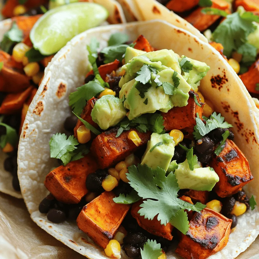 - 2 medium sweet potatoes, peeled and cubed - 1 can black beans, rinsed and drained - 1 cup corn (fresh, frozen, or canned) Sweet potatoes are the star of these tacos. Their natural sweetness balances the heat from chipotle. Black beans add protein and creaminess. Corn brings a pop of flavor and crunch. - 1 tablespoon olive oil - 1 teaspoon smoked paprika - 1 teaspoon ground cumin - 1 teaspoon chipotle chili powder - Salt and pepper to taste - 1 avocado, diced - 1/4 cup fresh cilantro, chopped - Lime wedges for serving The seasonings work together to create a smoky taste. Olive oil helps the spices stick to the sweet potatoes. Fresh toppings like avocado and cilantro add freshness. A squeeze of lime hits the spot with tang. - 8 small corn tortillas - Gluten-free options available Corn tortillas are traditional and hold up well. They add a nice, earthy flavor. If you want a gluten-free option, choose corn tortillas. They are easy to find and perfect for this recipe. For the complete list and details, refer to the Full Recipe. First, you need to preheat your oven to 425°F (220°C). This temperature helps the sweet potatoes roast well. Next, grab a baking sheet and line it with parchment paper. This makes cleaning easier later. In a large bowl, toss the cubed sweet potatoes with olive oil, smoked paprika, ground cumin, chipotle chili powder, salt, and pepper. Make sure each piece is evenly coated. This step adds flavor and helps them crisp up nicely. Spread the sweet potatoes out in a single layer on your baking sheet. Roast them for 25 to 30 minutes. Halfway through cooking, stir them to ensure they roast evenly. You will know they are done when they are tender and have a slight caramelized look. This adds a great depth of flavor to your tacos. While the sweet potatoes roast, it’s time to heat the black beans and corn. In a saucepan over medium heat, combine the drained black beans and corn. Heat them for about five minutes until they are warm. Taste and add more salt and pepper if needed. This mix adds a hearty texture to your tacos. For the full recipe, check out the complete instructions. To get the best flavor, ensure sweet potatoes are caramelized. Here's how: - Cut the sweet potatoes into even cubes. - Toss them with olive oil and spices. - Roast them until they are tender and slightly golden. This caramelization adds a nice sweetness and depth. Warming tortillas can be tricky. To keep them intact: - Heat a dry skillet over medium heat. - Warm each tortilla for about 30 seconds on each side. - Keep them stacked and covered with a towel to stay warm. Adjust the spice level to your liking. If you want more heat: - Add extra chipotle chili powder. - Try diced jalapeños for a fresh kick. For toppings, consider: - Sour cream for creaminess. - Shredded cheese for a rich touch. These additions can enhance each bite. A beautiful taco display impresses everyone. Here are some tips: - Use colorful plates to highlight the vibrant ingredients. - Stack the tacos upright in a taco holder or on a plate. - Garnish with lime wedges and fresh cilantro. These details make your meal look as good as it tastes. For the full recipe, you can explore the delicious steps to create these tasty tacos! {{image_2}} You can easily boost the protein in your tacos. Try adding chicken, tofu, or tempeh. For chicken, grill or roast it with spices. Tofu needs pressing to remove water before cooking. Tempeh can be sliced and sautéed for a nutty flavor. Each choice adds a different taste and texture. This way, you can make each taco just how you like it. These tacos fit well with many diets. They are already vegan if you skip cheese. You can add plant-based sour cream for creaminess. If you eat dairy, a sprinkle of cheese adds great flavor. Feel free to swap the black beans for lentils. This makes a nice twist while keeping the dish hearty. Don’t be afraid to play with flavors. You can add different herbs like oregano or thyme. Spices like cayenne or chili flakes can make it spicier. For a fresh touch, try adding lime zest or fresh mint. Each change can bring a new vibe to your meal. The more you experiment, the more fun you will have. You can store your spicy chipotle sweet potato tacos in the fridge. They will stay fresh for up to three days. Make sure to place them in an airtight container. This keeps the flavors intact and prevents them from drying out. Freezing tacos is a great way to save leftovers. You can freeze the sweet potato filling separately from the tortillas. Use a freezer-safe bag or container. When you want to eat them, thaw the filling in the fridge overnight. Reheat it in a pan over low heat. Warm the tortillas in a skillet for a few seconds. Meal prep makes cooking easy. You can chop sweet potatoes, beans, and corn in advance. Store them separately in the fridge. This way, you can assemble your tacos quickly during the week. You can also roast the sweet potatoes ahead of time. Just reheat them before serving. For the full recipe, check out the details. How can I make these tacos spicier? To add heat, mix in more chipotle chili powder. You can also add jalapeños or hot sauce. Fresh chili options give a fresh kick too. Can I use other vegetables besides sweet potatoes? Yes, you can swap sweet potatoes for butternut squash or zucchini. Both options work well with the spices. What are the health benefits of sweet potatoes? Sweet potatoes are rich in vitamins and minerals. They provide a lot of fiber, which is good for digestion. They also have antioxidants that help your body fight disease. What sides pair well with spicy chipotle sweet potato tacos? To complement these tacos, try a light salad or guacamole. Corn salsa or a side of rice also works well. You might enjoy some tortilla chips for crunch too. For the complete details on making these spicy chipotle sweet potato tacos, check out the Full Recipe. This blog post covered making tasty chipotle sweet potato tacos. We explored key ingredients, like sweet potatoes and black beans, along with the best seasonings and tortillas. I shared step-by-step instructions and helpful tips for perfecting your tacos. Finally, we looked at variations, storage info, and common questions to boost your taco game. Remember, cooking is all about creativity. Enjoy mixing and matching flavors to suit your taste!
