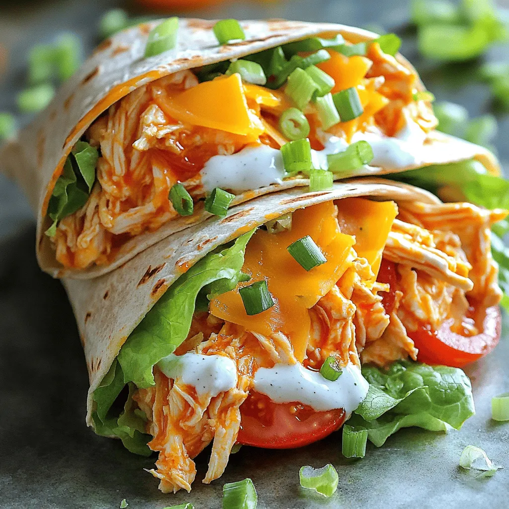 - 2 cups cooked chicken, shredded - 1/4 cup buffalo sauce - 1/2 cup ranch dressing - 1 cup romaine lettuce, chopped - 1/2 cup diced tomatoes - 1/4 cup shredded cheddar cheese - 4 large whole wheat tortillas - Optional: green onions for garnish To make a great buffalo chicken wrap, you need a few key ingredients. These ingredients work together to create a tasty meal. - Alternatives for buffalo sauce: You can try using BBQ sauce or a mix of hot sauce and honey for a sweeter flavor. - Healthier ranch dressing options: Look for yogurt-based ranch dressings or make your own using Greek yogurt. - Gluten-free tortilla suggestions: Use corn tortillas or gluten-free wraps to fit your diet. These swaps can help you customize your wrap. You can change flavors or make it fit your needs. The goal is to enjoy your meal while keeping it fun and fresh. Check out the Full Recipe for more details! To make the buffalo chicken wraps, start by mixing the chicken and buffalo sauce. In a large bowl, add 2 cups of shredded chicken. Pour in 1/4 cup of buffalo sauce. Stir until the chicken is well coated. You can adjust the sauce to your spice level. A little more sauce will give it a kick! Next, lay a tortilla flat on a clean surface. Spread 2 tablespoons of ranch dressing in the center. This cools down the heat from the buffalo sauce. It also adds a creamy texture to the wrap. Now it’s time to layer the ingredients. Spoon a good amount of the buffalo chicken mixture on top of the ranch dressing. Add a handful of chopped romaine lettuce. Then, throw in 1/2 cup of diced tomatoes and a sprinkle of shredded cheddar cheese. Folding the wrap can be tricky but fun. First, fold the sides of the tortilla inward. Then, roll it up tightly from the bottom to the top. Make sure it’s snug so nothing spills out. For an extra crispy finish, skillet grill the wraps. Heat a skillet over medium heat and place each wrap seam-side down. Grill for 2-3 minutes on each side until golden brown. This step adds texture and makes it more enjoyable. You can serve the wraps with extra ranch or a side of veggies. They taste best when warm. Enjoy every bite of your delicious buffalo chicken wraps! For a detailed guide, check the Full Recipe. To create the best flavor, balance heat with cool. Use ranch dressing to tone down the spice. The chicken should be moist but not dripping. Too much sauce makes a soggy wrap. To avoid soggy wraps, use fresh ingredients. Pat dry tomatoes before adding them. Consider lightly toasting the tortillas. This gives them strength and adds flavor. Preparing ingredients in advance saves time. Cook and shred chicken the day before. Mix it with buffalo sauce and store it in the fridge. Chop lettuce and dice tomatoes for quick access. When storing assembled wraps, use parchment paper. Wrap each one snugly to keep them fresh. Place them in an airtight container. This keeps them from getting mushy. Enjoy your wraps within a few days for the best taste. {{image_2}} You can switch up the protein in your buffalo chicken wraps for fun. Try using spicy tofu or chickpeas for a tasty, plant-based option. Both add great texture and flavor. If you want more meat options, turkey or beef work well too. They all bring their own twist to the classic wrap. To make your wraps stand out, add some spices or seasoning blends. Consider using smoked paprika or cumin to give your dish a kick. You can also get creative with sauces. Beyond ranch and buffalo, try blue cheese or honey mustard. Each sauce changes the flavor and keeps it interesting. If you're looking for low-carb options, use lettuce leaves instead of tortillas. This keeps the taste but cuts back on carbs. For a vegan twist, replace chicken with jackfruit or tempeh. Use a vegan ranch dressing, and you have a delicious meal that fits your diet. To keep leftover buffalo chicken wraps fresh, wrap them tightly in plastic wrap or foil. Place them in an airtight container. This method helps keep the flavors locked in. Store your wraps in the fridge for up to three days. If you plan to eat them later, make sure to check for any signs of spoilage before enjoying. If you want to save wraps for later, freezing is a great option. First, wrap each buffalo chicken wrap in plastic wrap. Then, place them in a freezer-safe bag or container. This helps keep freezer burn away. You can freeze them for up to three months for the best taste. To thaw your wraps, leave them in the fridge overnight. If you’re short on time, you can use the microwave. Heat them on a low setting for a few minutes. For the best results, reheat them in a skillet. This will help regain that crispy texture. Enjoy your wraps just as good as fresh! For the complete recipe, check out the Full Recipe. How do I make buffalo chicken wraps healthier? You can make these wraps healthier by using whole-grain tortillas. You can swap the ranch dressing for Greek yogurt. Try adding more veggies, like cucumbers or bell peppers. You can also use grilled chicken instead of fried for less fat. What can I serve with buffalo chicken wraps? Buffalo chicken wraps go well with a fresh salad or sweet potato fries. You could also serve them with crunchy veggies and dip. Another great option is fruit salad for a sweet touch. Can I use leftover chicken for this recipe? Absolutely! Leftover chicken works great in buffalo chicken wraps. Just shred your chicken and mix it with the buffalo sauce. This makes meal prep easy and tasty. How long do buffalo chicken wraps take to make? These wraps are quick to prepare. They take about 15 minutes in total. This includes the time to mix the chicken and assemble the wraps. Can I prep ingredients the night before? Yes, you can prep ingredients the night before. Chop veggies and mix the chicken with buffalo sauce. Store them in the fridge for easy assembly the next day. Where can I find the best buffalo chicken wraps nearby? To find the best buffalo chicken wraps, check local reviews online. Look for places that use fresh ingredients and have a good reputation. Ask friends for recommendations too. What to look for in a restaurant's buffalo chicken wrap? When choosing a buffalo chicken wrap, look for freshness. The chicken should be juicy, and the sauce should pack flavor. Good wraps also have a balance of veggies and are not too soggy. Buffalo chicken wraps are tasty and simple to make. We covered the key ingredients, tips for prep, and variations for all tastes. Remember to store them well for later meals. You have many options, whether you want them healthier or spicier. Use these tips to impress your friends or enjoy a fun meal at home. Keep experimenting with flavors and enjoy making this fun dish your own!