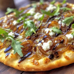 - 2 large yellow onions, thinly sliced - 2 tablespoons olive oil - 1 teaspoon sugar - Salt and pepper, to taste - 1 flatbread (store-bought or homemade) - 1 cup mozzarella cheese, shredded - 1/2 cup goat cheese, crumbled - 1/4 cup fresh arugula - Balsamic reduction, for drizzling (optional) Caramelized onion flatbread pizza has rich flavors. First, gather your ingredients for a tasty meal. The onions are key to this dish. Their sweetness shines through when you cook them slowly. Use two large yellow onions. Slice them thinly for even cooking. Olive oil helps the onions caramelize and adds a nice flavor. You will also need sugar. A teaspoon of sugar boosts the caramelization process. Salt and pepper are important for seasoning. They enhance the taste of the onions. You can use either store-bought or homemade flatbread. This choice makes the pizza easy to prepare. For cheesy goodness, gather one cup of shredded mozzarella. This cheese melts beautifully and gives a creamy texture. Add half a cup of crumbled goat cheese for a tangy kick. Top it all off with fresh arugula. This adds a green touch and a hint of peppery flavor. A balsamic reduction is optional but gives a sweet finish. Check out the Full Recipe for detailed steps to make this delightful dish! 1. Heat olive oil in a skillet. Pour the olive oil into your skillet. Turn the heat to medium. 2. Add sliced onions and salt. Once the oil is hot, add your thinly sliced onions. Sprinkle a pinch of salt over them. 3. Sprinkle sugar to enhance caramelization. After about five minutes, the onions will start to soften. Now, add one teaspoon of sugar. This will help the onions turn a rich brown color. Keep stirring frequently for 20 to 25 minutes. If they stick, add a splash of water. 1. Preheat the oven to 425°F (220°C). While the onions cook, set your oven to preheat. 2. Assemble the flatbread with onions and cheeses. Get your flatbread ready. Spread the caramelized onions evenly on top. Then, sprinkle one cup of shredded mozzarella cheese and half a cup of crumbled goat cheese. 3. Bake until cheese is bubbly and golden. Place the flatbread in the oven. Bake it for 10 to 12 minutes. Watch for the cheese to get bubbly and golden brown. 1. Cool slightly before serving. After baking, take the flatbread out of the oven. Let it cool for a few minutes. 2. Top with arugula and drizzle balsamic reduction. Finally, add a handful of fresh arugula on top. If you like, drizzle some balsamic reduction for extra flavor. This simple process creates a delicious Caramelized Onion Flatbread Pizza that you can enjoy anytime! For a full recipe, check out the details above. To make great caramelized onions, start with thin slices. This helps them cook evenly. Use low heat; it takes time but gives the best flavor. Stir the onions often for even cooking. If they start to stick, add a splash of water. This keeps them moist and helps with the caramelization. For this flatbread pizza, I recommend mozzarella and goat cheese. Mozzarella gives a nice melt, while goat cheese adds a tangy flavor. If you are lactose intolerant, try dairy-free cheese. You can also use feta for a unique taste. Serve your flatbread pizza with a fresh salad or roasted veggies. A light green salad pairs well with the rich flavors. For drinks, a glass of white wine like Pinot Grigio enhances the meal. It complements the sweetness of the onions nicely. Enjoy these tips to make your pizza experience even better! {{image_2}} You can easily change the taste of your caramelized onion flatbread pizza. Adding meats like prosciutto or chicken gives it a savory boost. Prosciutto adds a salty richness, while chicken adds heartiness. You can cook the chicken first to keep it juicy. Vegetables also make a great addition. Spinach or mushrooms work well with caramelized onions. Spinach offers a fresh, earthy taste. Mushrooms bring a rich, umami flavor that pairs nicely with cheese. You can mix and match these to create your ideal pizza. If you need gluten-free options, look for gluten-free flatbreads in stores. Many brands offer tasty choices that hold up well in the oven. You can also make your own flatbread. Mix flour, water, and salt to form the dough. Roll it out and bake it until lightly golden. This way, you control the ingredients and flavors. Consider using seasonal toppings to keep things exciting. In summer, try adding fresh tomatoes and basil. These add brightness and a pop of flavor. In winter, think about roasted veggies like butternut squash or brussels sprouts. They provide warmth and comfort on chilly days. For holidays or celebrations, customize the flatbread. Add festive toppings like cranberries and feta for a Thanksgiving twist. You can create a unique flavor profile that fits the occasion! To keep your caramelized onion flatbread pizza fresh, wrap it tightly in foil or plastic wrap. You can also place it in an airtight container. This helps prevent it from drying out. The pizza will last about 3 to 4 days in the fridge. To avoid a soggy flatbread, use the oven or a skillet. Preheat your oven to 350°F (175°C) and place the pizza on a baking sheet. Heat for about 10 minutes. Alternatively, heat a skillet over medium-low heat. Place the pizza in the skillet and cover it. This keeps it warm and crisp. Yes, you can freeze caramelized onion flatbread pizza. Wrap it tightly in plastic wrap, then in foil. This prevents freezer burn. To reheat, let it thaw in the fridge overnight. Then follow the reheating tips for the best results. Caramelized onion flatbread pizza combines crispy flatbread with sweet, rich caramelized onions. The dish features melted mozzarella and tangy goat cheese, creating a delightful flavor blend. Fresh arugula adds a peppery kick, making every bite special. You can enjoy this pizza as a snack or a meal. The recipe is simple and uses basic ingredients everyone loves. Yes, you can make this pizza ahead of time. Start by prepping the caramelized onions. Cook them slowly and store them in the fridge. You can also assemble the pizza without baking. Just layer the flatbread with onions and cheese, then cover it. When ready, bake it for 10-12 minutes. This method saves time and keeps flavors fresh. You can easily customize this pizza to fit your taste. Add cooked meats like chicken or prosciutto for extra protein. Toss in vegetables like spinach or mushrooms for added nutrition. You can also change the cheeses. Try feta or blue cheese if you want a stronger flavor. Personalizing your pizza makes it more fun and delicious. In this post, you learned how to make delicious caramelized onion flatbread pizza. We covered the key ingredients, step-by-step instructions, and tips for perfecting your dish. You discovered ways to customize flavors and pair sides or wines for a complete meal. Keep these techniques in mind, and don’t hesitate to experiment with your favorite toppings. Enjoy this delicious recipe and impress your friends and family!