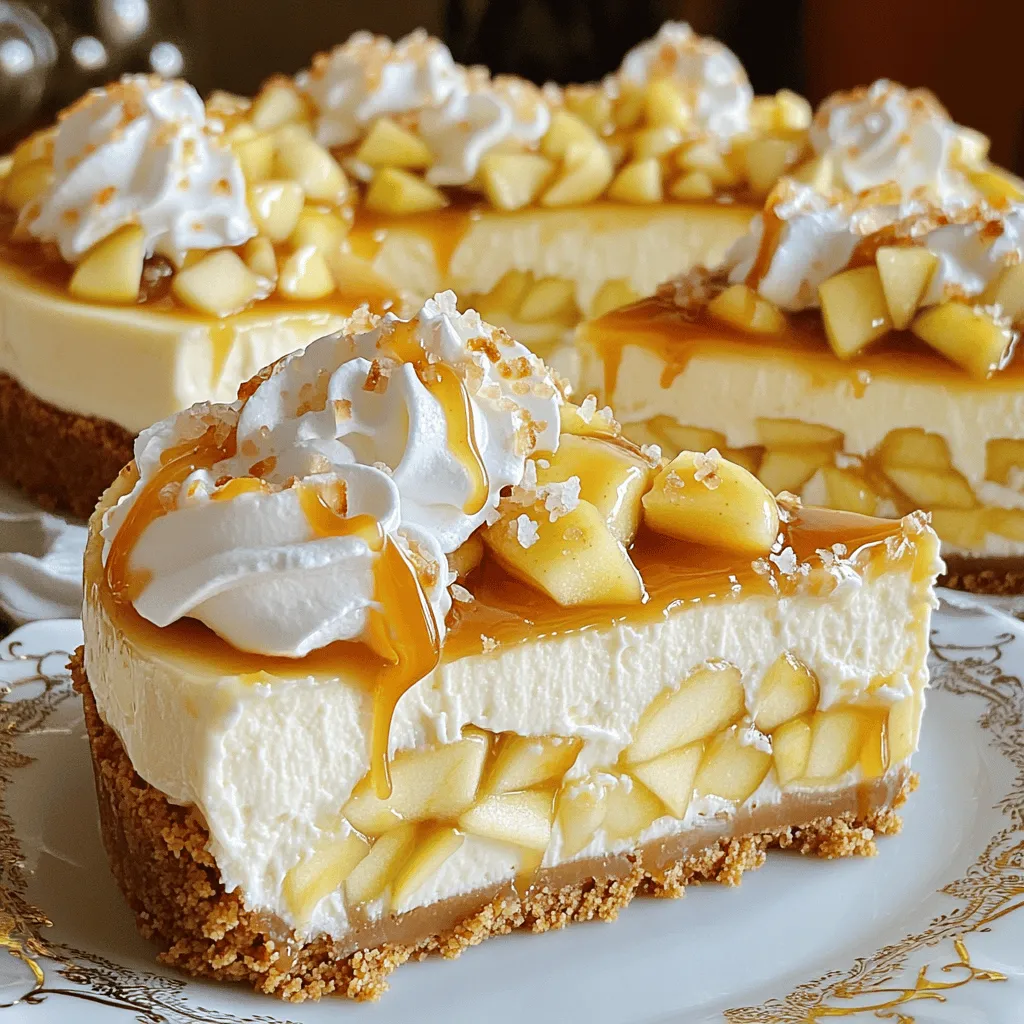 - 1 ½ cups graham cracker crumbs - ½ cup unsalted butter, melted - 2 tablespoons sugar - 4 (8 oz) packages cream cheese, softened - 1 cup granulated sugar - 1 teaspoon vanilla extract - 4 large eggs - 2 cups diced apples (preferably Granny Smith) - 1 teaspoon cinnamon - ½ teaspoon nutmeg - 1 cup salted caramel sauce (homemade or store-bought) - Sea salt, for garnish Using the right ingredients is key to this recipe. Each one plays a role in the taste and texture. The graham cracker crumbs create a tasty crust. Unsalted butter helps bind the crumbs. Sugar adds sweetness, while cream cheese gives a rich, creamy base. The apples bring a fresh crunch. I like using Granny Smith for their tartness. The spices, cinnamon and nutmeg, add warmth. Salted caramel sauce adds a sweet and salty twist. Finally, a sprinkle of sea salt enhances the flavors. - Alternatives for graham cracker crust: You can use crushed cookies, like Oreos or digestive biscuits. - Gluten-free options: Try gluten-free graham crackers or almond flour for the crust. - Dairy-free cream cheese recommendations: Look for brands like Tofutti or Kite Hill for a dairy-free option. If you want to change things up, these substitutions work well. They help you tailor the recipe to fit dietary needs. You can still enjoy a delicious salted caramel apple cheesecake with these swaps. Feel free to check the Full Recipe for more tips on how to make it perfect. 1. Preheat the oven and prepare the pan: First, set your oven to 325°F (163°C). Take a 9-inch springform pan and spray the bottom and sides with non-stick spray. 2. Mixing ingredients for the crust: In a medium bowl, mix 1 ½ cups of graham cracker crumbs, ½ cup of melted unsalted butter, and 2 tablespoons of sugar. Stir until all crumbs are coated. 3. Baking the crust: Firmly press the crumb mixture into the bottom of the springform pan. Bake for 10 minutes, then let it cool while you make the filling. 1. Preparing the cream cheese mixture: In a large bowl, beat 4 packages of softened cream cheese with an electric mixer. Keep mixing until it is smooth. 2. Incorporating eggs and flavors: Gradually add in 1 cup of granulated sugar and 1 teaspoon of vanilla extract. Mix well. Next, add 4 large eggs one by one. Mix only until each egg is blended in. 3. Folding in the apples and spices: Gently fold in 2 cups of diced apples, 1 teaspoon of cinnamon, and ½ teaspoon of nutmeg. Make sure the apples and spices are evenly mixed in. 1. Layering cheesecake batter and caramel: Pour half of the cheesecake batter over the cooled crust. Drizzle half of the 1 cup of salted caramel sauce on top. 2. Swirling the caramel for a marbled effect: Use a knife to gently swirl the caramel into the batter. This creates a lovely marbled look. 3. Baking and cooling instructions: Pour the rest of the cheesecake batter over the top. Drizzle with the remaining caramel and swirl again. Bake for 55-60 minutes. The center should be set but still jiggle a bit. When done, let it cool in the oven for 1 hour. After cooling, refrigerate for at least 4 hours or overnight. Finally, remove the sides of the springform pan and enjoy your masterpiece! You can find the Full Recipe for more details and serving tips. - Ensuring the perfect bake: Bake your cheesecake at 325°F for even cooking. A water bath can help keep it moist. Place a pan of water on the oven rack below the cheesecake. - Avoiding cracks in the cheesecake: Mix the filling gently. Overmixing adds air, which can cause cracks. Also, let the cheesecake cool slowly in the oven after baking. - Cooling down the cheesecake properly: Turn off the oven and crack the door open. This helps cool the cake gradually. After one hour, let it cool to room temp before chilling. - Presentation ideas for servings: Cut the cheesecake into wedges. Serve on plates with a swirl of whipped cream. Add finely chopped apples and a drizzle of caramel for flair. - Pairing with toppings or sides: Whipped cream or vanilla ice cream pairs well with the cheesecake. These add creaminess and balance the sweet and salty flavors. - Adding spices or flavor extracts: Enhance the taste with spices like ginger or cardamom. A splash of vanilla extract can also boost the flavor. - How to elevate the salted caramel taste: Use high-quality salted caramel sauce. A sprinkle of sea salt on top adds a nice touch. You can even make your own caramel for a fresh taste. For the complete recipe, check the Full Recipe section. {{image_2}} You can make this salted caramel apple cheesecake even more fun. Try adding chocolate or peanut butter to the mix. A rich chocolate layer can bring a new depth to your dessert. Just fold in some melted chocolate or peanut butter into the batter before baking. Using different fruits can also change the game. Pears or peaches work great if you want a twist. Their sweetness balances nicely with the tart apples. Experimenting with flavors can lead to new favorites. Not everyone can enjoy the same foods, and that's okay. You can make vegan versions of this cheesecake. Use plant-based cream cheese and substitute eggs with flaxseed or apple sauce. This way, everyone can indulge. For those who follow low-carb or keto diets, you can modify the recipe too. Use almond flour for the crust and a sugar substitute like erythritol. This keeps the taste while cutting carbs. This cheesecake fits many occasions. For holidays like Thanksgiving or Christmas, add festive spices. Some nutmeg or allspice will make it feel special. You can also make mini cheesecakes for parties. Use a muffin tin lined with paper cups. This makes serving easy and fun for guests. Everyone loves their own little cheesecake! For the full recipe, check the earlier section. Each variation will keep the spirit of this delicious dessert alive while offering something new. To keep your salted caramel apple cheesecake fresh, refrigerate it. Place it in an airtight container. If you do not have one, cover it tightly with plastic wrap. This method helps keep the flavors intact. You can also place it in the springform pan and cover it. For longer storage, you can freeze the cheesecake. Wrap it well in plastic wrap, then in aluminum foil. This helps prevent freezer burn. It is best to slice the cheesecake before freezing. This way, you can take out just what you need. In the fridge, your cheesecake stays fresh for about five days. After that, it may lose flavor and texture. Look for signs of spoilage. If you see any mold or if it smells off, it’s best to discard it. If frozen, the cheesecake can last for about two months. When you are ready to eat it, thaw it in the fridge overnight. Enjoy it cold or at room temperature. How can I prevent my cheesecake from cracking? To stop cracks, avoid overmixing the batter. Mix until just smooth. Bake at a low temperature. Let the cheesecake cool slowly in the oven. Can I use a different type of apple? Yes, you can use other apples. Honeycrisp or Fuji apples work well too. Each type adds a unique flavor and sweetness. What is the best way to serve salted caramel apple cheesecake? Serve chilled slices on a plate. Drizzle extra salted caramel on top. Add a dollop of whipped cream for extra delight. Is this the full recipe for salted caramel apple cheesecake? Yes, this is the full recipe. You can find all the details you need here. Can I make it ahead of time? Absolutely! You can prepare this cheesecake a day in advance. Just store it in the fridge until you’re ready to serve. What do I do if my cheesecake is too soft? If your cheesecake is too soft, it might need more time in the oven. Check if it jiggles slightly in the center. If so, let it bake longer. Can I replace cream cheese with Greek yogurt? You can use Greek yogurt, but it will change the texture. The cheesecake may turn out lighter and less rich. What’s the difference between store-bought and homemade salted caramel? Homemade salted caramel is often fresher and richer. Store-bought may contain preservatives. Making it at home gives you full control over flavor and texture. In this blog post, I covered how to make salted caramel apple cheesecake. I shared the main ingredients and ways to customize them based on your needs. You learned step-by-step instructions for the crust, filling, and assembly. I also offered tips for baking, serving, and storage. Cheesecake can be fun to make and share. With these tips, you’re ready to impress everyone! Enjoy your baking journey and the delicious results.