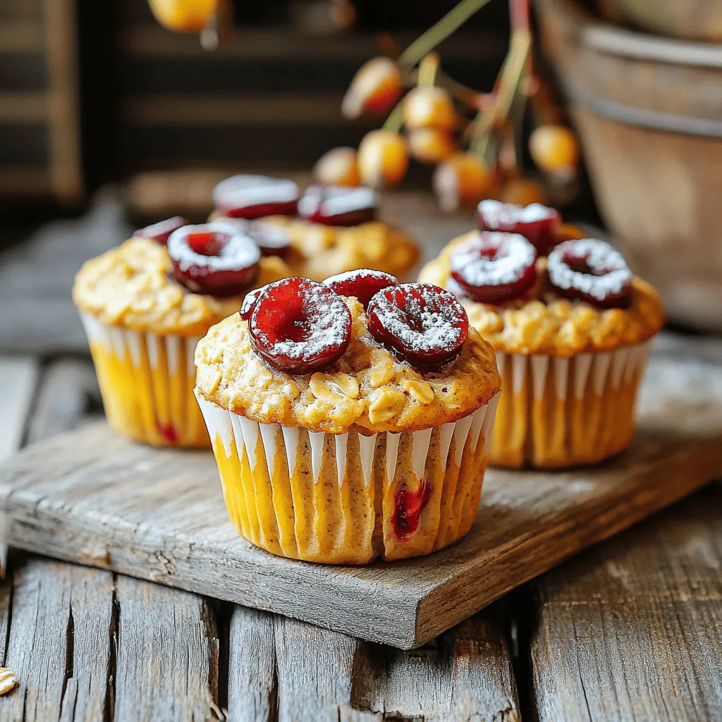 To make Cherry Oatmeal Protein Muffins, you need the following ingredients: - 1 cup rolled oats - 1 cup almond milk (or any milk of choice) - 1/2 cup Greek yogurt - 1/4 cup honey or maple syrup - 1/2 cup vanilla protein powder - 1 cup fresh or frozen cherries, pitted and halved - 1/2 teaspoon baking powder - 1/2 teaspoon baking soda - 1 teaspoon cinnamon - 1/4 teaspoon salt - 2 large eggs - 1 teaspoon vanilla extract Each ingredient plays a role in making these muffins tasty and healthy. The oats add fiber and texture. Almond milk keeps them moist. Greek yogurt boosts protein while adding creaminess. Honey or maple syrup gives natural sweetness. Vanilla protein powder adds more protein and flavor. Cherries add a burst of fruity goodness. The baking powder and baking soda help the muffins rise. Cinnamon brings warmth and spice, while salt balances the flavors. The eggs help bind everything together. You can add a few extra ingredients for more flavor. Consider: - Chopped nuts like walnuts or almonds for crunch. - Dark chocolate chips for a sweet twist. - A splash of almond or coconut extract for depth. - Zest from lemon or orange for a fresh zing. Feel free to mix and match these optional ingredients. They can make your Cherry Oatmeal Protein Muffins even more exciting! For the full recipe, check the detailed instructions above. Start by preheating your oven to 350°F (175°C). This step is key for even baking. While the oven warms up, prepare your muffin tin. You can either line it with paper liners or spray it with cooking spray. This helps the muffins come out easily after baking. In a large bowl, add the rolled oats and almond milk. Let this mix sit for about 10 minutes. This softens the oats and makes them fluffy. After that, stir in the Greek yogurt, honey or maple syrup, eggs, and vanilla extract. Mix these until they blend well. Each wet ingredient adds moisture and flavor to the muffins. In another bowl, whisk together the protein powder, baking powder, baking soda, cinnamon, and salt. This step is important to distribute the baking agents evenly. This helps your muffins rise and gives them a nice flavor. Now, gradually add the dry mix to the wet mix, stirring gently. Be careful not to overmix; you just want them combined. Next, fold in the halved cherries. This gives each bite a sweet burst of flavor. Spoon the batter into the muffin tin, filling each cup about 3/4 full. Bake them in the oven for 18-20 minutes. You can check if they’re done by inserting a toothpick in the center. If it comes out clean, they are ready! Once baked, let the muffins cool in the tin for 5 minutes. This helps them set properly. After that, transfer them to a wire rack to cool completely. For a nice touch, serve the muffins warm or at room temperature. You can also dust them with a sprinkle of powdered sugar or add extra fresh cherries on top for a pretty finish. For the full recipe, refer to the beginning of the article. To make your Cherry Oatmeal Protein Muffins moist, follow these tips: - Use fresh ingredients: Fresh fruits and dairy give better moisture. - Don’t overmix the batter: Mix until just combined. Overmixing makes muffins tough. - Add yogurt: Greek yogurt adds creaminess and moisture to the muffins. - Let oats soak: Soaking oats in almond milk softens them and keeps muffins moist. Baking can be tricky. Here are some common mistakes to avoid: - Wrong oven temperature: Always preheat your oven to 350°F (175°C). This ensures even baking. - Not measuring ingredients: Use measuring cups for accuracy. This helps the muffins rise properly. - Skipping the cooling step: Let muffins cool in the tin for five minutes. This prevents sogginess. - Using stale ingredients: Check expiration dates on baking powder and protein powder. Fresh ingredients matter. Toppings can make your muffins stand out. Here are some ideas: - Powdered sugar: A sprinkle on top adds sweetness and looks nice. - Fresh cherries: Add halved cherries on top before baking for a fruity touch. - Nuts or seeds: Chopped nuts or seeds add crunch. They also boost nutrition. - Cinnamon sprinkle: A light dusting of cinnamon before baking adds warmth and flavor. For the complete recipe, check the Full Recipe section. Enjoy your baking! {{image_2}} You can swap cherries for other fruits easily. Blueberries, raspberries, or diced apples work well. Each fruit brings its own taste and nutrition. For example, blueberries add a sweet burst. Apples provide a nice crunch. Feel free to experiment with whatever fruit you love. This helps keep your muffins fun and exciting. To make these muffins gluten-free, choose gluten-free oats. Check the label to ensure they are certified. You can also use almond flour instead of regular flour. This adds a lovely nutty flavor. It is important to adjust the liquid, as almond flour absorbs more moisture. Your muffins will still be soft and tasty. You can boost nutrition by adding nuts or seeds. Chopped walnuts or almonds add a nice crunch. Sunflower seeds or chia seeds offer extra protein and fiber. Simply mix in about 1/4 cup of your choice into the batter. This not only adds texture but also makes your muffins more filling. Plus, it’s a great way to sneak in healthy fats. If you want to see the full recipe, check it out here: [Full Recipe]. To keep your cherry oatmeal protein muffins fresh, store them in an airtight container. Place a piece of parchment paper between layers to avoid sticking. These muffins stay fresh for about three days at room temperature. If you want them to last longer, consider refrigeration. They can stay good for up to a week in the fridge. Freezing muffins is a great way to save them for later. Allow the muffins to cool completely. Wrap each muffin tightly in plastic wrap or aluminum foil. Then, place them in a freezer bag. Be sure to remove as much air as possible before sealing. These muffins can last for up to three months in the freezer. When you are ready to eat them, just thaw them in the fridge or at room temperature. Reheating your muffins can bring back their fresh-baked taste. If they are frozen, let them thaw first. You can reheat them in the microwave for about 20-30 seconds. For a crispier texture, use an oven. Preheat the oven to 350°F (175°C) and heat them for about 5-10 minutes. Enjoy them warm, maybe with a touch of honey or a dollop of yogurt for extra flavor. For the full recipe, check out the complete guide on making these delicious muffins. Yes, you can use frozen cherries. They work just as well as fresh ones. Just make sure to thaw and drain them first. This avoids extra moisture in your muffins. Frozen cherries will add a nice burst of flavor. To make these muffins vegan, you can replace the eggs with flax eggs. Mix one tablespoon of flaxseed meal with three tablespoons of water per egg. Use a non-dairy yogurt instead of Greek yogurt. You can also choose maple syrup or agave syrup for sweetness. The protein comes mainly from the vanilla protein powder and Greek yogurt. Both ingredients add a good amount of protein to each muffin. This helps make them filling and great for a post-workout snack. These muffins last about four to five days at room temperature. Store them in an airtight container to keep them fresh. You can also refrigerate them for up to a week. Just let them come to room temperature before enjoying. Yes, you can substitute Greek yogurt with unsweetened applesauce or silken tofu. Both options will add moisture without changing the flavor much. Just keep in mind that the texture may vary slightly. For a creamy feel, use a dairy-free yogurt alternative. For the full recipe, check out the complete details above. You’ve learned how to make tasty Cherry Oatmeal Protein Muffins. We covered the ingredients, step-by-step instructions, and tips for success. You also discovered fun variations to try. Remember, keeping your muffins moist and flavorful is key. Experiment with different fruits and toppings to find your favorite. Store them properly to enjoy later. With these tips, you’ll bake delicious muffins every time. Get ready to impress your family and friends with your baking skills!