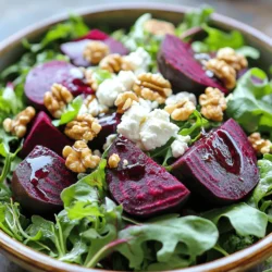 - Fresh beets - Mixed salad greens - Goat cheese and nuts For this salad, fresh beets are key. They add a lovely sweetness and color. I use four medium-sized beets. Scrub them clean to remove dirt. Next, mixed salad greens bring texture and flavor. A mix of arugula, spinach, and kale works well. Finally, goat cheese adds creaminess and tang. I also like to sprinkle in some toasted walnuts for crunch. - Balsamic vinegar and olive oil - Dijon mustard and honey I create a simple dressing to enhance the salad. I mix equal parts balsamic vinegar and olive oil. This combo brings a nice balance of acidity and richness. I add a tablespoon of Dijon mustard for a little kick. Honey gives the dressing sweetness. Together, these ingredients form a smooth and tasty dressing. - Fresh herbs and additional toppings To finish the salad, I like to add fresh herbs. Basil or parsley adds a bright touch. You can also try different toppings like pomegranate seeds or sliced apples. These extras can give new flavors and make the dish pop. For the full recipe, you can check the details I provided earlier. Roasting the beets Roasting beets brings out their sweet flavor. Start by preheating your oven to 400°F (200°C). Wrap each scrubbed beet in foil and place them on a baking sheet. Roast for 45 to 60 minutes. To test, poke them with a fork. When tender, they are done. Cooling and peeling the beets Once roasted, let the beets cool. After cooling, you can easily peel them. The skin should slide off with a gentle rub. Cut the beets into wedges and set them aside. Method for toasting Toasting walnuts adds a great crunch. Heat a dry skillet over medium heat. Add the walnuts and stir them often. Toast for about 5 to 7 minutes, or until they turn golden brown. Be careful not to burn them. Once done, set them aside to cool. Whisking the ingredients Now it’s time for the dressing. In a small bowl, whisk together balsamic vinegar, olive oil, Dijon mustard, honey, salt, and pepper. Keep whisking until the mixture is well combined and emulsified. This dressing will enhance the salad's flavors. Combining greens, beets, cheese, and walnuts In a large bowl, toss the mixed salad greens with half of the dressing. This helps coat the greens evenly. Next, divide the dressed greens onto plates or a serving platter. Top each plate with roasted beet wedges, crumbled goat cheese, and toasted walnuts. Drizzle the remaining dressing over the top. Add extra salt and pepper if you like. Finish with fresh herbs for color and flavor. For the full recipe, check out the details provided earlier. To check if your beets are done, insert a fork into one. If it goes in easily, they are ready. Roasting the beets at 400°F makes them sweet and tender. Remember, roasting can take 45 to 60 minutes. Smaller beets cook faster, so keep an eye on them. You can change the dressing to fit your taste. Want a zestier kick? Add a splash of lemon juice or some zest. You can also swap honey for maple syrup for a vegan option. If you like a bit of heat, try adding a pinch of red pepper flakes. Each twist gives the salad a fresh vibe. Serving is key to impressing your guests. Use shallow bowls to show off the salad's bright colors. You can also layer the ingredients on a large platter. For extra flair, sprinkle some edible flowers on top. A drizzle of balsamic reduction can add a gourmet touch. Try to make it look as good as it tastes! {{image_2}} You can switch up the flavors in your salad by adding fruits. Oranges and pears work great. The citrus from oranges adds a nice zing. Pears bring a sweet and soft touch. Try using seasonal fruits for a fresh twist. If you don't have goat cheese, don't worry. Feta cheese makes a good alternative. It has a similar creaminess but a saltier bite. You could also use blue cheese for a stronger flavor. Each cheese brings its own charm to the dish. To make a vegan version, swap out the goat cheese for avocado or hummus. Both options add creaminess without dairy. You can also use a vegan dressing made with tahini or cashew cream. This way, everyone can enjoy a tasty and healthy salad! For the full recipe, check [Full Recipe]. To keep your salad fresh, store it in an airtight container. This way, it stays crunchy and tasty. You can layer the ingredients. First, place the beets at the bottom. Then add the goat cheese and walnuts. Finally, put the greens on top. This method helps prevent sogginess. You can also keep the dressing separate. It will stay fresh longer. Just remember to use it within three days for the best taste. You can prepare some salad parts ahead of time. Roast the beets early in the day. Once they cool, store them in the fridge. They will be ready when you need them. You can also wash and dry the salad greens. Keep them in a clean, dry bag. It will help them stay crisp. I like to toast walnuts ahead too. They add a nice crunch. Just store them in a sealed jar. This way, you can whip up the salad quickly. For the dressing, mix it in advance. Keep it in the fridge in an airtight jar. Shake it well before using. This method makes meal prep easy and fun. For the full recipe, check out the details provided. To prepare beets, start by cleaning them. Scrub each beet under running water. Remove any dirt or grit. Next, wrap each beet in foil. Place them on a baking sheet. Roast the beets in a preheated oven at 400°F (200°C). Roast for 45-60 minutes. They are done when a fork pierces them easily. Let the beets cool before peeling. The skin should come off easily. Finally, cut the beets into wedges for your salad. Yes, you can use canned beets. Canned beets are already cooked and ready to eat. They save time and effort in the kitchen. However, they may lack the earthy taste of fresh beets. Canned beets can also be softer in texture. If you choose canned, rinse them under water to reduce excess salt. Use them in a pinch, but fresh beets are best for flavor. This salad pairs well with many side dishes. Consider serving it with crusty bread or a light soup. A simple grilled chicken can also complement the flavors. For beverages, a crisp white wine suits this dish perfectly. Try a Sauvignon Blanc or a light rosé. Sparkling water with a lemon slice is a refreshing option too. This salad lasts about 2-3 days in the fridge. To keep it fresh, store it in an airtight container. The beets and greens may wilt over time. Keep the dressing separate until ready to serve. This helps maintain the salad's crispness. If you notice any changes in color or smell, it’s best to discard it. Enjoy your salad at its best! Roasted beet and goat cheese salad combines fresh beets, greens, and tasty nuts. The balsamic dressing adds a sweet touch. You can customize with herbs and other toppings, giving it a personal spin. Remember to check your beets while roasting for the best texture. This salad is versatile, so try seasonal swaps or go vegan if you prefer. Store leftovers properly to keep everything fresh. Enjoy making this dish your own! It's easy, fun, and delicious.