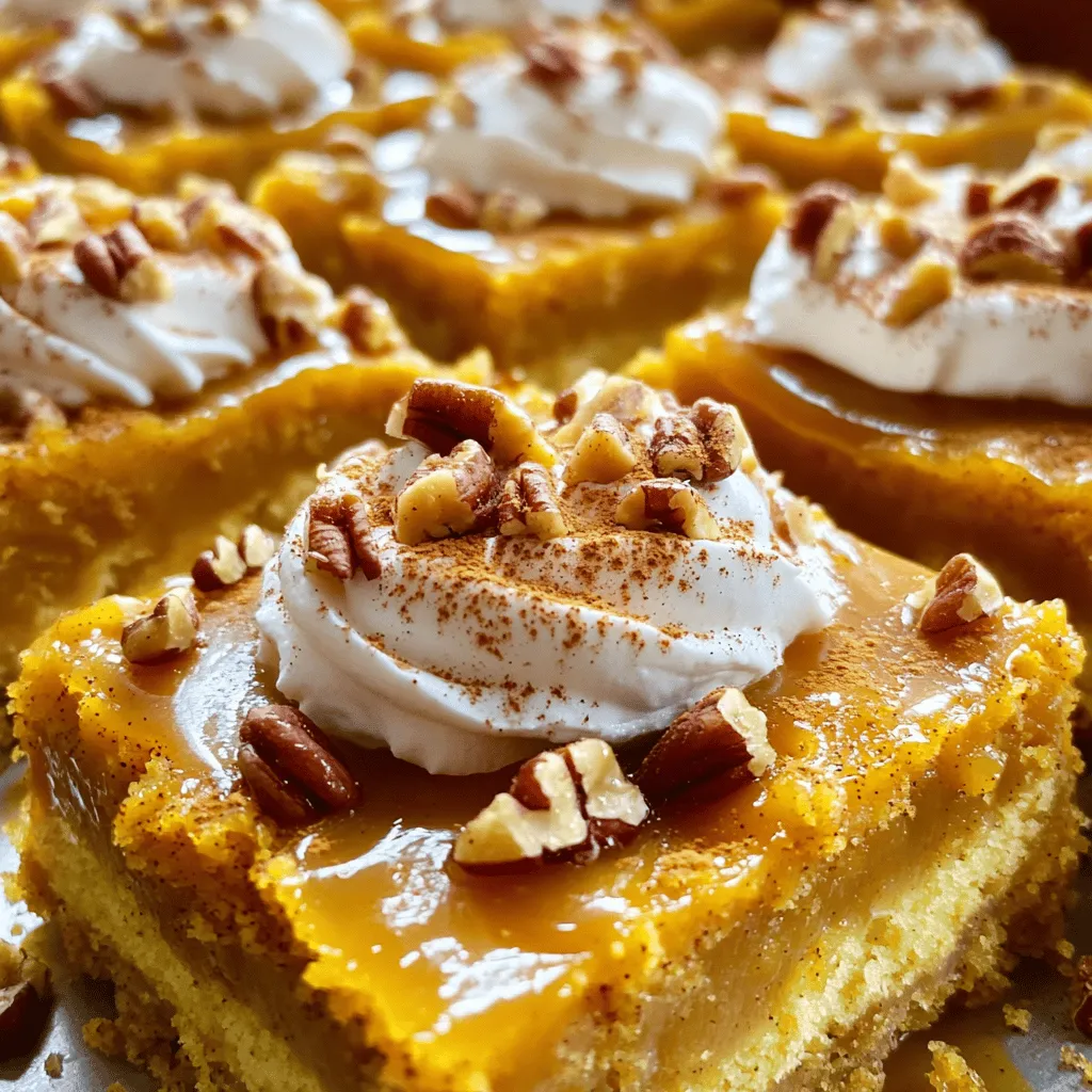 - 1 box yellow cake mix - 1 cup canned pumpkin puree - 1 cup milk - 3 large eggs - 1 tablespoon pumpkin pie spice - 1 teaspoon vanilla extract - 1 cup caramel sauce (divided) - 1 cup whipped topping - 1/2 cup chopped pecans (optional) - Additional pumpkin pie spice for garnish The ingredients for this caramel pumpkin poke cake are simple yet full of flavor. The yellow cake mix gives a light base. The pumpkin puree adds moisture and a rich taste. Milk helps keep the cake soft. Eggs bind everything together, while pumpkin pie spice brings warmth and sweetness. Caramel sauce is key for that gooey poke effect. Whipped topping adds a creamy layer. Chopped pecans offer a nice crunch, but they're optional. You can also sprinkle more pumpkin pie spice for a lovely finish. You can switch the cake mix for any flavor you like. Chocolate or spice cake mixes work well, too. If you're dairy-free, use almond or soy milk instead of regular milk. If you can't find pumpkin puree, try using applesauce or mashed bananas. Each option gives a different twist to the cake. Feel free to mix and match to find your favorite! For more detailed steps on how to create this delightful dessert, check the Full Recipe. 1. First, preheat your oven to 350°F (175°C). This temperature is key for a moist cake. 2. Next, grease and flour a 9x13-inch baking pan. This step helps the cake release easily. 3. In a large mixing bowl, combine the yellow cake mix, pumpkin puree, milk, eggs, pumpkin pie spice, and vanilla extract. 4. Mix on medium speed until everything is smooth, about 2 minutes. This makes the batter light and fluffy. 5. Pour the batter into your prepared pan. Smooth the top with a spatula to even it out. 1. Place the cake in the preheated oven. Bake for 25-30 minutes. 2. Check for doneness by inserting a toothpick into the center. It should come out clean. If not, bake for a few more minutes. 1. After baking, let the cake cool in the pan for about 10 minutes. This helps it set. 2. Use the handle of a wooden spoon or a fork to poke holes all over the cake, about 1 inch apart. 3. Pour half of the caramel sauce evenly over the cake. This allows the cake to soak up that sweet flavor. 4. Allow the cake to cool completely on a wire rack for at least 1 hour. This step is crucial for the best taste. For the full recipe, you can refer to the earlier sections. Enjoy the process of making this delightful caramel pumpkin poke cake! To make the best poke cake, the holes matter. Use the handle of a wooden spoon or a fork to poke holes. Aim for about 1 inch apart. This helps the caramel soak in well. Poking too few holes means less caramel flavor in each bite. Next, pour the caramel sauce slowly. Start at one side and move across. This way, the sauce spreads evenly. It will seep into the holes better, giving you a moist cake. If you rush, some parts may miss out on that delicious caramel. When it's time to serve, presentation is key. Cut the cake into squares. Place each piece on a nice dessert plate. Drizzle extra caramel on top for a tasty look. If you like, sprinkle chopped pecans on each slice. This adds a nice crunch and a pop of flavor. Pair your cake with a warm drink. A cup of spiced apple cider or coffee works great. These drinks balance the sweetness of the cake. They make for a cozy fall treat. One common mistake is overmixing the batter. Mix just until the ingredients blend. Overmixing can make the cake dense. We want it light and fluffy. Another mistake? Not poking enough holes. If you skip this step, the caramel won't soak in well. You'll miss out on that sweet, gooey goodness. Make sure to poke holes all over for the best flavor. For the full recipe, check the [Full Recipe]. {{image_2}} You can easily change the taste of your cake. Adding chocolate chips gives a rich twist. The chocolate melts and mixes well with the pumpkin flavor. You can use dark or milk chocolate, depending on your taste. Another great option is to switch up the spices. Instead of just pumpkin pie spice, try cinnamon or nutmeg. You can even mix in a pinch of ginger for extra warmth. If you want a gluten-free cake, use a gluten-free cake mix. Many brands offer great options that taste fantastic. Just check the label to ensure it’s truly gluten-free. For a vegan version, substitute the eggs and milk. Use flax eggs and almond milk or oat milk instead. This way, everyone can enjoy this treat. Using fresh pumpkin can enhance the flavor. You can roast a pumpkin, scoop it out, and mash it. This gives a rich taste that canned pumpkin may lack. You can also add seasonal fruits like apples or pears. They add natural sweetness and a nice texture to the cake. These swaps make your cake even more special for fall gatherings. To keep your Caramel Pumpkin Poke Cake fresh, store it in the fridge. Use an airtight container to prevent drying out. If you have leftovers, you can also freeze it. Wrap the cake tightly in plastic wrap, then place it in a freezer bag. This helps keep it moist. In the fridge, this cake lasts about 4 to 5 days. Always check for signs of spoilage. If you see mold, or if the cake smells off, it's best to toss it. A dry texture is also a sign that it has gone bad. To reheat your poke cake, use the microwave for best results. Heat it in short bursts of about 10-15 seconds. This warms the cake without making it soggy. If you prefer the oven, set it to 350°F (175°C). Place the cake in for about 10 minutes. Keep an eye on it to avoid sogginess. Enjoy your delicious cake warm! For the full recipe, check the link above. Making this cake is easy. It takes about 20 minutes to prep. You bake it for 25 to 30 minutes. After baking, let it cool for an hour. So, the total time is about 2 hours. Yes, you can use homemade caramel sauce. To make it, melt sugar in a pot until it turns golden. Slowly add cream and stir until smooth. Use this warm sauce to soak into the cake. It adds a rich flavor! Yes, you can freeze this poke cake. Wrap it tightly in plastic wrap. Then place it in a freezer-safe bag. Thaw it in the fridge overnight before serving. The cake stays moist and tasty. If you want to skip the whipped topping, you have options. You can use homemade whipped cream. Just whip heavy cream with sugar until soft peaks form. Greek yogurt is another great choice. It gives a creamy texture and tangy taste. In this post, we explored how to make a delicious Caramel Pumpkin Poke Cake. You learned about the key ingredients and their substitutes. We covered the steps to prepare and bake the cake perfectly. I shared tips for serving and common mistakes to avoid. Lastly, I highlighted variations that fit different diets. With this guide, you can create a delightful dessert everyone will love. Enjoy your baking adventure and let each slice bring warmth and joy.